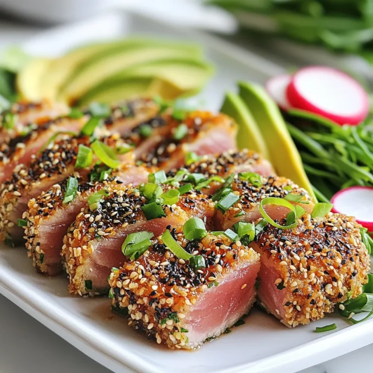 To make delicious sesame crusted tuna steaks, gather these main ingredients: - 4 fresh tuna steaks (approximately 6 oz each) - 1/4 cup sesame seeds (mix of white and black) - 2 tablespoons soy sauce - 2 tablespoons sesame oil - 1 teaspoon freshly grated ginger - 1 clove garlic, finely minced - Salt and freshly ground black pepper, to taste These fresh tuna steaks are the star of the dish. The sesame seeds bring a nice crunch and flavor. Soy sauce adds depth, while ginger and garlic give it a nice zing. You can elevate your dish with these optional garnishes and sides: - 2 green onions, thinly sliced (for garnish) - Slices of avocado - Thinly sliced radish These garnishes not only add color but also fresh flavors. The creamy avocado pairs well with the rich tuna, while the radish adds a crisp bite. Using the right cooking oil is key. I recommend sesame oil for its nutty flavor. It enhances the dish and complements the sesame seeds. You can also use other oils, like canola or avocado, if you prefer. Heat your skillet until the oil shimmers. This ensures a great sear. A good sear locks in moisture and keeps the tuna tender. Now you have all the essential ingredients and tips to start your sesame crusted tuna steaks! {{ingredient_image_2}} To start, you need to make the marinade. Grab a small bowl and add these ingredients: - 2 tablespoons soy sauce - 2 tablespoons sesame oil - 1 teaspoon freshly grated ginger - 1 clove garlic, finely minced - A pinch of salt - A dash of black pepper Whisk everything together until it blends well. This mixture gives the tuna a great flavor. Next, take your fresh tuna steaks. You should have four, each about 6 ounces. Place them in a shallow dish made of glass or ceramic. Pour the marinade over the tuna so each piece gets coated evenly. Cover the dish and pop it in the fridge. Let it sit for 15 to 20 minutes. This will let the flavors soak in. While the tuna is marinating, prepare to coat it. Spread your sesame seeds on a shallow plate. After marinating, take the tuna out of the fridge. Let any extra marinade drip off. Now, press each steak into the sesame seeds. Make sure both sides are well coated. Now it's time to cook! Heat a non-stick skillet over medium-high heat and add 1 tablespoon of sesame oil. Wait until the oil shimmers. Place the sesame-crusted tuna steaks in the hot skillet. Sear each side for 1 to 2 minutes if you like it rare. For a more well-done steak, cook for an extra minute. Once cooked, remove the tuna and let it rest for 1 minute. This step helps keep the juices inside. Finally, slice the tuna into thin strips. This helps show off that beautiful crust. Arrange the slices on a plate and garnish with green onions. You can also add avocado and radish for extra flair. Enjoy your delicious sesame crusted tuna steaks! To get that perfect sesame crust, choose a mix of white and black sesame seeds. This mix not only looks great but also adds depth to the flavor. When coating the tuna, press the steaks into the seeds firmly. Make sure to cover both sides well. This step ensures the seeds stick during cooking. A good crust adds a nice crunch and flavor contrast to the tender fish. Searing tuna steaks needs careful timing. Heat your skillet until the oil shimmers. This indicates it's hot enough. For rare tuna, sear each side for just 1-2 minutes. If you like it more well-done, add an extra minute. The center should remain pink, giving it that fresh taste. Remember, overcooking can dry out the fish. It’s better to undercook slightly than to ruin the texture. Having the right tools makes cooking easier. Here’s what you need for this recipe: - Non-stick skillet - Shallow dish for marinating - Shallow plate for sesame seeds - Whisk for mixing marinade - Sharp knife for slicing tuna - Serving plate for presentation These tools will help you prepare and serve your sesame crusted tuna steaks effortlessly. Pro Tips Choosing Fresh Tuna: Look for bright red color and a firm texture when selecting tuna steaks. Freshness is key to achieving the best flavor and texture. Marination Time: Marinating the tuna for just 15-20 minutes is ideal; longer can alter the delicate texture of the fish. Keep it simple to enhance the natural flavors. Searing Technique: Ensure your skillet is hot before adding the tuna to achieve a perfect sear. This helps to lock in the juices and create a crispy sesame crust. Resting Period: Allowing the tuna to rest for a minute after cooking helps retain moisture and enhances the overall juiciness of each slice. {{image_4}} You can change the flavor of your tuna steaks easily. Try different marinades to make it fun. For a zesty twist, mix lime juice and honey with soy sauce. This adds a sweet and tangy kick. Another option is to use teriyaki sauce with sesame oil for a sweeter profile. If you love spice, add chili flakes to your soy sauce mix. This will give your tuna a nice heat. You don’t have to stick to just searing. Grilling the tuna steaks adds a smoky flavor. Heat your grill to medium-high and place the steaks directly on the grates. Cook for about 2-3 minutes per side. Baking is another great option. Preheat your oven to 400°F. Place the coated tuna on a baking sheet and bake for 10 minutes. This method gives a tender finish without much fuss. Pair your sesame crusted tuna with fresh sides. A simple cucumber salad adds crunch and freshness. You can also serve it with jasmine rice for a filling meal. For a colorful plate, add roasted veggies like carrots or bell peppers. If you want a bit more flair, try avocado slices and radishes. They not only look nice but also add great flavor. Store leftover tuna steaks in an airtight container. Make sure to let them cool down first. Place them in the fridge within two hours of cooking. They can stay fresh for 1 to 2 days. If you want to keep them longer, consider freezing. To reheat tuna steaks, use a skillet. Heat it on low heat to avoid overcooking. Add a splash of water or broth to keep them moist. Cook for about 2 to 3 minutes on each side. You can also use a microwave. Heat on low power in 30-second intervals until warm. For freezing, wrap tuna steaks tightly in plastic wrap. Then, place them in a freezer bag. Remove as much air as possible to prevent freezer burn. They can be frozen for up to 3 months. When ready to use, thaw in the fridge overnight before reheating. This helps keep their texture and flavor intact. The best way to cook tuna steaks is by searing them. Searing gives the tuna a nice crust while keeping the center pink and tender. Heat a non-stick skillet over medium-high heat and add a bit of oil. Sear the tuna for 1-2 minutes on each side for a rare finish. If you prefer it more cooked, add an extra minute per side. This method locks in flavors and keeps the fish moist. Yes, you can prepare sesame crusted tuna in advance. Marinate the tuna steaks ahead of time and coat them with sesame seeds. Store them in the fridge until you’re ready to cook. It’s best to cook them fresh for optimal taste and texture. However, marinating them a few hours before cooking enhances the flavors. To check if tuna steaks are done, look for a pink center. Use a sharp knife to cut into the steak. If it is light pink, it is rare. For medium, look for a slightly opaque center. The outside should show a nice sear. Always trust your senses; the smell and texture will guide you as well. Cooking times can vary, so keep an eye on them! This blog post covered how to make delicious sesame crusted tuna steaks. We explored key ingredients, cooking techniques, and helpful tips to perfect your dish. Remember to experiment with marinades and sides to suit your taste. Proper storage can keep leftovers fresh for later enjoyment. With these steps, you can make a meal that impresses everyone. Get ready to enjoy your tasty creation next time you cook!