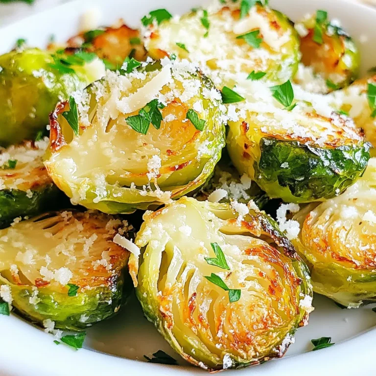 To make Air Fryer Garlic Parm Brussels, you'll need a few simple items. Here’s the list: - 1 lb Brussels sprouts, trimmed and halved - 3 tablespoons extra virgin olive oil - 4 cloves garlic, finely minced - 1/2 teaspoon sea salt - 1/4 teaspoon freshly cracked black pepper - 1/4 teaspoon red pepper flakes (optional) - 1/3 cup freshly grated Parmesan cheese - 2 tablespoons fresh parsley, finely chopped These ingredients come together to create a dish that is both crispy and full of flavor. The Brussels sprouts get their crunch from the air fryer, while the garlic and Parmesan add a rich taste. The olive oil helps the sprouts brown nicely. If you like some heat, the red pepper flakes give a nice kick. I love using fresh parsley as a garnish; it adds a pop of color and a fresh taste. Make sure to measure everything before you start cooking. This way, you will have a smooth process and enjoy your time in the kitchen! {{ingredient_image_2}} First, set your air fryer to 375°F (190°C). This step is key. It ensures your Brussels sprouts cook evenly and get crispy. In a large bowl, add 1 pound of trimmed and halved Brussels sprouts. Drizzle in 3 tablespoons of extra virgin olive oil. Next, add 4 cloves of finely minced garlic, 1/2 teaspoon of sea salt, and 1/4 teaspoon of freshly cracked black pepper. If you like heat, toss in 1/4 teaspoon of red pepper flakes. Mix everything well. Make sure each Brussels sprout is coated fully. Carefully place the coated Brussels sprouts in the air fryer basket. Lay them out in a single layer. This helps with air flow. Avoid overcrowding the basket. Set the timer for 15 minutes. Halfway through, shake the basket gently. This helps them cook evenly and become nice and crispy. After 15 minutes, take the basket out. Sprinkle 1/3 cup of freshly grated Parmesan cheese over the Brussels sprouts. Return the basket to the air fryer. Cook for another 2 to 3 minutes. You want the cheese to melt and turn slightly golden. Once done, carefully transfer the Brussels sprouts to a serving dish. They will be hot, so be careful. For a nice touch, sprinkle 2 tablespoons of finely chopped fresh parsley on top. This adds color and flavor. For an extra pop, you can serve them on a rustic wooden board or a bright plate, maybe even with a lemon wedge on the side! To get those perfect crispy Brussels sprouts, don't overcrowd your air fryer basket. When sprouts are packed too tightly, they can steam instead of fry. This keeps them soft and soggy. Instead, try to arrange them in a single layer. If you need to cook more, do it in batches. This way, each sprout gets ample hot air, leading to a crunchy, golden finish. You can easily customize the flavor of your Brussels sprouts. Add your favorite spices to the mix. For a smoky flavor, try adding smoked paprika. For a zesty kick, squeeze some lemon juice before serving. You can adjust the heat by changing the amount of red pepper flakes. Don't be afraid to experiment! The key is to find the balance that you love. Sometimes, your Brussels sprouts may come out undercooked or overcooked. If they are undercooked, simply add a few more minutes to the cooking time. Shake the basket halfway through to ensure even cooking. If they are overcooked, check your air fryer’s temperature. It might be running hot. Reducing the temperature slightly can help achieve that perfect texture. Remember, every air fryer is a little different, so adjust as needed! Pro Tips Choose Fresh Brussels Sprouts: Opt for bright green, firm Brussels sprouts without any yellowing or blemishes for the best flavor and texture. Don't Skip the Preheating: Preheating the air fryer ensures even cooking and helps achieve that desired crispy exterior. Experiment with Seasonings: Feel free to customize the seasoning by adding your favorite herbs or spices to elevate the flavor profile. Serve Immediately: For the best taste and texture, serve the Brussels sprouts hot and fresh from the air fryer. {{image_4}} You can easily make this dish heartier by adding protein. For a smoky flavor, try incorporating crispy bacon. Simply cook the bacon until crispy, chop it, and mix it with the Brussels sprouts before air frying. If you prefer chicken, cube some cooked chicken and toss it in with the Brussels sprouts. This adds protein and makes the dish more filling. If you want a plant-based version, you can skip the cheese. Instead of Parmesan, try nutritional yeast for a cheesy flavor without dairy. You can also use vegan cheese if you like. Both options keep the dish rich in taste while making it vegan-friendly. Want to switch up the flavors? Experiment with different herbs and spices. Try adding thyme or rosemary for a fresh taste. You can also use smoked paprika for a warm, smoky flavor. A squeeze of lemon before serving brightens everything up. These small tweaks can create a new experience with every meal. To store your leftover Brussels sprouts, let them cool first. Place them in an airtight container. This will keep them fresh for up to four days in the fridge. If you want to keep them longer, consider freezing. To reheat Brussels sprouts and keep them crispy, I recommend using the air fryer. Set it to 350°F (175°C) and cook for about five minutes. This method helps retain their crunch. You can also use an oven at the same temperature, but the air fryer works best. If you want to freeze Brussels sprouts, first blanch them in boiling water for two minutes. Then, cool them in ice water. Drain well and place them in a freezer-safe bag. They can last for up to three months. When you're ready to use them, thaw overnight in the fridge before reheating. Yes, you can use frozen Brussels sprouts. However, frozen sprouts have more water. This can cause them to steam instead of crisping up. To fix this, thaw and drain them first. Pat them dry with a towel. Then, follow the same steps in the recipe. You may need to adjust the cooking time by a few minutes. Keep a close eye on them to get that perfect crisp. Garlic Parmesan Brussels sprouts pair well with many dishes. Here are some ideas: - Grilled chicken for a hearty meal - Salmon for a fresh, rich flavor - Quinoa or rice for a healthy base - A simple salad for a light side - Pasta for a filling option These sides balance the rich flavor of the Brussels sprouts. If you want more heat, add extra red pepper flakes. You can also try these options: - Use hot sauce for a quick kick - Add diced jalapeños for fresh heat - Mix in a pinch of cayenne pepper for warmth - Drizzle with sriracha before serving These suggestions will help you adjust the spice level to your taste. You learned to make tasty garlic Parmesan Brussels sprouts step by step. We covered ingredients, cooking techniques, and tips for the best results. Remember to not crowd the air fryer for that perfect crisp. You can also customize flavors or add protein for a new twist. Store leftovers well and reheat them for great taste later. Enjoy serving these dishes with your favorite sides. Try different herbs or spices for new flavors. Your cooking can be fun and delicious with this recipe.