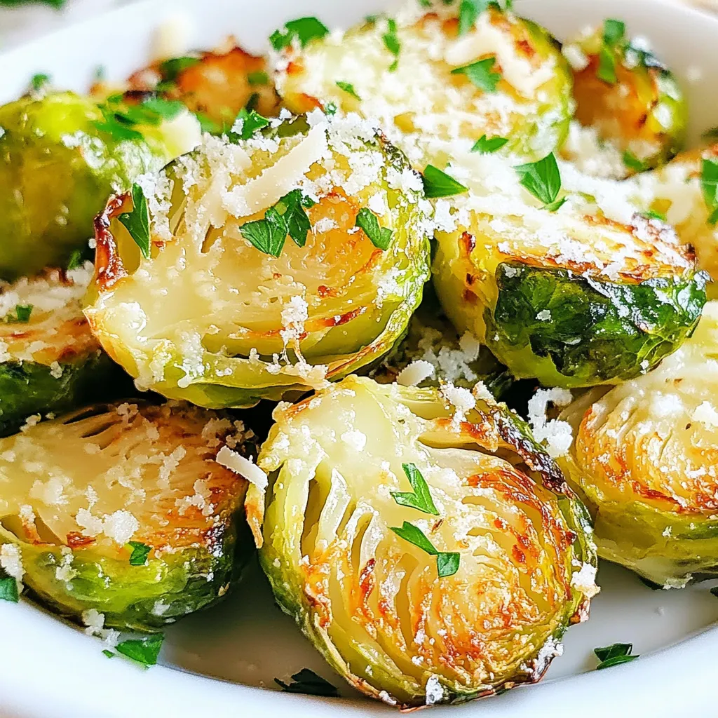 To make Air Fryer Garlic Parm Brussels, you'll need a few simple items. Here’s the list: - 1 lb Brussels sprouts, trimmed and halved - 3 tablespoons extra virgin olive oil - 4 cloves garlic, finely minced - 1/2 teaspoon sea salt - 1/4 teaspoon freshly cracked black pepper - 1/4 teaspoon red pepper flakes (optional) - 1/3 cup freshly grated Parmesan cheese - 2 tablespoons fresh parsley, finely chopped These ingredients come together to create a dish that is both crispy and full of flavor. The Brussels sprouts get their crunch from the air fryer, while the garlic and Parmesan add a rich taste. The olive oil helps the sprouts brown nicely. If you like some heat, the red pepper flakes give a nice kick. I love using fresh parsley as a garnish; it adds a pop of color and a fresh taste. Make sure to measure everything before you start cooking. This way, you will have a smooth process and enjoy your time in the kitchen! {{ingredient_image_2}} First, set your air fryer to 375°F (190°C). This step is key. It ensures your Brussels sprouts cook evenly and get crispy. In a large bowl, add 1 pound of trimmed and halved Brussels sprouts. Drizzle in 3 tablespoons of extra virgin olive oil. Next, add 4 cloves of finely minced garlic, 1/2 teaspoon of sea salt, and 1/4 teaspoon of freshly cracked black pepper. If you like heat, toss in 1/4 teaspoon of red pepper flakes. Mix everything well. Make sure each Brussels sprout is coated fully. Carefully place the coated Brussels sprouts in the air fryer basket. Lay them out in a single layer. This helps with air flow. Avoid overcrowding the basket. Set the timer for 15 minutes. Halfway through, shake the basket gently. This helps them cook evenly and become nice and crispy. After 15 minutes, take the basket out. Sprinkle 1/3 cup of freshly grated Parmesan cheese over the Brussels sprouts. Return the basket to the air fryer. Cook for another 2 to 3 minutes. You want the cheese to melt and turn slightly golden. Once done, carefully transfer the Brussels sprouts to a serving dish. They will be hot, so be careful. For a nice touch, sprinkle 2 tablespoons of finely chopped fresh parsley on top. This adds color and flavor. For an extra pop, you can serve them on a rustic wooden board or a bright plate, maybe even with a lemon wedge on the side! To get those perfect crispy Brussels sprouts, don't overcrowd your air fryer basket. When sprouts are packed too tightly, they can steam instead of fry. This keeps them soft and soggy. Instead, try to arrange them in a single layer. If you need to cook more, do it in batches. This way, each sprout gets ample hot air, leading to a crunchy, golden finish. You can easily customize the flavor of your Brussels sprouts. Add your favorite spices to the mix. For a smoky flavor, try adding smoked paprika. For a zesty kick, squeeze some lemon juice before serving. You can adjust the heat by changing the amount of red pepper flakes. Don't be afraid to experiment! The key is to find the balance that you love. Sometimes, your Brussels sprouts may come out undercooked or overcooked. If they are undercooked, simply add a few more minutes to the cooking time. Shake the basket halfway through to ensure even cooking. If they are overcooked, check your air fryer’s temperature. It might be running hot. Reducing the temperature slightly can help achieve that perfect texture. Remember, every air fryer is a little different, so adjust as needed! Pro Tips Choose Fresh Brussels Sprouts: Opt for bright green, firm Brussels sprouts without any yellowing or blemishes for the best flavor and texture. Don't Skip the Preheating: Preheating the air fryer ensures even cooking and helps achieve that desired crispy exterior. Experiment with Seasonings: Feel free to customize the seasoning by adding your favorite herbs or spices to elevate the flavor profile. Serve Immediately: For the best taste and texture, serve the Brussels sprouts hot and fresh from the air fryer. {{image_4}} You can easily make this dish heartier by adding protein. For a smoky flavor, try incorporating crispy bacon. Simply cook the bacon until crispy, chop it, and mix it with the Brussels sprouts before air frying. If you prefer chicken, cube some cooked chicken and toss it in with the Brussels sprouts. This adds protein and makes the dish more filling. If you want a plant-based version, you can skip the cheese. Instead of Parmesan, try nutritional yeast for a cheesy flavor without dairy. You can also use vegan cheese if you like. Both options keep the dish rich in taste while making it vegan-friendly. Want to switch up the flavors? Experiment with different herbs and spices. Try adding thyme or rosemary for a fresh taste. You can also use smoked paprika for a warm, smoky flavor. A squeeze of lemon before serving brightens everything up. These small tweaks can create a new experience with every meal. To store your leftover Brussels sprouts, let them cool first. Place them in an airtight container. This will keep them fresh for up to four days in the fridge. If you want to keep them longer, consider freezing. To reheat Brussels sprouts and keep them crispy, I recommend using the air fryer. Set it to 350°F (175°C) and cook for about five minutes. This method helps retain their crunch. You can also use an oven at the same temperature, but the air fryer works best. If you want to freeze Brussels sprouts, first blanch them in boiling water for two minutes. Then, cool them in ice water. Drain well and place them in a freezer-safe bag. They can last for up to three months. When you're ready to use them, thaw overnight in the fridge before reheating. Yes, you can use frozen Brussels sprouts. However, frozen sprouts have more water. This can cause them to steam instead of crisping up. To fix this, thaw and drain them first. Pat them dry with a towel. Then, follow the same steps in the recipe. You may need to adjust the cooking time by a few minutes. Keep a close eye on them to get that perfect crisp. Garlic Parmesan Brussels sprouts pair well with many dishes. Here are some ideas: - Grilled chicken for a hearty meal - Salmon for a fresh, rich flavor - Quinoa or rice for a healthy base - A simple salad for a light side - Pasta for a filling option These sides balance the rich flavor of the Brussels sprouts. If you want more heat, add extra red pepper flakes. You can also try these options: - Use hot sauce for a quick kick - Add diced jalapeños for fresh heat - Mix in a pinch of cayenne pepper for warmth - Drizzle with sriracha before serving These suggestions will help you adjust the spice level to your taste. You learned to make tasty garlic Parmesan Brussels sprouts step by step. We covered ingredients, cooking techniques, and tips for the best results. Remember to not crowd the air fryer for that perfect crisp. You can also customize flavors or add protein for a new twist. Store leftovers well and reheat them for great taste later. Enjoy serving these dishes with your favorite sides. Try different herbs or spices for new flavors. Your cooking can be fun and delicious with this recipe.