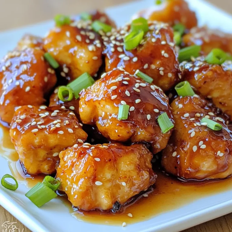 - 1 lb (450g) boneless chicken thighs, cut into bite-sized pieces - 3 tablespoons honey - 3 tablespoons low-sodium soy sauce - 2 tablespoons sesame oil - 4 cloves of garlic, finely minced - 1 tablespoon fresh ginger, finely grated - 1/4 cup cornstarch - 2 tablespoons vegetable oil (for frying) - Salt and pepper to taste To make this dish, you will need: - A large skillet - Mixing bowls - Whisk - Paper towels - Tongs or a spatula For a nice touch, consider these garnishes: - 1 tablespoon sesame seeds - 2 green onions, thinly sliced {{ingredient_image_2}} Start by taking a mixing bowl. Add 3 tablespoons of honey. Next, pour in 3 tablespoons of low-sodium soy sauce. Then, add 2 tablespoons of sesame oil. Now, finely mince 4 cloves of garlic and grate 1 tablespoon of fresh ginger. Toss them into the bowl. Whisk all the ingredients well until mixed. Set the honey garlic sauce aside for later. Take 1 pound of boneless chicken thighs and cut them into bite-sized pieces. Lightly season them with salt and pepper. Now, dust each piece with 1/4 cup of cornstarch. Make sure each piece is evenly coated. Heat 2 tablespoons of vegetable oil in a large skillet over medium-high heat. When the oil shimmers, add the chicken in a single layer. Fry until golden brown, about 5 to 7 minutes per side. If needed, fry in batches to avoid crowding. Once cooked, place the chicken on a paper towel-lined plate to drain excess oil. In the same skillet, pour in the honey garlic sauce you made earlier. Let it simmer over medium heat for about 2 to 3 minutes. Stir occasionally to keep it from sticking. When the sauce thickens slightly, lower the heat. Add the fried chicken back into the skillet. Gently toss the chicken to coat it well in the sauce. Remove from heat. Before serving, sprinkle sesame seeds and sliced green onions on top for added flavor and crunch. Enjoy your delicious honey garlic sesame chicken with fluffy rice and vegetables! To get the best flavor, use fresh garlic and ginger. These add a bright taste to the sauce. I also recommend low-sodium soy sauce. This keeps the dish from being too salty. Honey should be pure and natural. It gives a rich sweetness that balances the flavors. Coating the chicken in cornstarch is key for crispiness. Make sure every piece is covered well. Fry the chicken in batches. This helps avoid overcrowding the skillet. If the pieces touch, they won’t crisp up. When frying, look for a golden brown color. This shows they are cooked and crispy. For a pretty presentation, use a large platter. Place the chicken in the center and drizzle extra sauce on top. Garnish with sesame seeds and green onions for color. Serve with fluffy steamed rice and stir-fried veggies. This makes the meal colorful and complete. Pro Tips Use Fresh Ingredients: Fresh garlic and ginger significantly enhance the flavor of the sauce, making your dish more aromatic and delicious. Don't Skip the Cornstarch: Coating the chicken in cornstarch before frying will give it a crispy texture that holds up well against the sauce. Adjust the Sweetness: Feel free to modify the amount of honey in the sauce to cater to your personal taste for sweetness. Garnish for Appeal: Adding extra sesame seeds and green onions not only enhances the presentation but also adds texture and flavor. {{image_4}} You can easily switch the chicken for other proteins. Try using shrimp for a quick cook. Pork tenderloin works well too; just adjust the cooking time. Tofu is a great choice for a plant-based meal. Cut it into cubes and press out the water before cooking. For a vegetarian or vegan version, use firm tofu or tempeh. Marinate it in the honey garlic sauce for extra flavor. You can also use chickpeas for a protein-packed option. Just toss them in the sauce and bake until crispy. If you like heat, add red pepper flakes to the sauce. Sriracha also works well; just mix in a teaspoon or two. For a deeper heat, try fresh sliced chili peppers. Adjust the amount to suit your taste. Spice can elevate the dish to new levels! To store your leftover Honey Garlic Sesame Chicken, let it cool first. Place it in an airtight container. Ensure you keep it in the fridge. It will stay fresh for about three to four days. If you want to keep it longer, consider freezing it. When it's time to reheat, I recommend using a skillet. Heat it over medium-low heat. Add a splash of water or broth to keep the chicken moist. Stir occasionally until heated through. You can also use a microwave, but it may not keep the chicken crispy. If you want to freeze the chicken, use a freezer-safe bag. Remove as much air as possible before sealing. You can freeze it for up to three months. When ready to eat, thaw it in the fridge overnight before reheating. This way, you can enjoy its sweet and savory flavors again! You can serve Honey Garlic Sesame Chicken with several tasty sides. Fluffy white rice or jasmine rice is a great choice. It soaks up the sweet sauce perfectly. You can also pair it with steamed broccoli or mixed stir-fried vegetables. These add color and nutrition to your meal. For extra crunch, try a side of crispy spring rolls or a fresh salad. These options make your dinner both filling and fun. You can store leftovers in the fridge for up to three days. Make sure to put the chicken in an airtight container. This helps keep it fresh and tasty. If you want to enjoy it later, it’s best to eat it within this time frame. This way, you can savor the flavors and avoid waste. Yes, you can make this dish in advance! You can prepare the honey garlic sauce and cook the chicken ahead of time. Just store them separately in the fridge. When ready to serve, reheat the chicken and toss it in the warm sauce. This saves time on busy nights and allows the flavors to meld even more. Enjoy your delicious meal! Honey Garlic Sesame Chicken is a simple, tasty dish with great flavors. You learned the key ingredients, how to cook the chicken, and the best tips for serving. I shared variations to fit your taste and gave storage tips for leftovers. Remember, you can easily adapt this recipe to enjoy different options. Cooking is about fun and creativity. Enjoy making this dish and share it with family and friends!