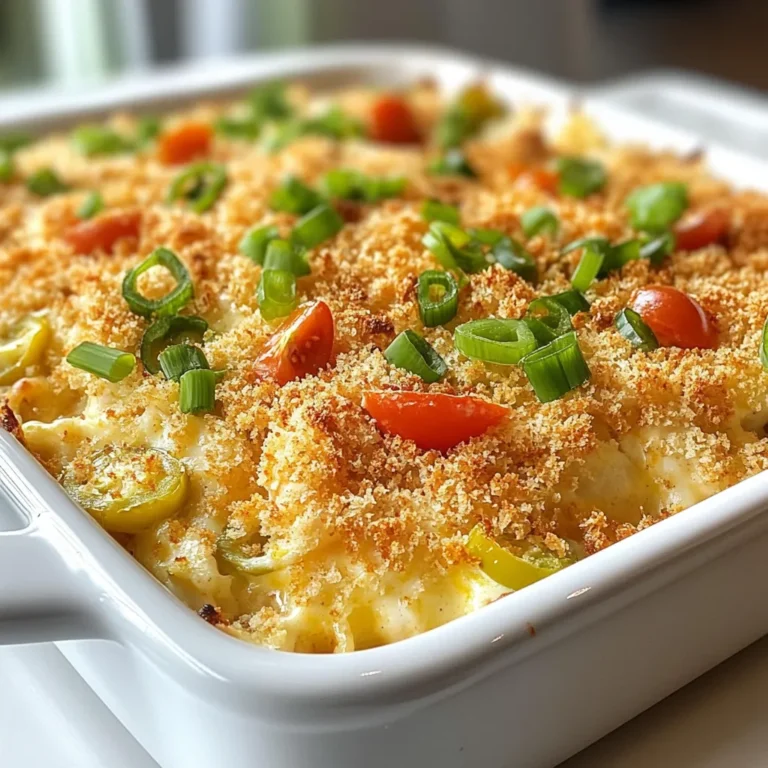 For this dish, you will need: - 2 cups cooked chicken, shredded - 1 cup cream cheese, softened - 1 cup shredded sharp cheddar cheese - 1/2 cup diced jalapeños, fresh or pickled - 1/2 cup sour cream - 1/2 cup panko breadcrumbs - 1 tablespoon garlic powder - 1 tablespoon onion powder - 1 teaspoon smoked paprika - Salt and freshly ground black pepper - 2 tablespoons olive oil - 1/4 cup green onions, thinly sliced You can add these for a twist: - 1/2 cup diced tomatoes, for freshness To enhance the flavor, I suggest using: - Garlic powder and onion powder for depth - Smoked paprika for a subtle smokiness - A sprinkle of salt and black pepper to taste - Panko breadcrumbs create a crispy topping - Green onions for a bright finish {{ingredient_image_2}} First, make sure your oven is hot. Preheat it to 350°F (175°C). Grease a 9x13 inch casserole dish with olive oil. This keeps the casserole from sticking. A light coat works great and helps with clean-up. In a big bowl, mix the softened cream cheese and shredded chicken. Add the sharp cheddar cheese, diced jalapeños, and sour cream. Use a spatula or wooden spoon to blend until smooth. Make sure all the ingredients are well mixed. This is where the flavors come together. Next, add garlic powder, onion powder, smoked paprika, and a pinch of salt and pepper. Stir well again to combine everything. Once your chicken filling is ready, transfer it to the greased casserole dish. Spread it evenly across the bottom. In another bowl, mix the panko breadcrumbs with a splash of olive oil. This gives them a nice crunch. Sprinkle the breadcrumb mix over the chicken filling. If you want, add diced tomatoes on top for color and taste. Now, it's time to bake! Place the casserole in your preheated oven. Bake for 25 to 30 minutes. Keep an eye on it until the top turns golden brown and bubbly. Once done, carefully take it out of the oven. Let it cool for a few minutes before serving. Top with sliced green onions for a fresh touch. To make your filling extra creamy, start with soft cream cheese. This makes it easy to mix. Combine it well with shredded chicken and sour cream. If you want more creaminess, add a bit more sour cream. You can also try using a mixer for a smoother texture. Mixing by hand works too, but it takes a bit longer. Ensure all ingredients are at room temperature. This helps them blend without lumps. For that crunchy top, use panko breadcrumbs. They give the best texture. Before adding them, coat them lightly with olive oil. This way, they brown nicely in the oven. Spread the panko evenly over the casserole. If you want more crunch, you can mix in some grated cheese with the breadcrumbs. Bake until the top is golden brown and bubbling. Keep an eye on it, so it doesn’t burn. Serving is just as fun! Bring the casserole straight from the oven to the table. Garnish with fresh green onions for color. If you like, add extra sliced jalapeños on top. For an extra treat, serve with a dollop of sour cream on the side. This adds creaminess to each bite. Another great idea is to sprinkle diced tomatoes on top before baking. They add color and a fresh taste. Enjoy every bite of your creation! Pro Tips Use Fresh Jalapeños: Opt for fresh jalapeños for a more vibrant flavor and extra crunch. If you prefer less heat, remove the seeds before dicing. Customize Your Cheese: Feel free to mix different types of cheese, like pepper jack or mozzarella, for a unique twist on the classic flavor. Make Ahead: Assemble the casserole a day in advance, cover it tightly, and refrigerate. Just pop it in the oven when you're ready to bake! Serve with a Side Salad: Pair this casserole with a fresh side salad for a balanced meal that complements the rich and cheesy flavors. {{image_4}} You can make a tasty vegetarian version of this casserole. Start by swapping out the chicken for cooked quinoa or chickpeas. Both options add protein and texture. Next, use more jalapeños for that spicy kick. You can also add black beans for extra fiber. Replace cream cheese with a vegan cream cheese or a cashew-based sauce. This keeps the creamy texture while making it plant-based. If you love heat, you can easily amp up the spice. Add more diced jalapeños to the filling. For an extra kick, try using serrano peppers or even habaneros, if you dare. You can also mix in some hot sauce or chili powder for flavor. Just remember, more spice means you may want to balance it with more cream cheese or sour cream. Cheese lovers can play around with different types of cheese. Swap sharp cheddar for pepper jack to add more flavor and spice. You can mix in mozzarella for a gooey texture. Try adding crumbled feta for a tangy twist. Don't forget to adjust the amounts to keep the casserole creamy and delicious. To keep your Jalapeño Popper Chicken Casserole fresh, let it cool first. Transfer leftovers to an airtight container. Store them in the fridge for up to three days. Label the container with the date to track freshness. Make sure to use a shallow dish for better cooling. This helps it stay tasty for later meals. When reheating, I suggest using the oven. Preheat it to 350°F (175°C). Place the casserole in an oven-safe dish. Cover it with foil to keep it moist. Heat for about 20 minutes or until warm. You can also use the microwave for a quicker option. Just make sure to cover it to avoid drying out. Heat in short bursts, checking often. To freeze your casserole, let it cool completely. Wrap it tightly in plastic wrap or foil. Place it in a freezer-safe container for best results. It can last up to three months in the freezer. When ready to eat, thaw it overnight in the fridge. Then, reheat it using the oven for the best taste. Yes, you can use frozen chicken. Just make sure to thaw it first. Cooked chicken works best. If you use raw chicken, you will need to adjust the cooking time. Aim for safe cooking temperatures. To make it spicier, add more jalapeños. You can use fresh or pickled ones. Also, try adding diced serrano peppers. For extra heat, include a dash of cayenne pepper or hot sauce in the mix. Just remember to balance the flavors. Some great sides include a light salad or garlic bread. You can also serve it with rice or quinoa for a hearty meal. Chips and salsa make a fun snack too. Choose sides that balance the richness of the casserole. Yes, you can substitute cream cheese with Greek yogurt. It gives a similar creamy texture. Cottage cheese is another option, but it may change the flavor slightly. For a vegan option, use cashew cream or a dairy-free cream cheese alternative. In this post, I covered how to make Jalapeño Popper Chicken Casserole. We talked about key ingredients and how to mix them well. I shared tips for a creamy filling and a crunchy top, plus ways to make it your own. Remember to store leftovers properly to enjoy later. This dish is fun to make and even better to share. Enjoy creating your own version of this tasty casserole!