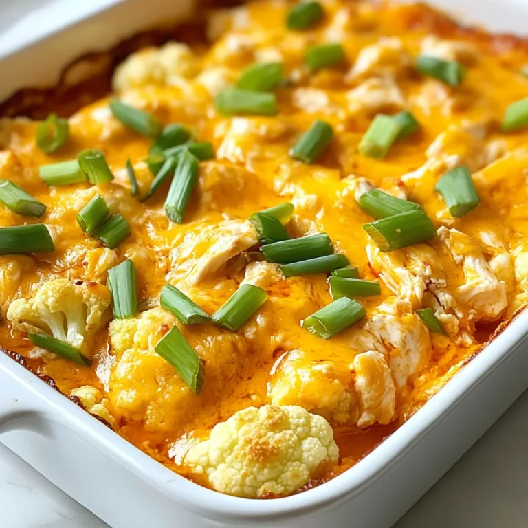 - 1 head of cauliflower, cut into bite-sized florets - 2 cups cooked chicken, shredded - 1/2 cup buffalo sauce - 1 cup plain Greek yogurt - 1 cup shredded cheddar cheese - 1/2 cup crumbled blue cheese (optional) - Seasonings: garlic powder, onion powder, paprika, salt, and pepper - 1/4 cup sliced green onions for garnish This dish starts with fresh cauliflower. I love using it because it adds a nice crunch. You can cut it into bite-sized pieces. This step is key for even cooking. Next, we need cooked chicken. Shredded chicken works best. You can use leftover chicken or buy rotisserie chicken. It saves time and tastes great. Buffalo sauce gives this casserole its kick. Adjust the amount based on your spice level. If you like it hot, add more. Plain Greek yogurt replaces sour cream. It makes the dish creamy. It’s a healthy twist and adds protein. Cheddar cheese is a must for that melty goodness. You can also sprinkle on some blue cheese if you want a stronger flavor. Seasonings like garlic powder, onion powder, and paprika give depth. Don’t forget salt and pepper to taste. Lastly, garnish with green onions. They add color and a fresh taste. This mix of ingredients creates a rich and savory casserole. Each bite will be packed with flavor. {{ingredient_image_2}} - Start by preheating your oven to 375°F (190°C). This step is key for even cooking. - Next, steam the cauliflower florets. Place them in a steamer basket over boiling water. Steam them for about 5-7 minutes. They should be tender but still firm. Once done, drain and let them cool. - In a large bowl, mix the cooked chicken and buffalo sauce. Add the Greek yogurt, garlic powder, onion powder, paprika, salt, and pepper. Stir well until the chicken is coated in the sauce. - Gently fold in the steamed cauliflower florets into the chicken mixture. Make sure to keep the cauliflower intact. - Now, transfer the entire mixture into a greased 9x13-inch casserole dish. Spread it evenly for uniform cooking. - Top the casserole with shredded cheddar cheese. If you like blue cheese, sprinkle that on too. - Place the casserole in the preheated oven. Bake for 20-25 minutes. Look for melted cheese that is bubbly and golden brown. - After baking, take the casserole out of the oven. Let it cool for a few minutes. Before serving, sprinkle sliced green onions on top for added color and flavor. - Adjusting the spice level in buffalo sauce You can make the dish milder or spicier. If you want it hot, add more buffalo sauce. If you prefer it mild, use less. Taste as you go to find your sweet spot. - Using rotisserie chicken for convenience Using rotisserie chicken saves you time. Just shred it and mix it in. This way, you skip the cooking step and get great flavor right away. - Choosing the right cheese combinations Cheddar cheese adds a nice sharp taste. Blue cheese gives bold flavor. You can mix them for a delicious combo. Don’t be afraid to experiment with your favorites! - Serving suggestions with side dishes Serve the casserole hot and fresh. Pair it with crunchy celery sticks or a light salad. This adds a nice crunch and makes your meal feel balanced. - Garnishing with green onions Sprinkle sliced green onions on top before serving. They add a fresh touch and a pop of color. This simple step makes your dish look more appealing. - Using pre-cooked chicken You can save time by using pre-cooked chicken. Just make sure it's shredded well. This way, you cut down on prep time and still enjoy great taste. - Steaming cauliflower efficiently Use a steamer basket over boiling water. Steam the cauliflower for 5-7 minutes. This keeps it tender but firm, ready to mix into your casserole without getting mushy. Pro Tips Choose Your Chicken Wisely: Using rotisserie chicken is a great time-saver, but make sure to choose a flavorful variety to enhance the overall taste of your casserole. Mind the Spice Level: Adjust the amount of buffalo sauce based on your spice tolerance. You can always start with less and add more if needed! Perfectly Cooked Cauliflower: Avoid overcooking the cauliflower while steaming; it should be tender but still hold its shape for the best texture in your casserole. Cheese Variations: Experiment with different cheeses like pepper jack for an extra kick or mozzarella for a milder flavor, depending on your preference. {{image_4}} You can easily swap the cauliflower with broccoli. Broccoli gives a nice crunch and taste. It also cooks well in this dish. Using different types of cheese can change the flavor. Try Monterey Jack or pepper jack for a spicy kick. A blend of cheeses can also add depth. For gluten-free options, ensure your buffalo sauce is gluten-free. Most brands are, but always check labels. You can also make this dish dairy-free. Use a dairy-free yogurt and cheese. These swaps keep the flavors while fitting dietary needs. Want to add more veggies? Spinach and bell peppers work great. They add color and nutrients. You can also add herbs or spices for extra flavor. Try oregano or thyme to enhance the taste. A pinch of cayenne can also up the spice level. To keep your buffalo chicken cauliflower casserole fresh, store it in a sealed container. Make sure it cools to room temperature first. Place it in the fridge for up to four days. For longer storage, you can freeze it. Wrap the casserole tightly in plastic wrap, then place it in a freezer-safe container. It can last in the freezer for up to three months. When it's time to eat your leftovers, you want them warm and tasty. The best way to reheat is in the oven. Preheat your oven to 350°F (175°C). Place the casserole in an oven-safe dish, cover it with foil, and heat for about 20-25 minutes. This keeps the texture nice. You can also use a microwave, but the oven works better for keeping the cheese gooey. In the fridge, your casserole lasts about four days. If you freeze it, the shelf life extends to about three months. Just remember to label your containers with the date. That way, you know when to enjoy it! Yes, you can use frozen cauliflower for this recipe. It saves time and is convenient. Just make sure to thaw the cauliflower before using it in the casserole. You can steam it briefly to ensure it is tender. This way, it will blend well with the other ingredients. The spice level depends on the buffalo sauce you choose. If you like it hot, use a spicy sauce. For a milder flavor, opt for a mild buffalo sauce. You can always adjust the amount of sauce to suit your taste. This makes it great for everyone at the table. Yes, you can prepare this casserole ahead of time. Mix all the ingredients and store them in the fridge. Just remember to bake it when you're ready. This makes it perfect for busy weeknights or meal prep. I love serving this casserole with crunchy celery sticks or a light salad. They provide a nice contrast to the rich flavors of the dish. You can also add some ranch dressing for dipping. It enhances the meal and adds a delicious touch. Absolutely! This casserole is great for meal prep. It keeps well in the fridge and is easy to reheat. You can portion it out into containers for quick meals. Just store it in the fridge for up to four days. It’s a tasty and healthy option for any day of the week. This blog post covers a tasty buffalo chicken cauliflower casserole. We explored key ingredients, easy steps to prepare it, and tips to enhance flavors. I shared variations for different diets and highlighted storage methods. This dish is simple, quick, and great for any meal. You can also customize it to fit your taste. Enjoy making this casserole and share it with friends and family. It’s a fun and delicious way to mix flavors and nutrients!