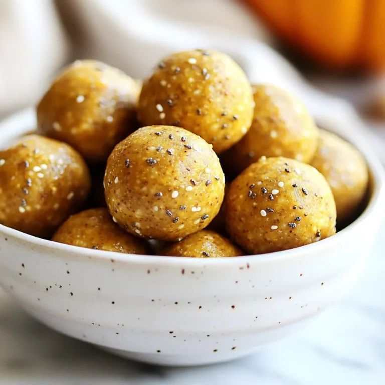 - 1 cup rolled oats - 1/2 cup pure pumpkin puree - 1/4 cup nut butter (almond, peanut, or cashew) - 1/4 cup honey or maple syrup - 1/2 teaspoon pure vanilla extract - 1 teaspoon pumpkin spice blend - 1/4 cup chia seeds - 1/4 cup mini chocolate chips (optional) - Pinch of salt - 1 cup = 8 fluid ounces - 1/2 cup = 4 fluid ounces - 1/4 cup = 2 fluid ounces - 1 teaspoon = 5 milliliters If you need a smaller batch, just halve the amounts. For example, use 1/2 cup of oats instead of 1 cup. You can customize your energy balls with some fun add-ins. Try: - Dried fruit like cranberries or apricots - Seeds like pumpkin or sunflower seeds - Protein powder to boost protein content - Coconut flakes for a tropical twist These options add flavor and texture. Mix and match based on your taste. {{ingredient_image_2}} First, grab a large mixing bowl. Pour in 1 cup of rolled oats. Next, add 1/2 cup of pure pumpkin puree. Choose your favorite nut butter and add 1/4 cup to the bowl. You can pick almond, peanut, or cashew. Then, add 1/4 cup of honey or maple syrup. If you want a vegan option, stick with maple syrup. Don’t forget 1/2 teaspoon of pure vanilla extract. Mix all these ingredients well. You want a smooth and uniform mixture. Now it's time for the fun part—adding flavor! Sprinkle in 1 teaspoon of pumpkin spice blend. If you like, you can make your own with cinnamon, nutmeg, and ginger. Also, add 1/4 cup of chia seeds for extra crunch and nutrition. If you want a touch of sweetness, gently fold in 1/4 cup of mini chocolate chips. Mix everything together until it’s well combined. Taste your mixture. If you think it needs more sweetness, add a little extra honey or maple syrup. After mixing, cover the bowl and chill it in the refrigerator for about 30 minutes. This step helps the mixture firm up, making it easier to shape. When the time is up, take out the bowl. Scoop out portions of the mixture and roll them into small balls, about 1 inch in diameter. You should end up with 12 to 15 energy bites. Store your energy balls in an airtight container in the fridge. They stay fresh for up to a week. If you want to keep them longer, freeze them in a single layer, then move them to a container. If your mixture feels too dry, add a splash of water or more pumpkin puree. You can also add more nut butter to bind the ingredients better. If it’s too wet, add more oats or chia seeds. Adjusting is key to finding the perfect texture. Want to spice it up? Try adding a handful of nuts or seeds. You can also use dried fruits like cranberries or raisins for extra sweetness. A pinch of sea salt can balance flavors well. Experiment and find what you love most! Mix ingredients in a large bowl to ensure even blending. Use clean hands to form the balls; this gives you better control. Store your energy balls in an airtight container. Keep them in the fridge for a week or freeze for longer storage. Enjoy them as a quick, healthy snack! Pro Tips Chill for Better Texture: Chilling the mixture for at least 30 minutes helps to firm it up, making it easier to roll into bites. Customize Your Sweetness: Taste the mixture before rolling and adjust sweetness by adding more honey or maple syrup as desired. Experiment with Add-ins: Feel free to mix in other ingredients like dried fruit, nuts, or seeds for added texture and flavor. Storage Tips: Store the energy bites in an airtight container in the fridge for up to a week, or freeze them for longer-lasting snacks. {{image_4}} You can choose many nut butters for your Pumpkin Spice Energy Balls. I love almond butter for its creamy taste. Peanut butter adds a classic flavor that many enjoy. Cashew butter is smooth and slightly sweet. Each nut butter brings its own flair. Feel free to mix and match based on what you have at home. This simple change can make your snacks feel fresh and new. Want to switch things up? Try adding different flavors. You can fold in mini chocolate chips for a sweet twist. Dried fruits like cranberries or raisins add a chewy texture. For a fruity touch, consider using apple or banana puree instead of pumpkin. You can even add cocoa powder for a rich chocolate flavor. These variations can keep your energy balls exciting and fun. Making these energy balls gluten-free is easy. Just ensure your oats are certified gluten-free. If you're vegan, use maple syrup instead of honey. You can also choose a nut butter that fits your diet. Many brands offer vegan options. This way, everyone can enjoy these tasty treats without worry. You can store pumpkin spice energy balls in the fridge. Place them in an airtight container. They will stay fresh for up to a week. This way, you can enjoy a quick snack anytime. If you want to keep them longer, freezing is a great option. First, lay the energy balls in a single layer on a baking sheet. Freeze them for about two hours. After they are firm, transfer them to a freezer-safe container. They can last up to three months this way. To keep the energy balls fresh, avoid exposing them to air. Always use an airtight container. If you notice any moisture inside the container, it’s best to eat them sooner. Enjoying them while they are fresh gives the best taste and texture. Yes, you can use different sweeteners. Honey and maple syrup work well. If you prefer, try agave syrup or date syrup. Each sweetener brings a unique taste. You might want to adjust the amount based on your preference. If you like it sweeter, add a bit more. These energy balls last up to one week in the fridge. To store them, use an airtight container. If you want to keep them longer, freeze them. They freeze well and can last for months. Just make sure to thaw them before enjoying. Yes, pumpkin spice energy balls are healthy. They contain rolled oats, pumpkin puree, and nut butter. These ingredients provide fiber, protein, and healthy fats. Chia seeds add extra nutrients too. The sweetness from honey or maple syrup is natural. Enjoy them as a snack or energy booster! In this article, we explored making energy balls. We covered key ingredients, from base mixtures to optional add-ins. You learned step-by-step instructions, tips for success, and fun variations. Finally, we discussed how to store them safely. Energy balls are easy and tasty. They fit many diets and flavors. Now, you're ready to create your own energy-packed snacks! Enjoy making and sharing them with friends and family.