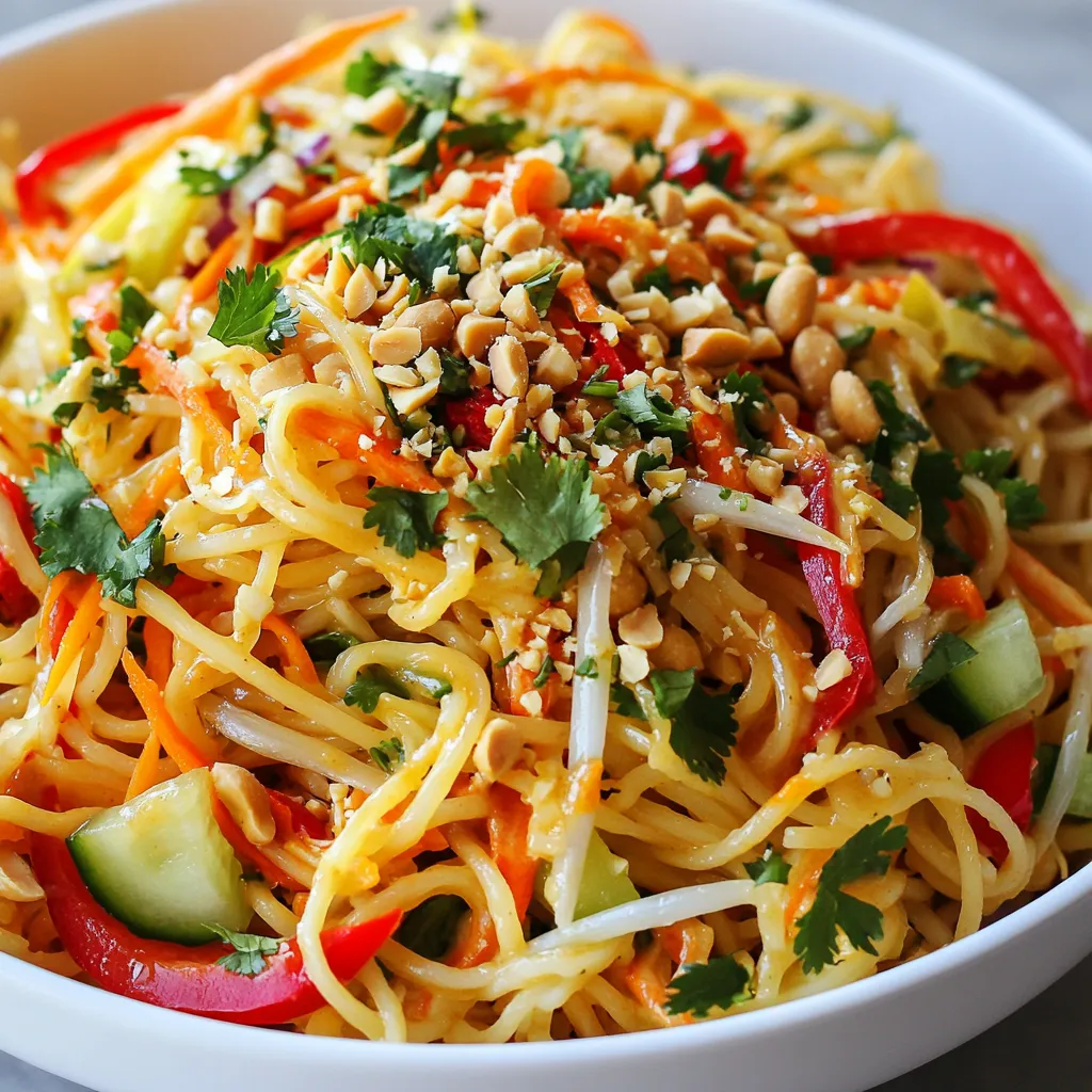 To make the Thai Peanut Noodle Salad, gather these fresh ingredients: - 8 oz rice noodles - 1 cup shredded carrots - 1 red bell pepper, thinly sliced - 1 cucumber, julienned - 1 cup shredded red cabbage - 1/2 cup chopped green onions - 1/4 cup chopped fresh cilantro - 1/3 cup crunchy peanut butter - 2 tablespoons soy sauce - 2 tablespoons freshly squeezed lime juice - 1 tablespoon honey or agave syrup - 1 tablespoon toasted sesame oil - 1 teaspoon freshly grated ginger - 1/2 teaspoon red pepper flakes (optional for a kick) - Crushed peanuts for garnish Using fresh ingredients makes a big difference. Look for bright, crunchy veggies. They add color and taste. Choose high-quality peanut butter for a rich flavor. Fresh lime juice gives the best zest. If you can, find organic ingredients. This ensures you get the best nutrition. You can easily customize this salad. Here are some swaps: - For gluten-free, use gluten-free soy sauce or tamari. - For vegan, replace honey with agave syrup. - If you need a nut-free option, use sun butter instead of peanut butter. - Add cooked chicken, tofu, or shrimp for extra protein. These swaps keep the salad delicious while catering to different diets. Enjoy your cooking! {{ingredient_image_2}} To start, cook the rice noodles according to the package instructions. I find that boiling them for about 6 to 8 minutes works best. You want them tender, but not too soft. When done, drain the noodles and rinse them under cold water. This stops the cooking and keeps them nice and firm. Set them aside to cool. Next, grab a big bowl. Add in your shredded carrots, sliced red bell pepper, julienned cucumber, shredded red cabbage, chopped green onions, and fresh cilantro. Toss these colorful veggies gently. Mixing them well makes sure each bite bursts with flavor. Now, let’s make the dressing. In a medium bowl, whisk together the crunchy peanut butter, soy sauce, lime juice, honey, toasted sesame oil, grated ginger, and red pepper flakes if you want some heat. Keep whisking until it’s all smooth and creamy. This dressing is what makes the salad special. Drizzle the peanut dressing over the mixed veggies. Use tongs or a big spoon to toss everything together. You want all the veggies to be coated in that tasty dressing. This step brings the salad to life. Take a quick taste of your salad. If it needs more flavor, you can add a splash more soy sauce or lime juice. Adjust it to your liking. You can enjoy the salad right away for a fresh crunch, or chill it in the fridge for about 30 minutes. Chilling lets the flavors mix even better. Presentation is key! Serve this salad in a big bowl or on individual plates. Top with crushed peanuts and some sprigs of cilantro for a beautiful touch. Enjoy your vibrant, Thai peanut noodle salad! When you cook rice noodles, follow these steps for the best results: - Boil water in a pot. - Add the rice noodles. - Stir gently to prevent sticking. - Cook until tender but still firm (al dente). - Drain and rinse under cold water to stop cooking. This helps keep the noodles from getting mushy. Garnishes make your Thai Peanut Noodle Salad even better. Here are some ideas: - Crushed Peanuts: Add crunch and a nutty flavor. - Fresh Cilantro: Brightens the dish with fresh taste. - Lime Wedges: Serve on the side for extra zing. - Red Pepper Flakes: Sprinkle more for extra heat. These toppings will make your salad pop with color and flavor! If you have leftovers, store them properly: - Place the salad in an airtight container. - Keep it in the fridge for up to three days. - Avoid adding dressing until you are ready to eat. This keeps your salad fresh and crispy. Enjoy it later without losing taste or texture! Pro Tips Choose the Right Noodles: For this salad, rice noodles are best as they absorb the dressing well and provide a nice texture. Make sure to rinse them in cold water to prevent sticking. Mind the Crunch: To maintain the crunchiness of the vegetables, add them just before serving if you plan to chill the salad. This keeps them fresh and vibrant. Adjusting Flavor: The balance of flavors is key in this dish. Taste the dressing before adding it to the salad and adjust the sweetness or acidity to suit your preference. Garnish Creatively: For a beautiful presentation, consider garnishing with additional fresh cilantro, lime wedges, or even a sprinkle of sesame seeds for added flavor and texture. {{image_4}} Want to make your Thai Peanut Noodle Salad heartier? Adding protein is a great way! You can use cooked chicken, shrimp, or tofu. - For chicken, grill or bake it first. Slice it into thin pieces. - For tofu, press it to remove extra water. Then, pan-fry or grill it until golden. Toss the protein into the salad when mixing everything together. It adds flavor and makes the dish more filling. If you love heat, you can spice up your salad! Start with red pepper flakes in the dressing. You can also add sliced jalapeños or sriracha for a kick. - Use fresh chili peppers for a bold taste. - Adjust the amount to fit your spice level. Just remember to taste as you go. You want to enjoy the heat, not overpower the salad. This salad is perfect for vegetarians and vegans. Use agave syrup instead of honey to keep it plant-based. - For added protein, consider chickpeas or edamame. - You can also replace peanut butter with almond butter if desired. These simple swaps keep the salad fresh and flavorful while meeting dietary needs. Enjoy your creative cooking! To keep your Thai Peanut Noodle Salad fresh, store it in an airtight container. Place any leftovers in the fridge right after serving. This salad tastes best when chilled, but it can lose crunch over time. For best results, try to eat it within three days. You may not need to reheat this dish. It is perfect served cold. If you prefer a warm salad, gently heat it in a pan on low. Add a splash of water or lime juice to help bring back moisture. Stir carefully to avoid mushy noodles. The shelf life of your salad depends on the ingredients. Here’s a quick guide: - Rice Noodles: Store cooked noodles in the fridge for 3-5 days. - Vegetables: Fresh veggies last 3-5 days when stored properly. - Peanut Dressing: Homemade dressing stays fresh for about a week in the fridge. Always check for signs of spoilage before eating. Enjoy your delicious salad while it’s fresh! The best type of noodles for this salad is rice noodles. They are light, chewy, and soak up the peanut dressing well. You can find them in most grocery stores. Look for thin rice noodles or vermicelli. They cook quickly and add a nice texture to your salad. Yes, you can prepare this salad in advance. Make the salad a few hours before serving. This time allows the flavors to mix well. If you want to keep it fresh, add the dressing right before serving. This helps the veggies stay crunchy. Thai Peanut Noodle Salad comes from Thailand. It showcases the country’s love for bold flavors and fresh ingredients. The dish combines traditional Thai elements, like peanut sauce and fresh vegetables. It reflects the bright, colorful nature of Thai cuisine. Yes, this recipe can be gluten-free. Use gluten-free soy sauce in place of regular soy sauce. The rice noodles are naturally gluten-free, making this dish safe for those with gluten sensitivities. Just double-check all your ingredients to ensure they meet your needs. This blog post shared the key ingredients and instructions for making Thai Peanut Noodle Salad. I covered ingredient quality and options for dietary needs. You learned how to cook rice noodles, combine veggies, and make a tasty peanut dressing. I offered tips for flavor and storage. Remember, you can customize the salad with proteins or spice for new flavors. Enjoy exploring this fun dish and make it your own!