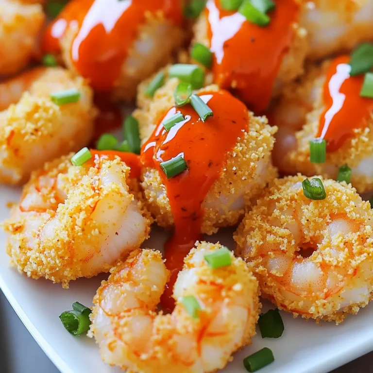 - 1 pound large shrimp, peeled and deveined - 1 cup buttermilk - 1 cup Panko breadcrumbs - 1 teaspoon garlic powder - 1 teaspoon onion powder - 1 teaspoon smoked paprika - 1/2 teaspoon cayenne pepper - Salt and freshly ground black pepper to taste - 1/2 cup buffalo sauce - Chopped green onions or cilantro, for garnish The key to great flavor lies in the ingredients. For the shrimp, choose large, fresh shrimp. If you can't find fresh, frozen shrimp will work well. Just thaw them before use. Buttermilk gives shrimp a tender touch. If you don't have any, plain yogurt or milk can substitute. Panko breadcrumbs add crunch. Regular breadcrumbs can replace them, but the texture will differ. Spices bring the heat and flavor. Adjust the cayenne pepper to suit your taste. Want less heat? Try paprika or skip the cayenne. For a twist, use flavored buffalo sauce or add a splash of lemon juice to brighten flavors. Lastly, fresh herbs like cilantro or green onions add color and flavor. This dish serves four people. Each serving contains approximately: - Calories: 350 - Protein: 25g - Carbohydrates: 30g - Fat: 15g - Fiber: 2g This meal is a tasty way to enjoy shrimp with a spicy kick. The air fryer helps keep the meal light while still packing in flavor. Enjoy every crispy bite! First, take your shrimp and place them in a medium bowl. Add 1 cup of buttermilk to the bowl. The buttermilk adds moisture and flavor. Cover the bowl with plastic wrap. Now, let the shrimp marinate in the fridge for at least 30 minutes. This will make them tender and flavorful. While the shrimp marinate, you can prepare the breading. In a separate bowl, mix together the Panko breadcrumbs, 1 teaspoon of garlic powder, 1 teaspoon of onion powder, 1 teaspoon of smoked paprika, and 1/2 teaspoon of cayenne pepper. Add some salt and freshly ground black pepper to taste. This blend creates a crispy and tasty coating for your shrimp. After 30 minutes, take the shrimp out of the fridge. Let any extra buttermilk drip off. Now, dip each shrimp into the breadcrumb mixture. Make sure each shrimp is fully coated. Press the breadcrumbs onto the shrimp for a better crust. Next, preheat your air fryer to 400°F (200°C) for about 5 minutes. This helps the shrimp cook evenly. Place the coated shrimp in a single layer in the air fryer basket. For extra crispiness, lightly spray the shrimp with cooking spray or drizzle with olive oil. Air fry the shrimp for 7-10 minutes. Flip the shrimp halfway through to ensure even cooking. They should turn a lovely golden brown and reach an internal temperature of 165°F (75°C). Once cooked, transfer the shrimp to a large bowl. Drizzle 1/2 cup of buffalo sauce over the shrimp. Gently toss to coat each piece well. Now, arrange the buffalo shrimp on a serving platter. Garnish with chopped green onions or cilantro for a fresh touch. Serve with extra buffalo sauce on the side for dipping. Enjoy your flavorful and crispy buffalo shrimp! To get that perfect crispy bite, use Panko breadcrumbs. They are light and airy, giving the shrimp a great crunch. Lightly spray the shrimp with oil before air frying. This helps the breadcrumbs brown nicely. Cook in a single layer for even heat. Avoid overcrowding the basket to let hot air circulate. Buffalo sauce can pack a punch! Start with a small amount if you are sensitive to heat. You can always add more later. The cayenne pepper in the breading also adds heat. Reduce it if you want a milder flavor. Taste the sauce before tossing the shrimp to find your perfect heat level. One common mistake is skipping the marinating step. This step makes the shrimp juicy and flavorful. Also, don’t rush the cooking time. Air fry until they are golden brown and reach 165°F. Lastly, avoid using wet breadcrumbs. They won’t stick well and will result in a soggy coating. {{image_4}} You can change the flavor of your buffalo shrimp easily. Use barbecue sauce for a sweet twist. Try teriyaki sauce for an Asian flair. If you love heat, add more cayenne pepper or even chili powder. Mix in honey for a sweet and spicy combo. You can also use ranch dressing for a creamy dip. There are many options to keep it fun! Shrimp is great, but you can swap it out too. Chicken breast works well. Cut it into small pieces, and follow the same steps. Tofu is a good choice for a vegetarian option. Press it first to get rid of extra water. You can even use cauliflower florets for a tasty vegan version. Each protein gives a different taste but remains delicious! Serve your buffalo shrimp with fresh veggies. Celery sticks and carrot sticks add a nice crunch. You can also pair them with a cool dip like blue cheese or ranch. For a full meal, try serving with rice or a light salad. This adds balance to the spicy shrimp. You can also use pita bread for a fun twist! After enjoying your Air Fryer Buffalo Shrimp, you might have some left. Store leftover shrimp in an airtight container. Place it in the refrigerator. This keeps it fresh for up to three days. Make sure to let the shrimp cool down before sealing it. To reheat, use your air fryer. Set it to 350°F (175°C). Heat the shrimp for about 3-5 minutes. This method helps keep the shrimp crispy. You can also use a microwave, but it may make the shrimp soggy. If you choose the microwave, heat in short intervals. Check often to avoid overcooking. If you want to save shrimp for later, freezing is a great option. First, let the shrimp cool completely. Then, place them in a freezer-safe bag. Remove as much air as possible before sealing. The shrimp can last up to three months in the freezer. To use, thaw in the fridge overnight before reheating. Yes, you can use frozen shrimp. Just make sure to thaw them first. Place the shrimp in cold water for about 10-15 minutes. After thawing, pat them dry with a paper towel. This helps the breading stick better. The best temperature is 400°F (200°C). This heat crisps the shrimp perfectly. It also cooks them quickly, keeping them juicy inside. Preheat your air fryer for about 5 minutes at this temperature. To make the shrimp less spicy, reduce the cayenne pepper. You can use just a pinch or skip it entirely. If you like, add a little more garlic or onion powder for flavor without the heat. Yes, you can make this in the oven. Preheat your oven to 425°F (220°C). Arrange the breaded shrimp on a baking sheet. Bake them for about 12-15 minutes, flipping halfway, until golden brown. In this article, we explored essential ingredients for your shrimp dish, along with cooking steps. We provided tips to ensure crispy results and ways to customize the flavor. We also covered storage methods, so you can enjoy leftovers later. Remember, great shrimp comes from good ingredients and careful handling. Use these insights to create a meal that impresses. Cooking should be fun and simple. Enjoy making your shrimp dish your own!