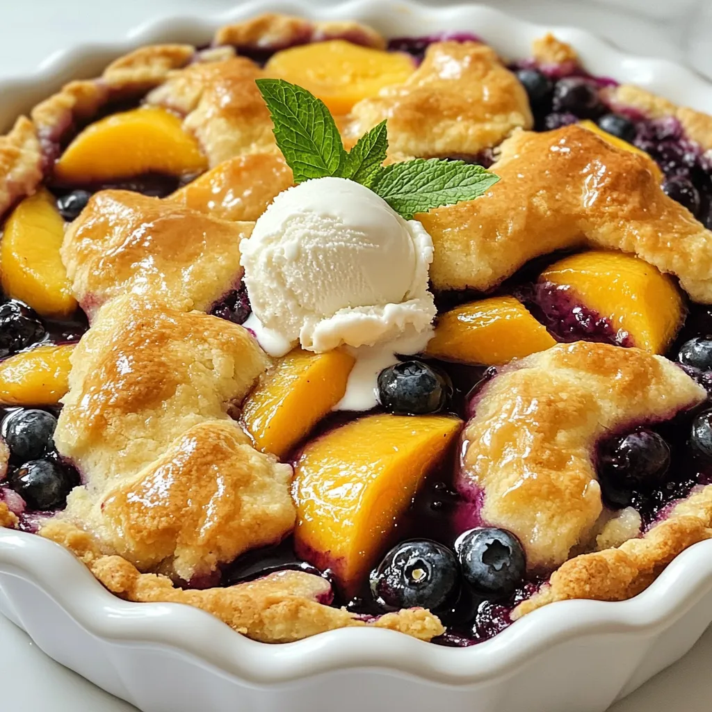 For the best flavor, I use: - 2 cups fresh, plump blueberries - 2 cups ripe, juicy peaches, peeled and sliced into thin wedges These fruits give the cobbler a sweet and tart taste. Fresh peaches and blueberries add natural sweetness and make your dish shine. You will need a few common items from your kitchen: - 1 cup granulated sugar, divided into two portions - 1 tablespoon fresh lemon juice - 1 tablespoon cornstarch for thickening - 1 teaspoon pure vanilla extract - 1 cup all-purpose flour - 1 ½ teaspoons baking powder for leavening - ½ teaspoon fine salt - ½ cup whole milk - ¼ cup unsalted butter, melted and slightly cooled - 1 teaspoon ground cinnamon for warmth These items help create the perfect texture and flavor. The sugar sweetens, while the flour and baking powder create that lovely cobbler base. If you want to mix it up, consider these options: - Use honey or maple syrup instead of granulated sugar. - Try coconut milk or almond milk for a dairy-free option. These swaps can fit your taste or dietary needs. They still allow you to enjoy a delicious cobbler while keeping it personal. {{ingredient_image_2}} Start by washing 2 cups of fresh blueberries. Then, peel and slice 2 ripe peaches into thin wedges. In a large bowl, mix the blueberries and peaches. Add ½ cup of sugar, 1 tablespoon of lemon juice, 1 tablespoon of cornstarch, and 1 teaspoon of vanilla extract. Use a spatula to gently toss the fruit. Be careful not to bruise them. Pour this lovely mixture into your greased 9x13 inch baking dish. Spread it evenly across the dish. In another bowl, whisk together 1 cup of all-purpose flour, ½ cup of sugar, 1 ½ teaspoons of baking powder, ½ teaspoon of fine salt, and 1 teaspoon of ground cinnamon. Make sure these dry ingredients mix well. Next, add ½ cup of whole milk and ¼ cup of melted butter to the dry mix. Stir gently until it just comes together. The batter should be thick and lumpy. Take a spoon or spatula and drop dollops of batter over the fruit mixture. Leave small gaps for the fruit to bubble through. Preheat your oven to 350°F (175°C) and bake the cobbler for 40-45 minutes. Look for a golden brown top and bubbly fruit. Once done, take it out and let it cool for about 10 minutes. This helps the flavors mix and makes serving easier. To make a great cobbler, you need ripe fruits. Look for peaches that are bright in color and feel soft. If they are hard, they are not ripe yet. For blueberries, pick berries that are plump and firm. They should have a deep blue color. Avoid any that are mushy or have white spots. Fresh fruits make a big difference in taste. If you can, buy them from a local farmer's market. This way, you get the best quality fruits for your cobbler. The texture of your cobbler is key to a yummy dish. When making the batter, mix the flour, sugar, baking powder, and salt first. Then, add the milk and melted butter. Stir gently until combined. It’s okay if the batter is lumpy. That means it will bake up nice and fluffy. Drop the batter over the fruit, leaving some space for the fruit to show through. This creates a beautiful top that is crispy and golden. Timing is important for baking your cobbler just right. Preheat your oven to 350°F (175°C) before you start. This helps the cobbler bake evenly. Bake your cobbler for 40 to 45 minutes. You want the top to be golden brown, and the fruit should bubble. Keep an eye on it during the last few minutes. If it looks done, take it out and let it cool for 10 minutes. This cooling time helps the flavors mix and makes it easier to serve. Pro Tips Choose Ripe Fruit: Make sure the peaches and blueberries are ripe and juicy for the best flavor in your cobbler. Mix Gently: When combining the fruit with sugar and cornstarch, be gentle to avoid bruising the berries and peaches. Don’t Overmix: When making the batter, mix until just combined to keep the cobbler light and fluffy. Let it Rest: Allow the cobbler to cool for about 10 minutes before serving; this helps the flavors meld and makes serving easier. {{image_4}} You can make a gluten-free version of this cobbler. Use gluten-free flour instead of all-purpose flour. Ensure that your baking powder is gluten-free too. The rest of the ingredients stay the same. Follow the recipe as usual. This cobbler tastes just as good without gluten! To make a vegan cobbler, swap out the butter for coconut oil or vegan butter. Use plant-based milk like almond or soy instead of whole milk. You can also replace the granulated sugar with coconut sugar or maple syrup. This way, you enjoy a delicious dessert that fits a vegan diet! Feel free to play with different fruits. Try using ripe strawberries or blackberries. You can even mix in some tart cherries or apples. Each fruit brings a unique flavor. The cobbler will be just as tasty with these fruits. Get creative and enjoy the seasonal harvest! To keep your blueberry peach cobbler fresh, let it cool completely. Once cool, cover it tightly with plastic wrap or foil. You can also place it in an airtight container. Stored this way, it lasts for about three days in the fridge. This helps keep the flavors rich and the texture nice. When you're ready to enjoy your cobbler again, preheat your oven to 350°F (175°C). Place the cobbler in an oven-safe dish. Cover it with foil to prevent burning. Heat it for about 20 minutes or until warm. This method keeps the topping crisp and the fruit juicy. You can also use a microwave for quicker heating. Just heat it in short bursts, checking often to avoid overheating. If you want to save some cobbler for later, freezing works great! First, let the cobbler cool fully. Then, cut it into serving pieces. Wrap each piece tightly in plastic wrap. Place the wrapped pieces in a freezer bag or container. This will prevent freezer burn. You can freeze it for up to three months. When ready to eat, thaw it in the fridge overnight before reheating. Yes, you can prepare this cobbler ahead of time. Make the fruit mix and batter separately. Store them in the fridge for up to 24 hours. When you are ready, just assemble and bake. This saves time and gives you fresh cobbler later. Blueberry Peach Cobbler goes well with many treats. Here are some great ideas: - A scoop of vanilla ice cream - A dollop of whipped cream - A splash of cream or milk - Fresh mint leaves for garnish These pairings add creaminess and freshness to your dessert. To lower the sugar in your cobbler, try these tips: - Use less granulated sugar; cut it by ¼ cup. - Substitute with natural sweeteners like honey or maple syrup. - Use ripe peaches and blueberries, which are naturally sweet. These changes keep your cobbler tasty while reducing sugar. This article covered everything you need for a great Blueberry Peach Cobbler. You learned about fresh ingredients, pantry staples, and sweetener options. I shared step-by-step instructions on preparing the fruit, making the batter, and baking it to perfection. We also discussed tips for selecting ripe fruits and achieving the best cobbler texture. You can even explore gluten-free, vegan, and seasonal variations! Finally, I included storage tips and answered common questions. Enjoy making this sweet treat that suits your taste!