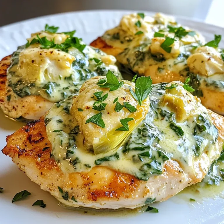 To make Creamy Spinach Artichoke Chicken, gather these simple ingredients: - 4 boneless, skinless chicken breasts - 1 cup fresh spinach, finely chopped - 1 can (14 oz) artichoke hearts, drained and coarsely chopped - 1 cup cream cheese, softened to room temperature - 1/2 cup sour cream - 1 cup shredded mozzarella cheese - 1/2 cup freshly grated Parmesan cheese - 3 cloves garlic, minced - 1 teaspoon onion powder - 1 teaspoon garlic powder - 2 tablespoons extra virgin olive oil - Sea salt and cracked black pepper to taste - Fresh parsley, finely chopped, for garnish You can make this dish work with some easy swaps. - Chicken: Use turkey breasts for a leaner option. - Spinach: Frozen spinach works too; just thaw and drain it well. - Cream cheese: Greek yogurt can replace cream cheese for a lighter version. - Cheeses: Swap mozzarella with cheddar or gouda for a different flavor. - Garlic: If you don’t have fresh garlic, use garlic powder instead. Each serving is packed with nutrients. Here’s a quick breakdown: - Calories: About 480 calories per serving - Protein: Around 40 grams - Carbohydrates: About 6 grams - Fat: Approximately 32 grams - Fiber: 1 gram This dish provides a good balance of protein and fats, making it a satisfying meal. Enjoy it while staying mindful of portion sizes! {{ingredient_image_2}} Start by getting your oven ready. Preheat it to 375°F (190°C). This step is key for cooking the chicken evenly. Next, gather your ingredients. You will need chicken breasts, spinach, artichokes, cream cheese, sour cream, mozzarella, Parmesan, garlic, onion powder, garlic powder, olive oil, salt, and pepper. Finely chop the spinach and artichokes. Mince the garlic. This makes the cooking process smooth. In a medium skillet, heat the olive oil over medium heat. Once hot, add the minced garlic. Sauté the garlic for about 1 minute. It should smell great and turn slightly golden. Then, add the chopped spinach and artichokes. Cook them together for about 3-4 minutes. Stir often until the spinach wilts. In a large bowl, mix the softened cream cheese, sour cream, mozzarella, and Parmesan. Add the onion and garlic powders. Stir until it’s smooth. Now, gently fold in the sautéed spinach and artichokes. Season this mixture with salt and pepper to taste. Take the seasoned chicken breasts and arrange them in a greased baking dish. Spoon the creamy mixture over each chicken breast. Spread it out evenly. Cover the dish tightly with aluminum foil to keep the moisture in. Bake it in the oven for 25 minutes. After that, remove the foil and bake for another 15 minutes. This makes the cheese bubbly and golden. Once done, let the dish rest for about 5 minutes. This helps keep the chicken juicy. Finally, garnish with freshly chopped parsley for a nice touch. Enjoy your meal! To get the best texture, start with fresh ingredients. Use fresh spinach and artichoke hearts for a vibrant taste. Make sure your cream cheese is at room temperature. This helps it mix smoothly with the other ingredients. When you combine the sautéed spinach and artichokes, fold gently. This keeps the mixture light and fluffy. Finally, let the chicken rest after baking. This step helps keep the chicken juicy and tender. Seasoning is key to flavor. Use sea salt and cracked black pepper to enhance the dish. A sprinkle of onion powder and garlic powder adds depth. For a little heat, try a pinch of crushed red pepper flakes. Fresh parsley on top adds a nice touch and fresh taste. Feel free to taste the mixture before spreading it on the chicken. Adjust salt and pepper as needed for your taste. One common mistake is overcooking the chicken. Keep an eye on the baking time to ensure it stays juicy. Another mistake is not preheating the oven. A hot oven cooks the chicken evenly. Avoid skipping the resting time after baking. This step helps keep the juices in the chicken. Lastly, don’t rush the mixing process. Take your time to blend the ingredients well for a creamy result. Pro Tips Use Fresh Ingredients: For the best flavor, opt for fresh spinach and artichokes instead of canned or frozen. Fresh ingredients will elevate the dish's taste and nutritional value. Control the Creaminess: Adjust the amount of cream cheese and sour cream based on your preference for creaminess. You can add a bit more for a richer sauce or reduce it for a lighter option. Resting Time is Key: Allow the chicken to rest after baking. This step is crucial as it helps the juices redistribute, ensuring that each bite is tender and juicy. Garnish for Presentation: Don't skip the fresh parsley garnish! It adds a pop of color and freshness that enhances the visual appeal of the dish. {{image_4}} You can easily boost this dish by adding other proteins. Shrimp or salmon works well here. Just cook them lightly before adding them to the creamy mix. You can also add veggies. Try using mushrooms or bell peppers for extra flavor and color. These vegetables are tasty and add a nice crunch to each bite. To make this meal lighter, swap cream cheese with Greek yogurt. This keeps the creaminess but cuts the fat. If you want a vegan option, use cashew cream instead of cream cheese. You can also replace chicken with firm tofu. Just press it to remove excess water, then sauté it before adding to the mix. You can change the flavors by adding spices. A pinch of red pepper flakes adds heat. For a zestier taste, mix in some lemon juice or zest. Fresh herbs like basil or dill can also brighten the dish. These small changes can create a whole new experience with each bite. To store leftovers, let the chicken cool down first. Place it in an airtight container. Cover it tightly to keep out air. This helps keep the dish fresh. You can store it in the fridge for up to three days. If you want to keep it longer, freezing is a great option. When reheating, use the oven for best results. Preheat the oven to 350°F (175°C). Place the chicken in a baking dish. Add a splash of water or broth to keep it moist. Cover the dish with foil to lock in heat. Heat for about 20-25 minutes. Check that it’s hot all the way through. You can also use a microwave, but it may dry out the chicken. To freeze, wrap each piece of chicken tightly in plastic wrap. Place it in a freezer-safe bag. Remove as much air as possible. This helps prevent freezer burn. You can freeze it for up to three months. To thaw, move it to the fridge overnight before reheating. This keeps the taste and texture nice. The best side dish is creamy mashed potatoes. They soak up the sauce well. Another great choice is crusty garlic bread. It pairs nicely and adds crunch. You can also serve this dish with a fresh salad. A simple green salad adds a crisp touch that balances the creaminess. Yes, you can use frozen spinach. Just make sure to thaw it first. Drain any excess water to keep the dish creamy. Frozen spinach is a great time-saver. It also packs a lot of nutrients. To add heat, use red pepper flakes in the cheese mix. You can also add diced jalapeños for a fresh kick. Another option is to use a spicy cheese blend. Adjust the amount based on your heat preference. Enjoy the bold flavor! In this post, I shared ingredients for a creamy spinach artichoke chicken dish. You learned the best cooking steps, plus key tips for flavor and texture. I also covered how to store leftovers and even addressed common questions. Cooking can be fun and easy with the right info. Try different variations to make this dish your own. Enjoy making this healthy meal and impress your family!