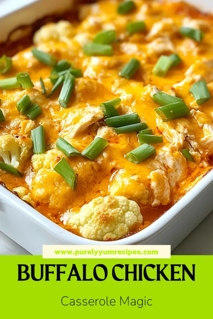 Discover the deliciousness of this Buffalo Chicken Cauliflower Casserole! This healthy buffalo chicken dish is perfect for those seeking a low-carb casserole that's packed with flavor. Our cauliflower casserole recipe features shredded chicken, Greek yogurt, and a blend of spices, topped with melty cheese. It's an easy Greek yogurt chicken bake that the whole family will love! Save this recipe for a delightful dinner tonight! #BuffaloChickenCasserole #HealthyRecipes #LowCarb #MealPrep
