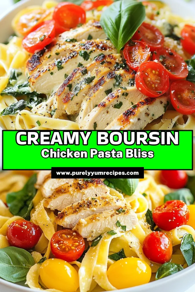 Indulge in this creamy Boursin chicken pasta for a quick and delicious dinner. This easy pasta recipe combines tender chicken with garlic and herb flavors from Boursin cheese, cherry tomatoes, and fresh spinach. Discover your new favorite creamy chicken pasta recipe that’s perfect for weeknight meals. Follow our step-by-step guide and impress your family tonight! Save this creamy Boursin chicken pasta recipe for your next culinary adventure. #BoursinCheeseRecipes #EasyPastaRecipes #CreamyChickenPastaRecipe #GarlicAndHerbChickenPasta