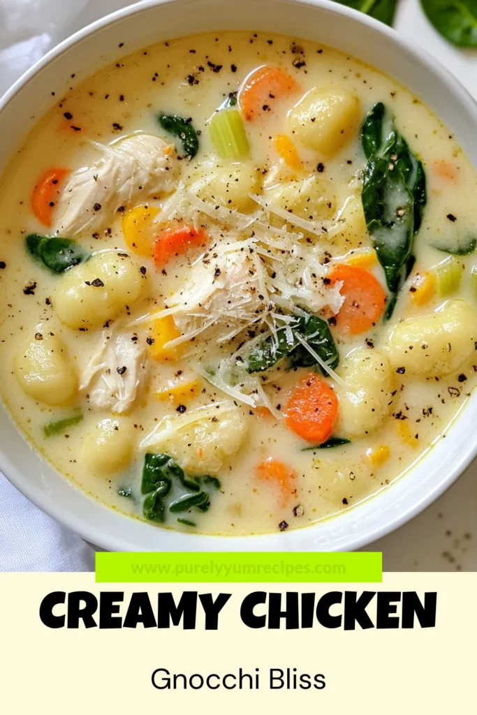 Indulge in this creamy chicken gnocchi soup that's perfect for cozy nights! This easy creamy chicken gnocchi soup recipe combines tender chicken, flavorful vegetables, and spinach, all in a rich broth. Ready in just 35 minutes, it's the ultimate homemade chicken soup with gnocchi that your family will love. Save this creamy chicken soup with spinach for your next meal—your taste buds will thank you! #ChickenGnocchiSoup #SoupRecipes #ComfortFood #EasyRecipes