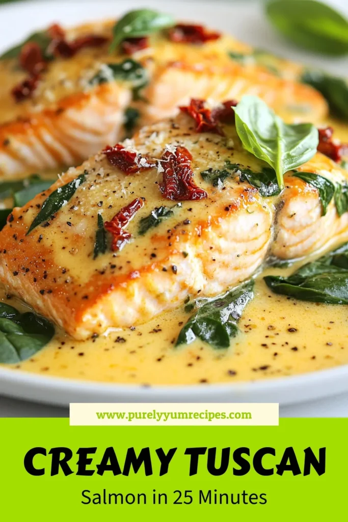 Discover the deliciousness of Creamy Tuscan Salmon, a perfect Italian style salmon dish that combines salmon fillets with savory spinach and sun-dried tomatoes. This easy salmon recipe features a rich Parmesan cream sauce that elevates any meal. Impress your family and friends with this simple yet elegant dish. Ready in just 25 minutes! Save this recipe and enjoy a delightful dinner tonight! #CreamyTuscanSalmon #EasySalmonRecipe #ItalianStyleSalmon #ParmesanCreamSauceSalmon