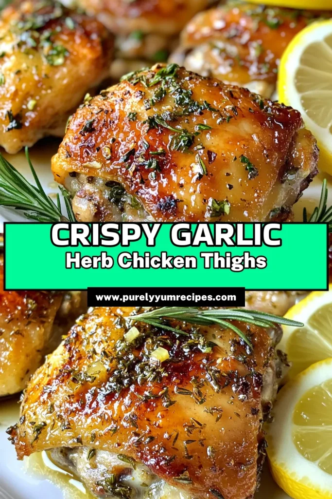Discover the ultimate easy chicken thigh recipe with these Garlic Herb Roasted Chicken Thighs. Enjoy crispy skin chicken thighs infused with aromatic garlic, rosemary, and thyme, finished with a zesty lemon twist. Perfect for a roasted chicken thigh dinner that impresses, this baked chicken with lemon is not only simple but incredibly flavorful. Save this recipe and elevate your weeknight meals! #GarlicHerbChicken #EasyChickenRecipes #CrispyChicken #RoastedChickenDinner