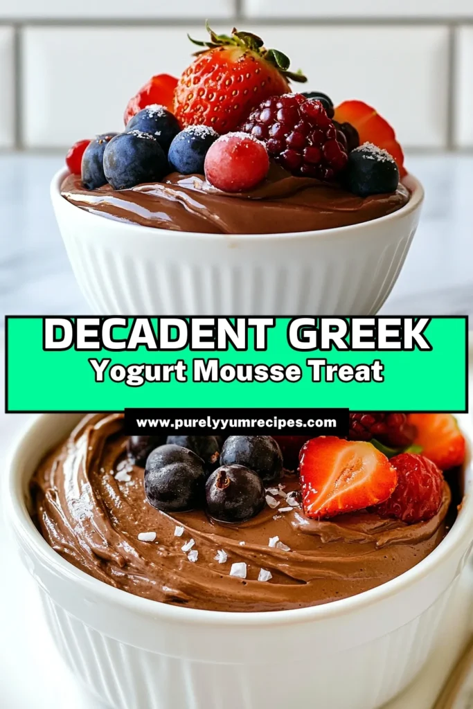Indulge guilt-free with this Greek yogurt chocolate mousse, a delicious high-protein chocolate dessert that's perfect for any occasion! This easy Greek yogurt dessert uses dark chocolate for a rich flavor and is sweetened with honey or maple syrup. Whip it up in just 10 minutes and chill for 30 to enjoy a creamy, satisfying treat! Save this healthy chocolate mousse recipe for your next dessert craving. #GreekYogurtChocolateMousse #HealthyDesserts #ChocolateMousse #EasyRecipes