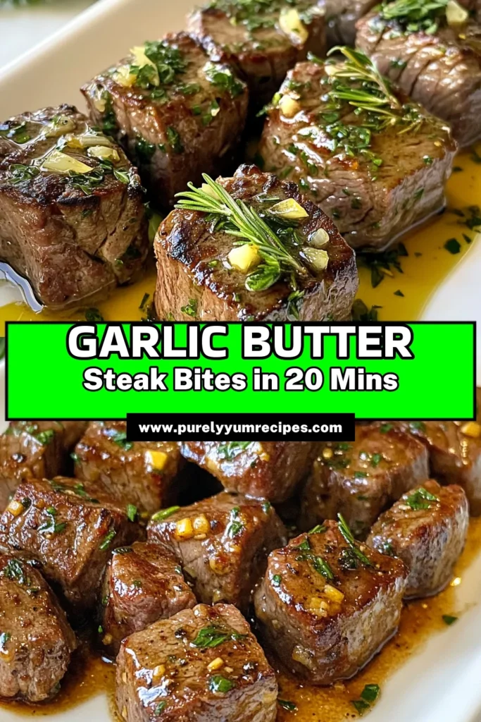Looking for a delicious and quick dinner idea? Try these Garlic Butter Steak Bites! This easy steak recipe features tender sirloin steak bites tossed in a flavorful garlic steak recipe that will impress any guest. Perfect for busy weeknights, these bite-sized delights are ready in just 20 minutes. Don't miss out—save this easy recipe for your next meal! #GarlicButterSteakBites #EasySteakRecipes #QuickDinnerIdeas #GarlicSteakRecipe