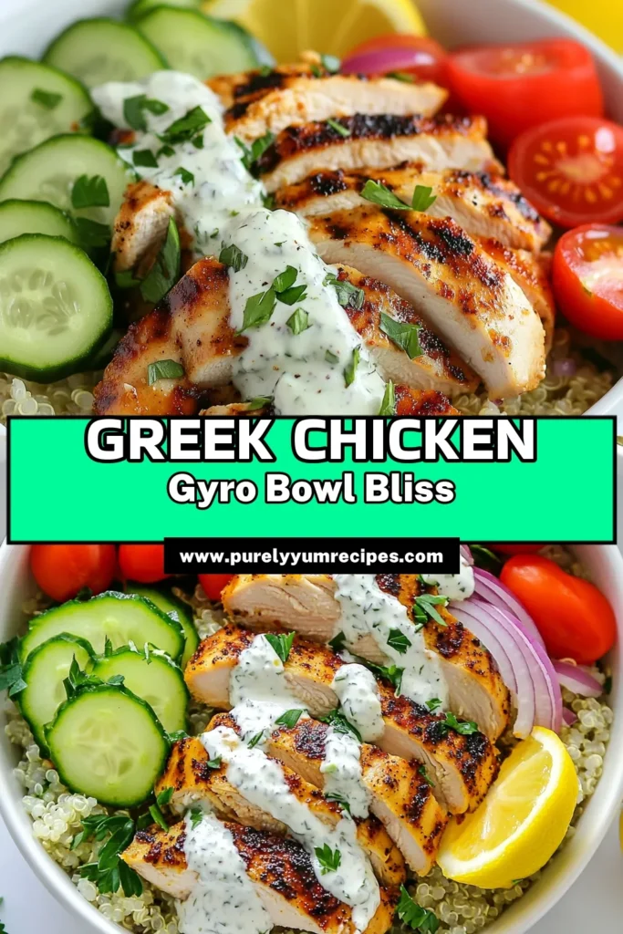 Looking for a delicious and healthy chicken gyro recipe? Try these Greek chicken gyro bowls! Packed with flavor, they're perfect for meal prep. Enjoy tender chicken topped with tzatziki sauce served over a quick quinoa salad with fresh veggies. It's a Mediterranean meal prep recipe that’s quick to make and sure to impress! Save this recipe for a tasty weeknight dinner! #GreekChickenGyroBowls #HealthyRecipes #MealPrep #MediterraneanFood