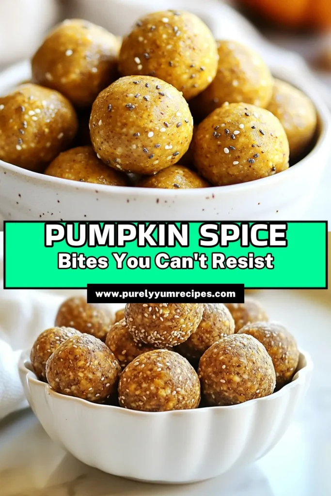 Looking for a delicious and healthy snack? Try these pumpkin spice energy bites! Perfect no-bake pumpkin energy snacks, these vegan pumpkin spice snacks will fuel your day. Our nutritious energy bites recipe combines rolled oats, creamy pumpkin puree, and your choice of nut butter for a tasty treat. Make this healthy pumpkin bites recipe today and enjoy guilt-free snacking! Save for later! #PumpkinSpice #HealthySnacks #EnergyBites #VeganRecipes