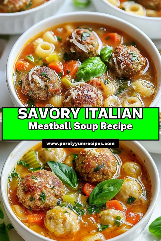 Discover the ultimate Italian meatball soup that's perfect for cozy nights! This hearty meatball soup recipe combines ground beef, fresh veggies, and pasta in a rich broth for a satisfying meal. Whether you’re wanting a homemade meatball soup or a delicious Italian soup with pasta, this easy recipe has you covered. Save this recipe for your next family dinner and bring warmth to your table! #ItalianMeatballSoup #MeatballSoupRecipe #GroundBeefSoup #ItalianSoupWithPasta