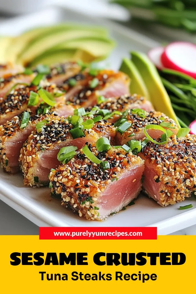 Enjoy a delicious and healthy meal with these sesame crusted tuna steaks! This easy seared tuna recipe guides you on how to cook tuna steaks perfectly, featuring a flavorful marinade and a delightful sesame coating. Perfect for a quick weeknight dinner or a special occasion, this marinated tuna steak is a must-try! Save this recipe for a tasty twist on healthy tuna recipes! #TunaSteaks #HealthyRecipes #SearedTuna #SeafoodDishes