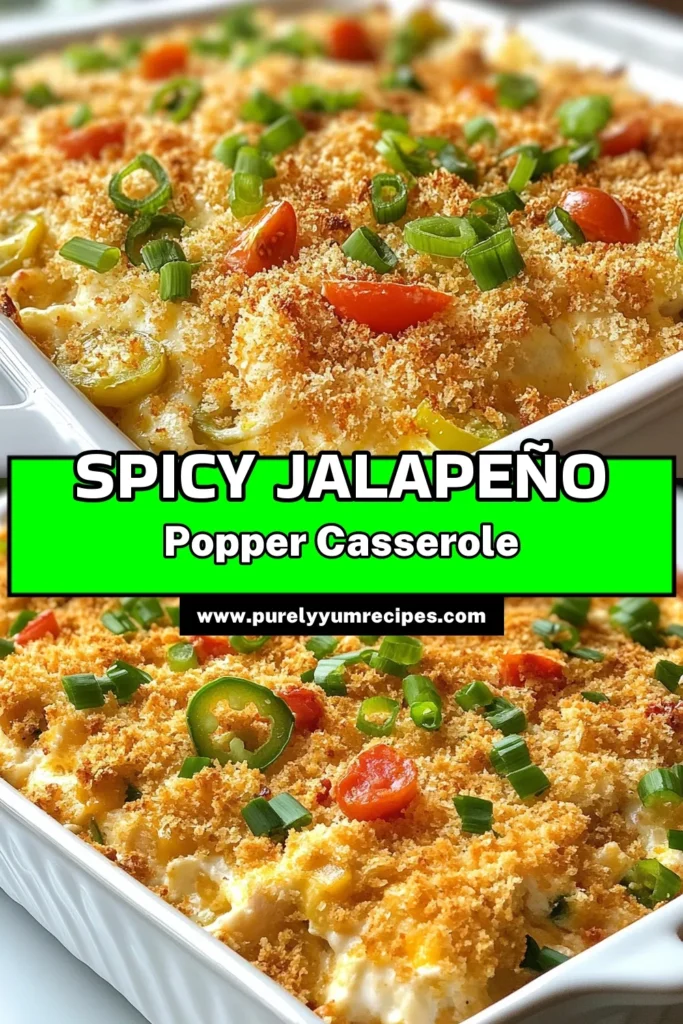 Elevate your dinner with this Fiery Jalapeño Popper Chicken Casserole! This must-try jalapeño popper recipe combines shredded chicken, creamy cheese, and spicy jalapeños for a deliciously rich meal. Topped with crispy panko, this spicy jalapeño casserole is perfect for family gatherings or cozy nights in. Ready in just 45 minutes, it’s a crowd-pleaser you’ll want to save. Try it tonight! #ChickenCasserole #JalapenoPopper #CreamCheese #SpicyCasserole