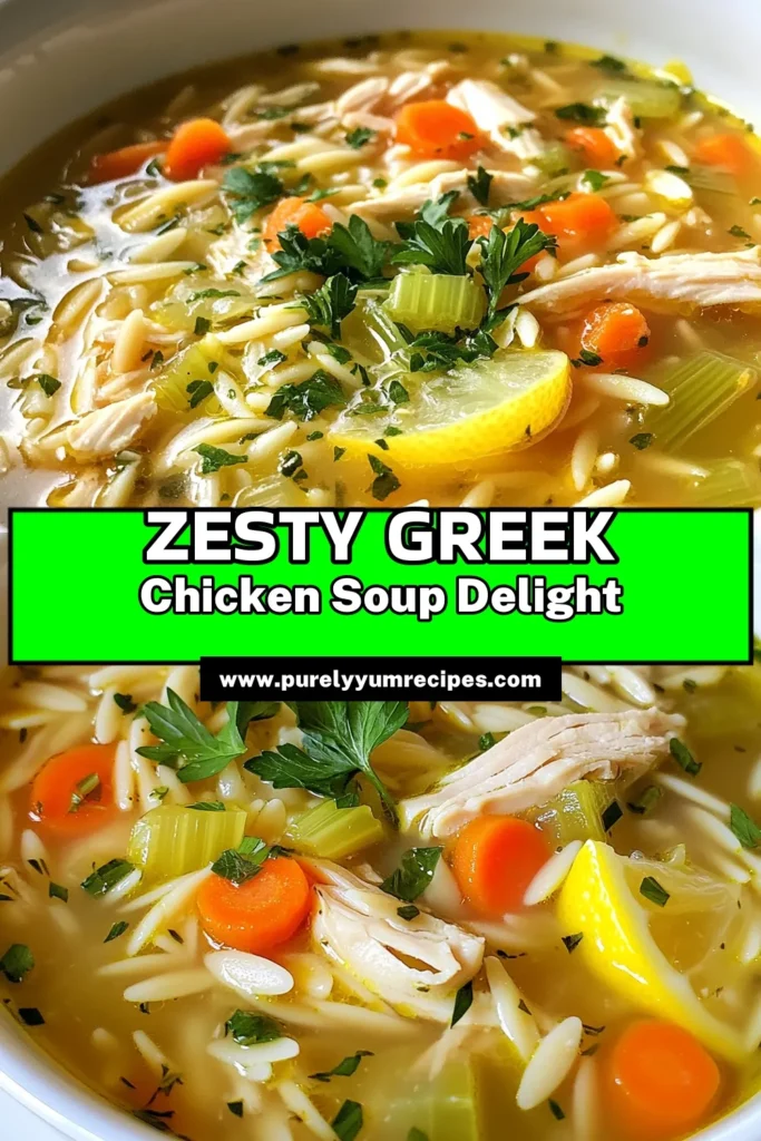 Discover the delightful flavors of Lemon Zest Chicken Soup with this easy Greek chicken soup recipe! This healthy Lemon Chicken Soup features tender chicken, fresh vegetables, and orzo pasta, making it the perfect comfort meal. Ready in just 35 minutes, you’ll love how simple it is to create this delicious dish. Save this recipe for a wholesome dinner idea! #GreekChickenSoup #LemonZestChickenSoup #HealthyLemonChickenSoup #EasyGreekSoup
