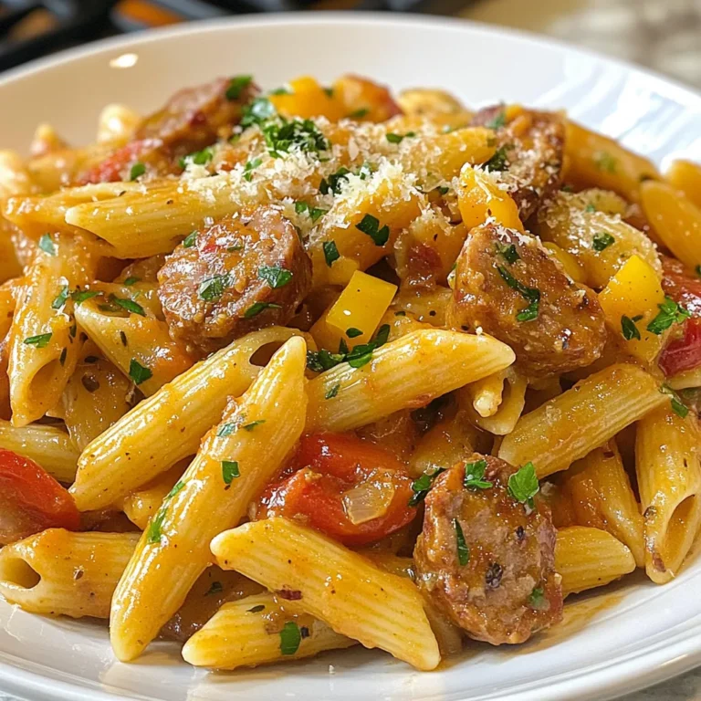 - 12 oz. penne pasta - 1 lb. Cajun or Andouille sausage, sliced into rounds - 1 tablespoon olive oil - 1 medium onion, diced finely - 3 cloves garlic, minced - 1 red bell pepper, diced - 1 green bell pepper, diced - 1 cup heavy cream - 1 cup chicken broth (low sodium recommended) - 1 tablespoon Cajun seasoning - 1 teaspoon smoked paprika - Salt and black pepper to taste - 1 cup grated Parmesan cheese - Fresh parsley, chopped (for garnish) Gather these ingredients before you start. The penne pasta gives a nice bite. The sausage adds a spicy kick. I love using Cajun or Andouille sausage for the best flavor. You need olive oil to sauté the sausage and veggies. Dice the onion, red bell pepper, and green bell pepper. These veggies add color and sweetness. Minced garlic gives a strong, aromatic flavor. Heavy cream and chicken broth make the sauce rich and smooth. Cajun seasoning and smoked paprika bring warmth and depth. Salt and black pepper sharpen the dish's overall taste. Don’t forget the grated Parmesan cheese! It melts beautifully into the sauce. Finally, fresh parsley makes a bright and colorful garnish. Enjoy the rainbow of flavors in this dish! {{ingredient_image_2}} First, fill a large pot with water. Add a generous amount of salt. Bring it to a rolling boil. Add your penne pasta to the boiling water. Cook it for about 10-12 minutes. You want it to be al dente. When the pasta is done, drain it in a colander. Save a cup of pasta water for later use. Now, take a large skillet and heat olive oil over medium heat. Add the sliced sausage to the skillet. Cook it for about 5 minutes. You want it to brown and get crispy. Once it's done, remove the sausage from the skillet. Set it aside on a plate, but leave those tasty drippings in the pan. In the same skillet, add your diced onion, red bell pepper, and green bell pepper. Sauté these for about 5-7 minutes. You want them to be tender and a bit caramelized. Next, add the minced garlic. Cook it for one more minute until you smell that wonderful aroma. Pour the chicken broth into the skillet and bring it to a gentle simmer. Then, stir in the heavy cream. Add the Cajun seasoning and smoked paprika for that kick. Let the sauce simmer for about 3-5 minutes. Stir it occasionally until it thickens and becomes creamy. Return the browned sausage to the skillet. Mix it well with the sauce. Then, add the cooked penne pasta. Toss everything together until the pasta is coated in the creamy sauce. If the sauce feels too thick, add a splash of the reserved pasta water. Adjust it until you like the consistency. Season with salt and pepper to taste. Finally, sprinkle the grated Parmesan cheese over the pasta. Stir until the cheese melts into the sauce. This creates a luscious, creamy texture. Once mixed, remove the skillet from the heat. Enjoy your delicious creamy Cajun sausage pasta! - Avoiding Overcooking: Always cook your pasta in boiling salted water. Follow the package time closely, aiming for al dente. Test a piece before draining to ensure it’s firm yet tender. Overcooking leads to mushy pasta, which ruins the dish. - Ensuring Flavorful Sauces: Use the sausage drippings left in the skillet. They add depth to the sauce. Simmer the sauce gently to blend flavors well. Stir in the heavy cream slowly, allowing it to thicken nicely. - Options for Sausage Alternatives: If you prefer a lighter option, turkey sausage works well. You can also use vegetarian sausage or mushrooms for a meat-free version. Both alternatives bring unique flavors to your pasta. - Dairy-Free Adjustments: To make this dish dairy-free, use coconut cream instead of heavy cream. Nutritional yeast can replace Parmesan cheese for a cheesy flavor without dairy. - Plating Ideas for Visual Appeal: Serve the pasta in shallow bowls. Twirl the pasta into a nest for a nice look. This presentation adds elegance to your meal. - Garnishing Options with Fresh Ingredients: Top the dish with extra Parmesan cheese and chopped parsley. A light drizzle of olive oil adds shine and flavor. You can also add a squeeze of lemon for brightness. Pro Tips Cook Pasta Al Dente: Make sure to cook your penne pasta until just al dente for the best texture. It will continue to cook slightly when mixed with the sauce. Use Fresh Ingredients: Fresh vegetables and herbs will elevate the flavor of your dish. Consider using fresh garlic and parsley for a vibrant taste. Adjust Spice Level: If you prefer a milder dish, reduce the amount of Cajun seasoning or opt for a milder sausage. You can always add more spice later! Save Pasta Water: Always reserve a cup of pasta water before draining. This starchy water can be used to adjust the sauce's consistency and help it cling to the pasta. {{image_4}} You can make your dish hotter with a few simple tweaks. First, try adding red pepper flakes. Just a pinch can boost the heat. If you want even more spice, increase the Cajun seasoning. Adjust it to your taste. If you want a meat-free option, you can swap the sausage for veggies. Try mushrooms or zucchini. They add great flavor and texture. For creaminess, use non-dairy options like almond milk or coconut cream. These keep the dish rich without the dairy. One-pot meals save time and cleanup. Start by cooking the sausage in a large pot. Remove it once browned. Next, add the veggies and cook them in the same pot. Add your pasta and broth together, letting it cook until tender. This method keeps all the flavors in one dish. Use a lid to trap steam for faster cooking. - Refrigeration Guidelines: After you finish your meal, let the pasta cool. Store it in an airtight container. Place it in the fridge within two hours of cooking. This keeps the pasta fresh. - Recommended Storage Containers: Use glass or BPA-free plastic containers. They help keep the flavor and texture. Choose containers that fit your portion size. - Best Practices for Freezing Pasta Dishes: To freeze the pasta, let it cool completely. Then, divide it into portions. Use freezer-safe bags or containers. Remove as much air as possible before sealing. - Thawing and Reheating Instructions: To thaw, place the frozen pasta in the fridge overnight. Reheat it in a saucepan over medium heat with a splash of chicken broth. Stir until warmed through. - When to Consume Leftovers: Eat leftovers within three to four days if stored in the fridge. If frozen, use them within three months for best taste. - Signs of Spoilage: Look for changes in color or texture. If it smells off or has mold, do not eat it. Always trust your senses when it comes to food safety. Yes, you can make this dish ahead of time. To prep, cook the pasta and sausage as directed. Store them separately in sealed containers in the fridge. When you're ready to eat, reheat the sausage and sauce in a skillet. Add the pasta and stir until warm. This keeps the pasta from getting mushy. You can serve this dish with a fresh salad or garlic bread. A simple green salad adds crunch and freshness. Garlic bread pairs well with the creamy sauce and is great for dipping. You might also enjoy steamed vegetables like broccoli or green beans on the side. To reduce the spice, use less Cajun seasoning. You can also add a bit more cream or cheese to the sauce. This will help tone down the heat. Consider using bell peppers or cream to balance the flavors. Absolutely! You can use any pasta you like. Penne works well, but rotini or farfalle are great choices too. Just adjust the cooking time based on the pasta type. The key is to keep it al dente for the best texture. Yes, this recipe is perfect for meal prep! Cook and portion it out in advance. Store in airtight containers in the fridge. It will stay good for up to four days. For longer storage, you can freeze it for up to three months. Just remember to reheat it gently. This blog post covered how to make a delicious Creamy Cajun Sausage Pasta. We discussed all the key ingredients and detailed steps to cook it perfectly. I shared tips for storing leftovers and variations to suit different tastes. Remember, you can easily adjust spices and substitutes for a personalized dish. Cooking should be fun, so try out different ideas. With practice, you'll make it your very own. Enjoy your cooking adventure with this creamy, flavorful dish!
