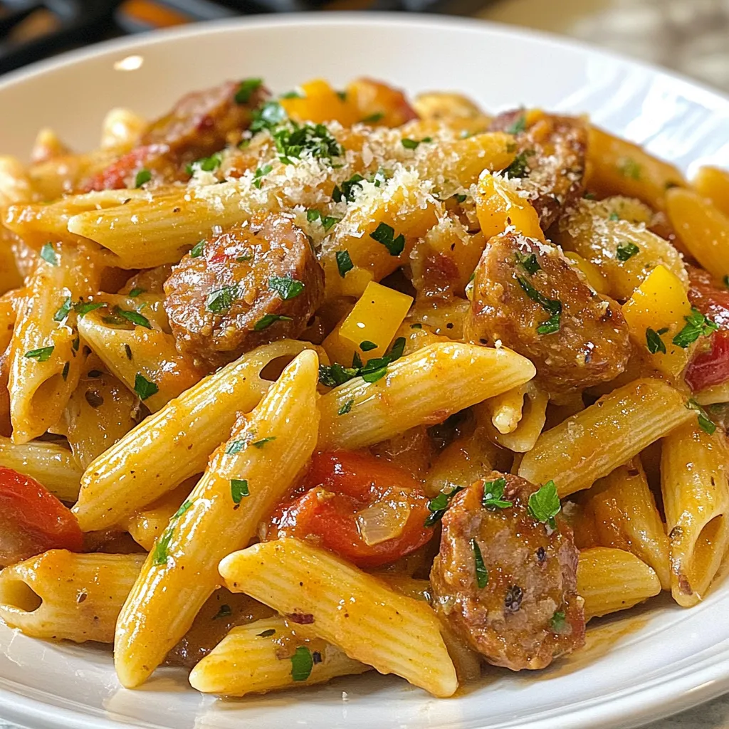 - 12 oz. penne pasta - 1 lb. Cajun or Andouille sausage, sliced into rounds - 1 tablespoon olive oil - 1 medium onion, diced finely - 3 cloves garlic, minced - 1 red bell pepper, diced - 1 green bell pepper, diced - 1 cup heavy cream - 1 cup chicken broth (low sodium recommended) - 1 tablespoon Cajun seasoning - 1 teaspoon smoked paprika - Salt and black pepper to taste - 1 cup grated Parmesan cheese - Fresh parsley, chopped (for garnish) Gather these ingredients before you start. The penne pasta gives a nice bite. The sausage adds a spicy kick. I love using Cajun or Andouille sausage for the best flavor. You need olive oil to sauté the sausage and veggies. Dice the onion, red bell pepper, and green bell pepper. These veggies add color and sweetness. Minced garlic gives a strong, aromatic flavor. Heavy cream and chicken broth make the sauce rich and smooth. Cajun seasoning and smoked paprika bring warmth and depth. Salt and black pepper sharpen the dish's overall taste. Don’t forget the grated Parmesan cheese! It melts beautifully into the sauce. Finally, fresh parsley makes a bright and colorful garnish. Enjoy the rainbow of flavors in this dish! {{ingredient_image_2}} First, fill a large pot with water. Add a generous amount of salt. Bring it to a rolling boil. Add your penne pasta to the boiling water. Cook it for about 10-12 minutes. You want it to be al dente. When the pasta is done, drain it in a colander. Save a cup of pasta water for later use. Now, take a large skillet and heat olive oil over medium heat. Add the sliced sausage to the skillet. Cook it for about 5 minutes. You want it to brown and get crispy. Once it's done, remove the sausage from the skillet. Set it aside on a plate, but leave those tasty drippings in the pan. In the same skillet, add your diced onion, red bell pepper, and green bell pepper. Sauté these for about 5-7 minutes. You want them to be tender and a bit caramelized. Next, add the minced garlic. Cook it for one more minute until you smell that wonderful aroma. Pour the chicken broth into the skillet and bring it to a gentle simmer. Then, stir in the heavy cream. Add the Cajun seasoning and smoked paprika for that kick. Let the sauce simmer for about 3-5 minutes. Stir it occasionally until it thickens and becomes creamy. Return the browned sausage to the skillet. Mix it well with the sauce. Then, add the cooked penne pasta. Toss everything together until the pasta is coated in the creamy sauce. If the sauce feels too thick, add a splash of the reserved pasta water. Adjust it until you like the consistency. Season with salt and pepper to taste. Finally, sprinkle the grated Parmesan cheese over the pasta. Stir until the cheese melts into the sauce. This creates a luscious, creamy texture. Once mixed, remove the skillet from the heat. Enjoy your delicious creamy Cajun sausage pasta! - Avoiding Overcooking: Always cook your pasta in boiling salted water. Follow the package time closely, aiming for al dente. Test a piece before draining to ensure it’s firm yet tender. Overcooking leads to mushy pasta, which ruins the dish. - Ensuring Flavorful Sauces: Use the sausage drippings left in the skillet. They add depth to the sauce. Simmer the sauce gently to blend flavors well. Stir in the heavy cream slowly, allowing it to thicken nicely. - Options for Sausage Alternatives: If you prefer a lighter option, turkey sausage works well. You can also use vegetarian sausage or mushrooms for a meat-free version. Both alternatives bring unique flavors to your pasta. - Dairy-Free Adjustments: To make this dish dairy-free, use coconut cream instead of heavy cream. Nutritional yeast can replace Parmesan cheese for a cheesy flavor without dairy. - Plating Ideas for Visual Appeal: Serve the pasta in shallow bowls. Twirl the pasta into a nest for a nice look. This presentation adds elegance to your meal. - Garnishing Options with Fresh Ingredients: Top the dish with extra Parmesan cheese and chopped parsley. A light drizzle of olive oil adds shine and flavor. You can also add a squeeze of lemon for brightness. Pro Tips Cook Pasta Al Dente: Make sure to cook your penne pasta until just al dente for the best texture. It will continue to cook slightly when mixed with the sauce. Use Fresh Ingredients: Fresh vegetables and herbs will elevate the flavor of your dish. Consider using fresh garlic and parsley for a vibrant taste. Adjust Spice Level: If you prefer a milder dish, reduce the amount of Cajun seasoning or opt for a milder sausage. You can always add more spice later! Save Pasta Water: Always reserve a cup of pasta water before draining. This starchy water can be used to adjust the sauce's consistency and help it cling to the pasta. {{image_4}} You can make your dish hotter with a few simple tweaks. First, try adding red pepper flakes. Just a pinch can boost the heat. If you want even more spice, increase the Cajun seasoning. Adjust it to your taste. If you want a meat-free option, you can swap the sausage for veggies. Try mushrooms or zucchini. They add great flavor and texture. For creaminess, use non-dairy options like almond milk or coconut cream. These keep the dish rich without the dairy. One-pot meals save time and cleanup. Start by cooking the sausage in a large pot. Remove it once browned. Next, add the veggies and cook them in the same pot. Add your pasta and broth together, letting it cook until tender. This method keeps all the flavors in one dish. Use a lid to trap steam for faster cooking. - Refrigeration Guidelines: After you finish your meal, let the pasta cool. Store it in an airtight container. Place it in the fridge within two hours of cooking. This keeps the pasta fresh. - Recommended Storage Containers: Use glass or BPA-free plastic containers. They help keep the flavor and texture. Choose containers that fit your portion size. - Best Practices for Freezing Pasta Dishes: To freeze the pasta, let it cool completely. Then, divide it into portions. Use freezer-safe bags or containers. Remove as much air as possible before sealing. - Thawing and Reheating Instructions: To thaw, place the frozen pasta in the fridge overnight. Reheat it in a saucepan over medium heat with a splash of chicken broth. Stir until warmed through. - When to Consume Leftovers: Eat leftovers within three to four days if stored in the fridge. If frozen, use them within three months for best taste. - Signs of Spoilage: Look for changes in color or texture. If it smells off or has mold, do not eat it. Always trust your senses when it comes to food safety. Yes, you can make this dish ahead of time. To prep, cook the pasta and sausage as directed. Store them separately in sealed containers in the fridge. When you're ready to eat, reheat the sausage and sauce in a skillet. Add the pasta and stir until warm. This keeps the pasta from getting mushy. You can serve this dish with a fresh salad or garlic bread. A simple green salad adds crunch and freshness. Garlic bread pairs well with the creamy sauce and is great for dipping. You might also enjoy steamed vegetables like broccoli or green beans on the side. To reduce the spice, use less Cajun seasoning. You can also add a bit more cream or cheese to the sauce. This will help tone down the heat. Consider using bell peppers or cream to balance the flavors. Absolutely! You can use any pasta you like. Penne works well, but rotini or farfalle are great choices too. Just adjust the cooking time based on the pasta type. The key is to keep it al dente for the best texture. Yes, this recipe is perfect for meal prep! Cook and portion it out in advance. Store in airtight containers in the fridge. It will stay good for up to four days. For longer storage, you can freeze it for up to three months. Just remember to reheat it gently. This blog post covered how to make a delicious Creamy Cajun Sausage Pasta. We discussed all the key ingredients and detailed steps to cook it perfectly. I shared tips for storing leftovers and variations to suit different tastes. Remember, you can easily adjust spices and substitutes for a personalized dish. Cooking should be fun, so try out different ideas. With practice, you'll make it your very own. Enjoy your cooking adventure with this creamy, flavorful dish!