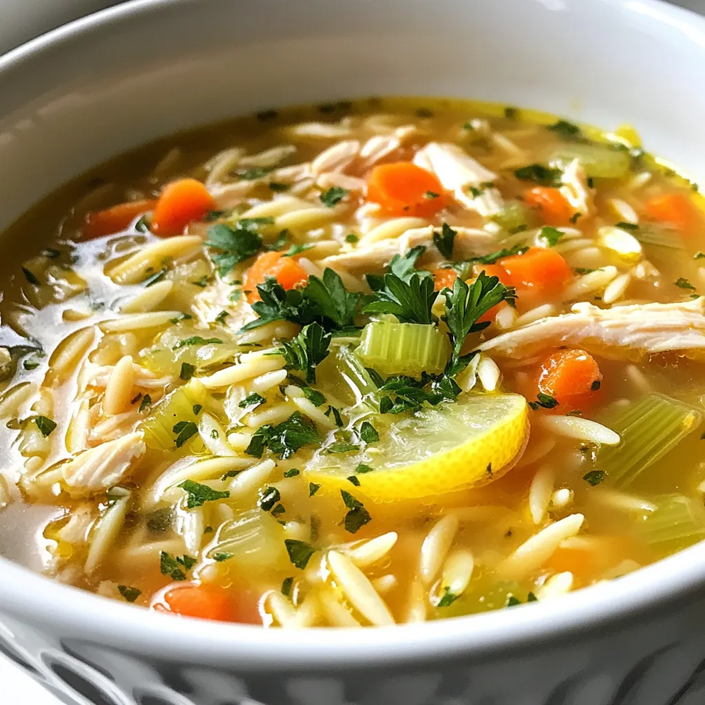 Here is a list of the ingredients you will need for Greek Lemon Chicken Soup: - 1 lb boneless chicken breast - 1 medium yellow onion - 2 cloves garlic - 2 medium carrots - 2 celery stalks - 1 cup orzo pasta - 6 cups low-sodium chicken broth - 3 tbsp freshly squeezed lemon juice - Zest of 1 large lemon - 2 tbsp extra virgin olive oil - 1 tsp dried oregano - Salt and pepper to taste - Fresh parsley for garnish Each ingredient plays a key role in making this soup flavorful and comforting. The chicken breast gives protein. The onion, garlic, carrots, and celery add a sweet base. Orzo pasta gives heartiness, while lemon juice and zest bring a bright kick. Olive oil adds richness and depth. Dried oregano brings that classic Greek touch. Lastly, parsley adds freshness. Enjoy gathering these ingredients; they will work together to create a delightful dish! {{ingredient_image_2}} Start by heating the olive oil in a large pot over medium heat. Add the chopped onion, diced carrots, and diced celery. Sauté them for about 5 minutes. Stir occasionally until the vegetables soften and the onion turns translucent. This step builds the soup's flavor base. Next, add the minced garlic to the pot. Cook for one more minute, stirring often. This keeps the garlic from burning and adds a nice aroma. Now, it's time to add the diced chicken breast to the pot. Season the chicken with salt, pepper, and dried oregano. Stir the mixture well. Cook the chicken for about 5 to 7 minutes. You want to ensure it turns white and is no longer pink in the center. This step is crucial for flavor and food safety. Pour the low-sodium chicken broth into the pot. Increase the heat to bring it to a rolling boil. Once boiling, reduce the heat and let it simmer. Add the orzo pasta to the pot and stir well. Cook the orzo according to the package instructions, usually about 8 to 10 minutes. You want it al dente, which means firm but cooked through. This gives the soup a nice texture. Stir in the fresh lemon juice and lemon zest. This adds a bright flavor to the soup. Taste the soup and adjust the seasoning with more salt and pepper, if needed. Allow it to simmer for another minute to blend the flavors. Finally, remove the pot from the heat. Ladle the soup into bowls and garnish with fresh parsley. Serve hot and enjoy this comforting dish! To cook orzo just right, start timing when you add it to the soup. Check the package for cooking times, usually about 8-10 minutes. Stir the orzo often to keep it from sticking. To check for doneness, taste a piece. It should be firm but not hard. To boost the flavor, add fresh herbs like thyme or dill. A pinch of red pepper flakes adds a nice kick. For extra zing, squeeze more lemon juice to taste. The balance of flavors makes the soup bright and fresh. For crunchy toppings, try adding toasted bread or croutons. They add a nice contrast to the soup. If you want a creamier texture, stir in a splash of heavy cream or yogurt. This makes every bite rich and smooth. Pro Tips Use Fresh Ingredients: Fresh vegetables and herbs can significantly enhance the flavor of your soup. Opt for organic and in-season produce whenever possible for the best taste. Perfectly Cooked Orzo: To prevent the orzo from becoming mushy, cook it separately in salted water and then add it to the soup just before serving. This keeps the pasta al dente and maintains a pleasant texture. Adjusting Acidity: If you prefer a more pronounced lemon flavor, feel free to add more lemon juice or zest to taste. Start with a small amount and adjust gradually to avoid overpowering the soup. Make it a Meal: To turn this soup into a heartier meal, consider adding a handful of spinach or kale just before serving. This not only adds nutrition but also a vibrant pop of color. {{image_4}} To make a vegetarian version of Greek Lemon Chicken Soup, swap chicken for chickpeas or tofu. Chickpeas lend a hearty texture and protein. Tofu absorbs the soup's flavors well. Use vegetable broth instead of chicken broth. This change keeps the soup rich and tasty. You can add spinach or kale for extra nutrition. Both greens pack vitamins and minerals. Toss in other veggies, like zucchini or peas, for more flavor and color. These additions make the soup even more vibrant and healthy. Try using different small pasta shapes, like small shells or ditalini. They add unique texture to the soup. For those needing gluten-free options, choose gluten-free pasta. These swaps keep the dish enjoyable for everyone. To keep your Greek Lemon Chicken Soup fresh, place it in the fridge soon after serving. Use airtight containers to avoid air exposure. This helps maintain both flavor and texture. Open storage can dry out the soup, so it’s not a good choice. For freezing, let the soup cool completely before transferring it to freezer-safe containers. Leave some space at the top for expansion. When you’re ready to eat, thaw it in the fridge overnight. Reheat gently on the stove over low heat. Stir well to ensure even heating. In the refrigerator, your soup lasts about 3 to 4 days. If you freeze it, expect it to last for about 2 to 3 months. Always check for off smells or changes in texture before eating. Yes, you can make Greek Lemon Chicken Soup in advance. It tastes great when reheated. To prep ahead, cook the soup, let it cool, and store it in the fridge. Use an airtight container for best results. This soup keeps well for about three days. If you want to freeze it, wait until the soup cools. Freeze it for up to three months. You can serve Greek Lemon Chicken Soup with some tasty sides. Here are a few great options: - Crusty bread: A fresh loaf pairs well with the soup. - Greek salad: Crisp greens and feta add a nice touch. - Pita chips: For a crunchy side, pita chips work well. - Olive tapenade: Spread it on bread for extra flavor. These sides complement the soup's bright flavors. Yes, rotisserie chicken is a great shortcut for this soup. To use it, shred about 2 cups of chicken. Add it to the pot after cooking the veggies and before adding the broth. This saves time and adds flavor. Be sure to adjust the seasoning. Rotisserie chicken may be saltier than raw chicken. Taste the soup before adding more salt. You might need less than the recipe suggests. This way, you keep the flavors balanced. This blog covers the key steps to making Greek Lemon Chicken Soup. You learned about essential ingredients, cooking techniques, and variations. I shared tips for perfect orzo and ideas for enhancing flavor and texture. Remember, you can modify this recipe to fit your tastes, whether by adding veggies, switching to a vegetarian recipe, or using different pasta. Store leftovers properly for future meals. This soup is not just delicious; it can be a great meal prep option for busy days. Enjoy your cooking!