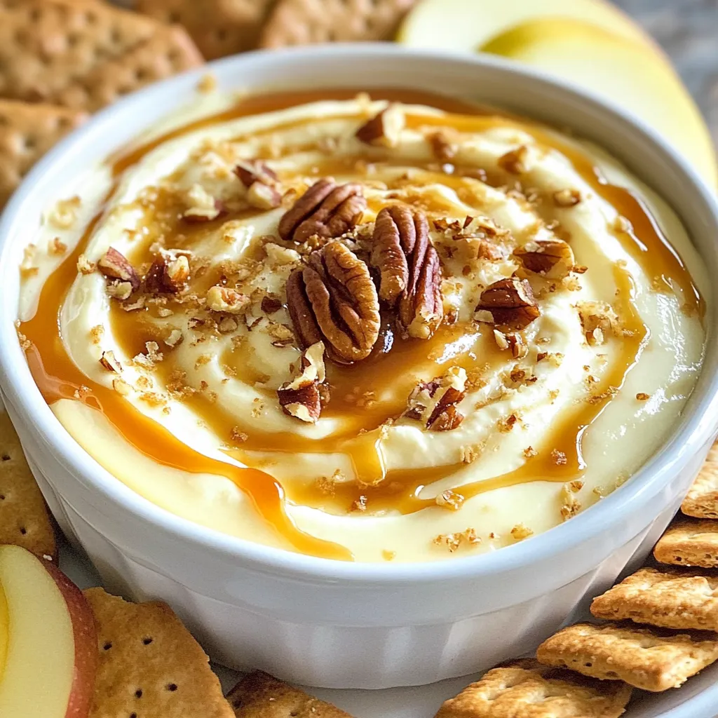 To make the best caramel pecan cheesecake dip, you need these key ingredients: - 8 oz cream cheese, softened to room temperature - 1/2 cup powdered sugar - 1/2 cup packed brown sugar - 1 teaspoon pure vanilla extract - 1/2 cup heavy whipping cream, chilled - 1/2 cup pecans, finely chopped - 1/2 cup caramel sauce These items form the base of your dip. The cream cheese gives it a rich texture. The sugars add sweetness, while the vanilla adds depth. The whipped cream makes it light and fluffy. Chopped pecans give a nice crunch, and caramel sauce provides a sweet finish. For a delightful experience, consider these tasty dippers: - Graham crackers - Crisp apple slices - Crunchy pretzels These options add fun textures and flavors. The sweet crackers balance the dip's richness. Apples add a refreshing crunch. Pretzels bring a salty twist. You can easily swap some ingredients if needed: - Use low-fat cream cheese for a lighter option. - Replace heavy cream with whipped topping for ease. - If you don't have brown sugar, regular sugar works fine. These substitutions keep the flavor while fitting your needs. Always remember, cooking is about experimenting and personalizing! {{ingredient_image_2}} First, grab a large mixing bowl. Use an electric mixer to beat 8 oz of softened cream cheese. Mix it for about 2-3 minutes until it's smooth and creamy. Next, add 1/2 cup of powdered sugar and 1/2 cup of packed brown sugar gradually. Keep mixing on low speed until both sugars blend in well. Now, pour in 1 teaspoon of pure vanilla extract and mix it briefly. This adds a nice flavor to your dip. In another bowl, whip 1/2 cup of chilled heavy cream. Use clean beaters and whip until you see stiff peaks, which should take about 3-5 minutes. Now, gently fold the whipped cream into the cream cheese mixture. Do this in batches to keep the airiness. Use a spatula to mix until it's just combined. This step makes your dip light and fluffy. Transfer your cheesecake dip into a decorative bowl. Drizzle 1/2 cup of caramel sauce over the top. Save some chopped pecans to sprinkle on for a crunchy finish. For dipping, serve with graham crackers, crisp apple slices, or crunchy pretzels. This mix of textures makes every bite exciting! For a fun twist, you can also show off the dip in a clear glass bowl to highlight the layers. To get that smooth and creamy dip, start with softened cream cheese. Use an electric mixer for about 2-3 minutes. This makes sure it blends well. Add the sugars slowly, mixing on low speed. This prevents lumps. When you fold in the whipped cream, be gentle. This keeps the dip light and airy. If you mix too hard, it can become dense. If you have any dip left, store it in an airtight container. It stays fresh in the fridge for up to three days. When you want to eat it again, just stir it well before serving. If it looks a bit thick, add a splash of cream to restore its texture. Avoid freezing this dip, as it can change the texture. For a stunning display, use a clear glass bowl. This shows off the creamy dip and the drizzled caramel. Sprinkle some extra pecans on top for a crunchy touch. You can also place a small dish of extra caramel sauce on the side. This lets guests add more sweetness if they want. Serve with colorful graham crackers or fresh apple slices to create a fun contrast. Pro Tips Serve Chilled: For the best flavor and texture, ensure that the cheesecake dip is chilled before serving. This helps to enhance the creamy consistency and flavor profile. Customize Your Dippers: While graham crackers and apple slices are classic choices, feel free to get creative! Try using chocolate wafers, pretzel crisps, or even sliced strawberries for a fun twist. Make It Ahead: This dip can be prepared a day in advance. Just store it in an airtight container in the refrigerator, and give it a gentle stir before serving. Drizzle with Extra Caramel: For an extra indulgent touch, serve the dip with a small bowl of additional caramel sauce on the side, allowing guests to add as much sweetness as they desire. {{image_4}} You can easily change the flavor of your dip. Try adding a pinch of cinnamon for warmth. You can also mix in some cocoa powder for a chocolate twist. If you love coffee, add a teaspoon of instant coffee granules. Each addition brings its own charm to the dip. While pecans are classic, you can use other nuts. Walnuts add a rich taste and crunchy texture. Almonds are a great choice too. They give a nice crunch and a sweet flavor. Just chop them finely before mixing into the dip. Seasonal flavors can make this dip even more fun. In fall, add pumpkin spice for a cozy vibe. During the holidays, try mixing in peppermint extract for a festive touch. In summer, fresh berries can brighten the dip and add a fruity note. Each season brings a new way to enjoy this treat! You should keep any leftover dip in an airtight container. This helps keep it fresh for longer. Place it in your fridge right after serving. The cool air will slow down spoilage. Make sure to seal it well to avoid any odors from mixing. This dip is best enjoyed cold, so reheating is not needed. If you prefer it warm, use a microwave. Heat it in short bursts of about 15 seconds. Stir in between until it reaches your desired warmth. Be careful not to overheat, as this can change the texture. The dip lasts about 3-5 days in the fridge. If you want it to last longer, consider freezing it. Place it in a freezer-safe container. It can stay good for about 2-3 months in the freezer. To thaw, put it in the fridge overnight. Stir it well before serving to regain the creamy texture. Yes, you can make this dip ahead of time. Just prepare it and store it in the fridge. It stays tasty for up to two days. This makes it great for parties. Just remember to add the caramel sauce before serving. This keeps it fresh and yummy. You can serve this dip with many fun snacks. Here are some great options: - Graham crackers - Crisp apple slices - Crunchy pretzels These snacks give a nice crunch and contrast to the creamy dip. You can mix and match, too! Yes, low-fat cream cheese can work here. It changes the texture a bit, but it will still taste good. Just make sure to mix it well for a creamy dip. If you prefer lighter options, this is a good choice! This blog post covered the key ingredients, step-by-step instructions, and helpful tips for caramel pecan cheesecake dip. You learned how to create a creamy texture and how to add personal touches. Remember, storage is simple, and variations are fun. This dip is a great treat for any gathering. Keep experimenting with flavors and presentation to make it your own. Enjoy sharing this delicious dip with friends and family!