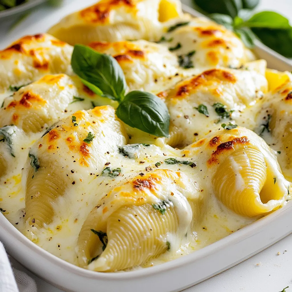To make Creamy Alfredo Stuffed Shells, gather these simple ingredients: - 20 large pasta shells - 2 cups ricotta cheese - 1 cup grated mozzarella cheese (divided) - 1/2 cup grated Parmesan cheese - 1 cup fresh spinach, chopped - 2 cups Alfredo sauce (store-bought or homemade) - 1 clove garlic, minced - 1 teaspoon Italian seasoning - Salt and pepper to taste - Fresh basil leaves for garnish These ingredients blend to create a rich and creamy dish. The large pasta shells serve as the perfect vessel for the cheese filling. Ricotta cheese adds a smooth texture, while the mozzarella and Parmesan give a nice cheesy taste. Fresh spinach not only brings color but also adds nutrients. The Alfredo sauce ties everything together with its creamy goodness. Feel free to mix and match these ingredients. You can add more cheese or use different greens. Each change will give your stuffed shells a unique twist. I often encourage people to taste as they go. Cooking should be fun and personal! {{ingredient_image_2}} Set your oven to 375°F (190°C). This helps the shells bake evenly and come out perfectly. Boil a large pot of salted water. Add the pasta shells and cook them until they are al dente. Drain the shells and rinse them with cold water. This stops the cooking process and helps them cool down. In a big mixing bowl, combine ricotta cheese, 1/2 cup of mozzarella, Parmesan, chopped spinach, minced garlic, Italian seasoning, salt, and pepper. Mix everything well until it is creamy and smooth. Take a spoon and fill each pasta shell with the cheese mixture. Press it gently to make sure the shell is full. Place the stuffed shells on a plate or a clean surface. Spread about 1/2 cup of Alfredo sauce across the bottom of a 9x13-inch baking dish. This creates a tasty base for your pasta. Carefully place the stuffed shells in a single layer over the Alfredo sauce. Make sure they are close but not touching. Pour the rest of the Alfredo sauce over the stuffed shells. Make sure each shell is covered to keep them moist while baking. Sprinkle the remaining grated mozzarella cheese over the top of the shells. This will give you a nice, cheesy crust when it bakes. Cover the baking dish tightly with aluminum foil. Bake it in the preheated oven for 25 minutes. This helps the shells cook and the flavors blend. After 25 minutes, take off the foil. Bake for another 10-15 minutes. You want the cheese to bubble and turn golden brown. Let the dish cool for a few minutes before serving. Add fresh basil leaves on top for a burst of flavor and color. To cook pasta shells perfectly, follow these steps: - Use a large pot to allow the shells to move freely. - Add enough salt to the water. It should taste like the ocean. - Cook the shells until they are al dente. This means they are firm but not hard. - After cooking, drain the shells and rinse them with cold water. This stops the cooking. - Let them cool before you fill them. Following these steps will help your shells stay intact and hold the filling well. For the cheese mixture, I like to add a few simple touches: - Use fresh spinach. It adds color and a mild flavor. - Mix ricotta cheese with mozzarella and Parmesan for depth. - Add minced garlic for a nice punch. It brings the flavors together. - Don’t forget the Italian seasoning! It ties everything together. - A pinch of salt and pepper enhances all the flavors. These steps make your cheese filling rich and tasty. To get that dreamy melted cheese on top, try these tips: - Use fresh mozzarella instead of pre-shredded cheese. It melts better. - Spread the cheese evenly over the shells. This ensures every bite is cheesy. - Cover the dish with foil while baking. This helps the cheese melt without burning. - Remove the foil near the end of baking. This allows the cheese to brown nicely. Following these tips will give you that perfect, bubbly, golden cheese crust on your stuffed shells. Pro Tips Prepping the Pasta: Make sure to cook the pasta shells al dente to prevent them from becoming mushy during baking. Mixing the Cheese: For a creamier filling, let the ricotta cheese sit at room temperature for about 30 minutes before mixing. Layering for Flavor: Consider adding diced tomatoes or cooked chicken to the cheese mixture for extra flavor and texture. Storing Leftovers: Store any leftovers in an airtight container in the fridge for up to 3 days, and reheat gently in the oven. {{image_4}} You can add artichoke hearts to your filling. They mix well with spinach and cheese. This twist gives a rich taste. Just chop the artichokes and stir them in with the ricotta mixture. Add a little more garlic for a punch. This variation gives a creamy, savory surprise in every bite. For meat lovers, include cooked ground beef or sausage in your shells. Brown the meat in a pan before adding it to the cheese mix. This adds a hearty flavor. You can also use cooked chicken or turkey. Top with extra cheese for a gooey finish. It turns your dish into a filling feast. You can mix up the greens for a fresh taste. Try kale, Swiss chard, or even arugula. Just chop them fine and add them to the cheese mix. Each green brings a unique flavor and adds color. This option is healthy and keeps your meal exciting. Use fresh herbs like parsley or dill for extra zest. To keep your Creamy Alfredo Stuffed Shells fresh, store them in an airtight container. Make sure to let the dish cool down first. This helps keep the flavors intact. The shells will stay good in the fridge for about 3 to 5 days. If you notice any strange smells or colors, throw them out. When you are ready to enjoy the leftovers, preheat your oven to 350°F (175°C). Place the shells in a baking dish and cover them with foil. Bake for about 20 minutes until they are heated through. You can also microwave them. Put your shells on a microwave-safe plate. Heat in short bursts, stirring in between, until warm. If you want to freeze the stuffed shells, do it before baking. First, stuff the shells and place them in a baking dish. Then, cover it tightly with plastic wrap and aluminum foil. Label the dish with the date. They can stay frozen for up to 2 months. When you are ready to eat, thaw them in the fridge overnight. Bake as usual, and enjoy! Yes, you can use homemade Alfredo sauce. It adds a fresh touch. To make your own, melt butter, add cream, and stir in Parmesan cheese. Season with garlic, salt, and pepper. A homemade sauce can enhance the taste of your stuffed shells. To make Creamy Alfredo Stuffed Shells gluten-free, use gluten-free pasta shells. Many brands offer great options that taste similar to regular pasta. Always check the labels for any hidden gluten. You can also ensure your Alfredo sauce is gluten-free. I like to serve a fresh salad with this dish. A simple green salad with vinaigrette works well. Garlic bread is also a great side. You can add roasted vegetables for extra color and flavor. These sides make the meal complete and satisfying. This post covered making delicious Creamy Alfredo Stuffed Shells. We went through the key ingredients, step-by-step instructions, and some handy tips. I shared tasty variations, storage advice, and answered common questions. Remember, cooking should be fun and creative. Feel free to change ingredients and try new flavors. You can make this dish your own. Enjoy making and sharing this delightful meal with others!