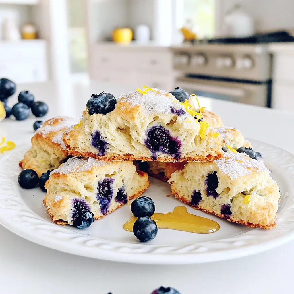 - 2 cups all-purpose flour - 1/3 cup granulated sugar - 1 tablespoon baking powder - 1/2 teaspoon salt - 1/2 cup unsalted butter, cold and diced into small cubes - 1 cup fresh blueberries, rinsed and drained - Zest of 1 lemon, finely grated - 1 tablespoon fresh lemon juice - 1/2 cup heavy cream - 1 large egg, lightly beaten - Extra sugar for sprinkling on top - 1/4 teaspoon almond extract for a nutty touch - 1/2 cup shredded coconut for a tropical twist - 1 tablespoon poppy seeds for added crunch - Large mixing bowl for combining ingredients - Pastry cutter or your fingertips for working in butter - Sharp knife or round cutter for cutting scones - Baking sheet lined with parchment paper for easy cleanup - Wire rack for cooling scones after baking - Whisk for blending wet ingredients smoothly Start by preheating your oven to 400°F (200°C). This hot oven will help the scones rise and become fluffy. Line a baking sheet with parchment paper. This prevents the scones from sticking and makes cleanup easy. In a large bowl, mix together 2 cups of all-purpose flour, 1/3 cup of granulated sugar, 1 tablespoon of baking powder, and 1/2 teaspoon of salt. Whisk these ingredients well. Mixing them evenly helps create a light and airy scone. Take 1/2 cup of unsalted butter. Cut it into small cubes and keep it cold. Add the butter to the flour mixture. Use a pastry cutter or your fingertips to work the butter in. Stop when the mixture looks like coarse crumbs. You want to see small pieces of butter for that flaky texture. In another bowl, whisk together 1/2 cup of heavy cream, 1 large beaten egg, and 1 tablespoon of fresh lemon juice. Mix until smooth. Pour this into the flour mixture. Stir gently until just combined. If the dough feels too sticky, add a little more flour. It should hold together well. Turn the dough out onto a floured surface. Knead it gently a few times. Pat it into a circle about 1 inch thick. Use a sharp knife or round cutter to cut the dough into wedges or shapes you like. Be careful not to overwork the dough. Place the shaped scones on the prepared baking sheet, leaving space between them. Sprinkle some extra sugar on top for a crunchy finish. Bake in the oven for 15-20 minutes. They are done when they are lightly golden and a toothpick comes out clean. Let the scones cool on the sheet for a few minutes. Then, transfer them to a wire rack to cool completely. Enjoy! To make your scones flaky, use cold butter. Cut it into small cubes before adding it to the flour mix. Mix it in until it looks like coarse crumbs. You want small bits of butter to stay in the dough. This gives the scones that lovely, flaky texture we all love. When adding blueberries, rinse them gently to avoid bursting them. Fold them into the dough softly. If they break, they can make the dough too wet. You want juicy pockets of flavor, not a blueberry mush. A good tip is to toss them in a little flour before mixing. This helps keep them from sinking. Taste your dough as you mix. If you want sweeter scones, add a bit more sugar. You can also add more lemon zest for a zestier flavor. Just remember, the balance is key. You want the lemon to brighten the sweetness, not overpower it. Keep adjusting until it feels just right for you. {{image_4}} You can add coconut for a tropical twist. Just mix in 1/2 cup of shredded coconut. This will give you a nice chew and extra flavor. The coconut pairs well with the lemon and blueberries. It adds a sweet, nutty taste that brightens the scone. If you love nuts, try adding 1/2 cup of chopped walnuts or pecans. Nuts add crunch and depth. You can also swap blueberries for other fruits. Raspberries or diced strawberries work great too. Just keep the total fruit amount the same for best results. To make these scones gluten-free, use a gluten-free all-purpose flour blend. This blend should have xanthan gum for structure. You might need to add a bit more liquid to the dough. Start with an extra tablespoon of cream if the dough feels too dry. These small changes keep your scones light and tasty. To keep your leftover scones fresh, store them in an airtight container. This will help prevent them from becoming dry. Place a paper towel at the bottom of the container to absorb moisture. This method keeps the scones soft for up to two days. If you want them to last longer, consider freezing them instead. To freeze scones, first let them cool completely after baking. Wrap each scone in plastic wrap, and then place them in a freezer bag. Remove as much air as possible from the bag. This will help prevent freezer burn. You can freeze scones for up to three months. When you’re ready to enjoy one, just thaw it at room temperature. To reheat scones, preheat your oven to 350°F (175°C). Place the scones on a baking sheet lined with parchment. Heat them for about 5-10 minutes. This warms them through and helps restore their lovely texture. If they feel dry, you can drizzle a little water on them before heating. Enjoy your warmed scones with your favorite spreads! Yes, you can use frozen blueberries. However, thaw and drain them first. This prevents too much moisture in the dough. Frozen blueberries tend to burst more, so handle them gently. Add them at the end when mixing. This keeps your scones looking pretty and tasting fresh. To check if your scones are done, look for a light golden color. Insert a toothpick in the center of a scone. If it comes out clean, the scones are ready. The edges should feel firm but not hard. Trust your nose too; the aroma will be delightful! Lemon blueberry scones pair well with many things. Try serving them with clotted cream or butter. A drizzle of honey adds sweetness. Fresh fruit on the side makes a nice touch. You can also enjoy them with a cup of tea or coffee for a cozy treat. To make dairy-free scones, swap the butter for coconut oil or a dairy-free butter substitute. Use almond milk or oat milk instead of heavy cream. Make sure to choose a dairy-free yogurt if you want to add some for moisture. This way, you can still enjoy the scones without dairy. Yes, you can prepare the dough ahead of time. After mixing, wrap it tightly in plastic wrap. Store it in the fridge for up to 24 hours. When you're ready to bake, just shape and bake the scones as usual. This saves time and brings fresh scones to your table! This guide detailed all you need for perfect Lemon Blueberry Scones. You learned the must-have ingredients, essential tools, and simple steps to make them. I shared tips for flaky scones and ways to mix up the flavors. Plus, you discovered how to store and reheat your treats. Enjoy making these scones often! With practice, you'll master the art of baking and delight others with your tasty treats. Share your favorite scone variations and keep experimenting!