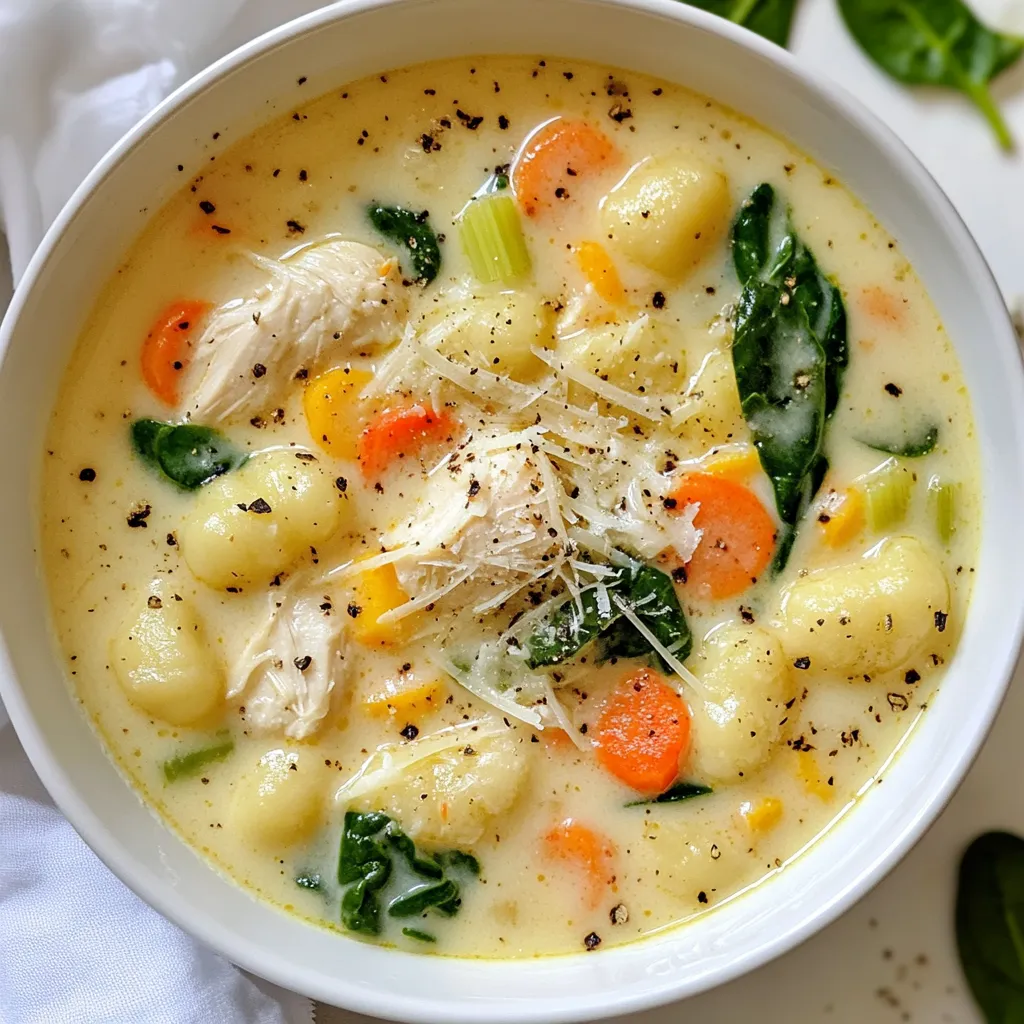 To make a warm bowl of creamy chicken gnocchi soup, gather these key items: - 1 tablespoon olive oil - 1 pound boneless, skinless chicken breasts, diced - 1 medium onion, finely chopped - 3 cloves garlic, minced - 3 medium carrots, diced - 3 celery stalks, diced - 4 cups chicken broth - 1 teaspoon dried thyme - 1 teaspoon dried oregano - Salt and freshly ground black pepper - 1 package (16 oz) potato gnocchi - 1 cup heavy cream - 2 cups fresh spinach, chopped - 1/4 cup freshly grated Parmesan cheese For this soup, I prefer using olive oil. It adds a nice flavor and helps cook the chicken. You can use other oils if you like, but olive oil always works best. For an extra touch, consider adding: - Fresh parsley, chopped This adds color and a fresh taste to your soup. You can also skip this step if you want a simpler look. {{ingredient_image_2}} Start by heating 1 tablespoon of olive oil in a large pot over medium heat. Once the oil is hot, add 1 pound of diced chicken breasts. Season the chicken well with salt and freshly ground black pepper. Cook the chicken for about 5 to 7 minutes. You want it to turn golden brown and be cooked through. When done, take the chicken out of the pot and place it in a bowl. This step builds a great base for your soup. In the same pot, without cleaning it, add 1 medium chopped onion, 3 diced medium carrots, and 3 diced celery stalks. Sauté these veggies for 5 to 6 minutes. You want them to soften and smell great. After this, add 3 minced garlic cloves. Keep sautéing for an extra minute. This will make the garlic fragrant and delicious. Now, pour in 4 cups of chicken broth. Add 1 teaspoon of dried thyme and 1 teaspoon of dried oregano. Turn up the heat to bring it to a gentle simmer. This helps the flavors blend well. Carefully add a package of potato gnocchi to the simmering broth. Cook according to the package instructions, which is usually about 3 to 4 minutes. You'll know they are ready when they float to the top. Next, reduce the heat to low. Stir in 1 cup of heavy cream and the cooked chicken. Let everything warm for about 5 minutes, stirring occasionally. Then, add 2 cups of chopped fresh spinach. Stir until the spinach wilts, which takes about 2 minutes. Finally, mix in 1/4 cup of grated Parmesan cheese. This will melt into the soup, making it creamy and rich. Taste your soup and adjust the seasoning with more salt and pepper if needed. Serve your soup hot. If you like, garnish each bowl with chopped fresh parsley for a lovely touch. Enjoy your creamy chicken gnocchi soup! To make the soup creamy, use heavy cream. This gives it a rich finish. Stir it in slowly to blend well. If you want a lighter soup, swap half the cream with milk. Remember, the gnocchi will soak up some liquid. So, don’t make it too thick at first. You can always add more broth later. Fresh herbs can boost flavor. I love using thyme and oregano for warmth. Add them early in the cooking process. This lets their flavors infuse the broth. If you want a pop of freshness, sprinkle some parsley just before serving. It adds a nice touch to the look and taste. Avoid overcooking the gnocchi. They should float in the soup, which means they are done. If you cook them too long, they can become mushy. Also, don’t rush adding the spinach. Let it wilt gently in the soup to keep its bright color and crunch. Lastly, taste as you cook. Adjusting the seasoning early can save your soup from being bland. Pro Tips Use Homemade Broth: If possible, use homemade chicken broth for a richer flavor and better quality soup. Customize the Vegetables: Feel free to add or substitute other vegetables like peas or mushrooms for extra nutrition and flavor. Adjust Creaminess: For a lighter version, you can substitute half of the heavy cream with milk or use a plant-based cream alternative. Store Properly: To keep the gnocchi from becoming mushy, store the soup and gnocchi separately if you plan to have leftovers. {{image_4}} You can change the chicken to suit your taste. Try turkey, which works well too. If you prefer seafood, shrimp adds a nice twist. Just cook shrimp until pink and tender. You can also use tofu for a plant-based protein. Dice it, then sauté until golden. This keeps the soup rich and satisfying. For a vegan version, skip the chicken and cream. Use vegetable broth instead of chicken broth. Replace heavy cream with coconut cream or cashew cream. These options add a creamy texture. Use beans or lentils for protein. They make the soup hearty and filling. Add more veggies like mushrooms or zucchini for extra flavor. Incorporating seasonal vegetables can enhance your soup. Try adding sweet potatoes in fall. They add sweetness and color. In spring, use peas and asparagus for a fresh taste. Summer brings zucchini and corn, making the soup light. In winter, root vegetables like parsnips work great. These additions keep the dish exciting and flavorful. To store leftovers, wait until the soup cools. Then, pour it into an airtight container. Make sure to seal it well. Place the container in the fridge. It can last for 3 to 4 days. If you want to keep it longer, consider freezing it. When you're ready to enjoy the soup again, reheat it gently. You can use a pot on the stove. Pour the soup in and heat over medium-low heat. Stir often to prevent sticking. You can also use a microwave. Transfer the soup to a microwave-safe bowl. Heat it in short bursts, stirring in between. To freeze the soup, use a freezer-safe container. Leave some space at the top for expansion. The soup can last up to 3 months in the freezer. When you’re ready to eat, defrost it in the fridge overnight. Reheat it on the stove or in the microwave. This soup will taste great even after freezing! Yes, you can use frozen gnocchi in this soup. Just add them directly to the broth without thawing. They will cook in about the same time as fresh gnocchi. This saves time and makes the soup even easier. You can make a gluten-free version of this soup. Use gluten-free gnocchi made from rice or potato. Make sure the chicken broth is also gluten-free. This way, you can enjoy this dish without gluten. The soup lasts for about three to four days in the fridge. Store it in an airtight container to keep it fresh. Just remember, the gnocchi may soak up some broth as it sits. Yes, you can make this soup ahead of time. Just prepare it and store it in the fridge. Reheat it when you are ready to serve. This dish tastes even better the next day! You can add other vegetables to this soup. For example, peas, corn, or green beans work well. Just make sure to add them at the right time so they cook fully. This soup pairs well with crusty bread or a fresh salad. The bread is great for dipping, and the salad adds a nice crunch. Both make for a complete meal. Yes, you can add more protein if you like. Cooked shrimp or diced ham are good options. Just add them in while the soup is warming on low heat. In this blog post, we explored essential ingredients, step-by-step cooking, and tips for success. You learned how to prepare chicken, sauté veggies, and create a tasty soup with gnocchi. We covered easy ways to add flavor and avoid common mistakes. You also saw different options for proteins and how to store leftovers. With this knowledge, you can create a warm, delicious soup any time. Enjoy making it your own!