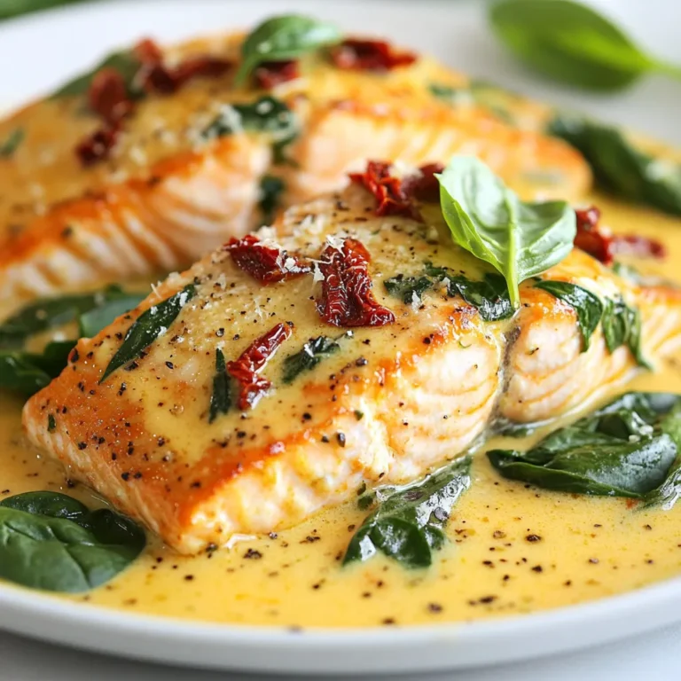 - 4 salmon fillets - 2 tablespoons olive oil - 3 cloves garlic, minced - 1 cup heavy cream - 1 cup fresh spinach, chopped - 1/2 cup sun-dried tomatoes, chopped - 1/2 cup grated Parmesan cheese - Salt and pepper to taste - 1 teaspoon Italian seasoning - Fresh basil leaves for garnish For the best results, I recommend using: - Wild-caught salmon for flavor and health. - Extra virgin olive oil like California Olive Ranch for quality. - Fresh spinach from local farms for taste and freshness. - San Marzano sun-dried tomatoes for rich flavor. - Grana Padano or Parmigiano-Reggiano for an authentic cheese taste. If you need to swap ingredients, here are some ideas: - Use chicken breast instead of salmon for a different protein. - Coconut cream can replace heavy cream for a dairy-free option. - Fresh kale or arugula can be used instead of spinach. - Any cheese like feta or cream cheese can work in place of Parmesan. - Use fresh tomatoes if you can't find sun-dried ones, just adjust cooking time. {{ingredient_image_2}} Start by heating 2 tablespoons of olive oil in a large pan over medium heat. While the oil warms, season 4 salmon fillets on both sides with salt, pepper, and 1 teaspoon of Italian seasoning. When the oil is hot, add the salmon to the pan. Cook each fillet for 4-5 minutes on both sides until they turn golden brown and are fully cooked. Once done, place the salmon on a plate and keep it warm. In the same pan, add 3 minced garlic cloves. Sauté for about 30 seconds until fragrant. Carefully stir in 1 cup of heavy cream and bring it to a gentle simmer. Make sure to stir occasionally to prevent burning. Next, add 1/2 cup of chopped sun-dried tomatoes and 1 cup of chopped fresh spinach. Stir the mixture and cook for another 3-4 minutes until the spinach wilts. Then, mix in 1/2 cup of grated Parmesan cheese, stirring until it melts and the sauce thickens slightly. Taste and adjust with salt and pepper if needed. Gently place the cooked salmon back into the pan. Let it warm in the creamy sauce for about one minute. Serve each fillet on a plate, generously topping it with the sauce. For a fresh touch, garnish with a few basil leaves. This dish pairs well with garlic bread or a fresh garden salad for a complete meal. Enjoy! To boost the taste of your creamy Tuscan salmon, consider these tips: - Add a squeeze of lemon juice for brightness. It cuts through the creaminess and adds zing. - Mix in red pepper flakes for a spicy kick. Just a pinch can make a big difference. - Use fresh herbs like thyme or parsley. They add layers of flavor and freshness. Cooking salmon can be simple if you follow these steps: - Use medium heat for cooking. This helps the salmon cook evenly without burning. - Let the salmon rest for a few minutes after cooking. This keeps it juicy and flavorful. - Check for doneness by gently flaking the fish with a fork. It should be opaque and flake easily. Making your dish look great can make it taste even better! - Plate each salmon fillet with a generous amount of creamy sauce on top. - Garnish with fresh basil leaves for color and aroma. - Serve with garlic bread or a fresh salad to complete the meal. This adds texture and balance. Pro Tips Use Fresh Ingredients: Always opt for fresh spinach and high-quality sun-dried tomatoes for the best flavor and nutrition in your dish. Perfect Salmon Cooking: Ensure your salmon is at room temperature before cooking to achieve even doneness and a nice sear. Customize the Creaminess: Adjust the amount of heavy cream based on your preference for a lighter or richer sauce. Garnish with Herbs: Fresh basil not only adds color but also enhances the flavor profile of the dish, so don’t skip the garnish! {{image_4}} You can swap salmon for other tasty proteins. Try chicken breast or shrimp. Both options work well and keep the dish juicy. Just adjust cooking times. Chicken takes longer to cook. Shrimp cooks fast. Aim for a nice golden crust for both. Want a vegan twist? Use tofu or tempeh instead of salmon. For the creamy sauce, substitute heavy cream with coconut milk or cashew cream. This keeps it rich and smooth. Use nutritional yeast for a cheesy flavor without dairy. You can still use spinach and sun-dried tomatoes for taste. You can change the flavors easily. Add lemon zest for a fresh kick. Want some heat? Toss in red pepper flakes. For a Mediterranean touch, add olives or capers. You can also mix in artichoke hearts for extra texture. These simple changes keep the dish exciting with every bite. To keep your Creamy Tuscan Salmon fresh, store it in an airtight container. Make sure to let the salmon cool down first. Place it in the fridge within two hours of cooking. It will stay good for up to three days. If you want to keep it longer, consider freezing it. When you’re ready to eat your leftovers, reheat the salmon gently. You can use a microwave or a skillet. If using a microwave, heat on low for about two minutes. If using a skillet, add a little olive oil and warm over low heat. This helps keep the cream sauce smooth and tasty. To freeze Creamy Tuscan Salmon, wrap each piece tightly in plastic wrap. Then, place the wrapped salmon in a freezer bag. Make sure to remove as much air as possible. Label the bag with the date. The salmon can stay frozen for up to three months. When you’re ready to eat it, thaw in the fridge overnight before reheating. Yes, you can use frozen salmon. Just remember to thaw it first. Place it in the fridge overnight. If you’re short on time, you can run it under cold water. Once thawed, season it as you would fresh salmon. It will still taste great in the Creamy Tuscan dish. You can serve this dish with many sides. Here are some tasty options: - Garlic bread - Fresh garden salad - Steamed vegetables - Mashed potatoes - Rice or quinoa These sides will complement the creamy sauce and enhance the meal. To check if the salmon is cooked, look for a few signs. It should be opaque and flake easily with a fork. The internal temperature should reach 145°F. If you see a nice golden crust, it’s usually a good sign too. Always use a meat thermometer for the best results. This blog post covered key ingredients, clear steps, and helpful tips for making Creamy Tuscan Salmon. You learned about tasty substitutes, perfect cooking methods, and fresh presentation ideas. Remember to explore variations and storage techniques for leftovers, too. By following these guidelines, you can create a delicious dish that delights your taste buds. Enjoy your cooking adventure and feel confident in trying new flavors and options. Great meals await you!