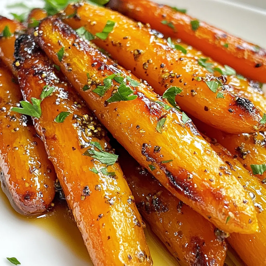 When making Maple Dijon Roasted Carrots, you need simple and fresh ingredients. Here’s what you will need: - 1 lb (450g) baby carrots, thoroughly washed and trimmed - 3 tablespoons pure maple syrup - 2 tablespoons Dijon mustard - 2 tablespoons extra virgin olive oil - 1 teaspoon garlic powder - 1 teaspoon fresh thyme leaves (or ½ teaspoon dried thyme) - Salt and freshly cracked black pepper, to taste - Fresh parsley, finely chopped (for garnishing) These ingredients work together to create a sweet and savory blend. The baby carrots bring a tender crunch. Maple syrup adds sweetness, while Dijon mustard offers a tangy kick. Extra virgin olive oil helps everything roast nicely. Garlic powder gives depth, and thyme adds earthy notes. Salt and pepper enhance all the flavors. Finally, parsley gives a bright touch. You can find these ingredients at your local store or farmers' market. Fresh ingredients always taste better. Use pure maple syrup for the best flavor. Avoid imitation syrups, as they lack the real taste. Keep these tips in mind when gathering your ingredients! {{ingredient_image_2}} Start by preheating your oven to 425°F (220°C). This high heat helps the carrots caramelize well. To make cleanup easy, line a baking sheet with parchment paper. It will catch any sticky glaze. In a large bowl, mix together three tablespoons of pure maple syrup, two tablespoons of Dijon mustard, and two tablespoons of extra virgin olive oil. Add one teaspoon of garlic powder and one teaspoon of fresh thyme leaves. Season with a pinch of salt and freshly cracked black pepper. Whisk until it is smooth and well-blended. Take one pound of baby carrots and wash them thoroughly. Trim the tops if needed. Add the carrots to the bowl with the dressing. Toss the carrots gently to ensure they are fully coated in the maple Dijon glaze. Each carrot should be covered in that sweet and tangy goodness. Spread the coated carrots on the lined baking sheet. Make sure they are in a single layer for even roasting. Place the tray in the oven and roast for about 25 to 30 minutes. Halfway through, flip the carrots to promote even cooking and caramelization. Once the carrots are tender and caramelized, take them out of the oven. Let them cool for a few minutes. Transfer the roasted carrots to a serving dish. For a bright finish, sprinkle some finely chopped fresh parsley on top. This adds color and flavor to the dish! Roasting time is key to great carrots. Aim for 25-30 minutes at 425°F (220°C). Flip them halfway. This step helps them cook evenly. You want them tender and a bit caramelized. If they are not tender enough after 30 minutes, roast them a bit longer. Mix it up with herbs! You can use rosemary or oregano for a new flavor. Fresh herbs add brightness. Dried herbs work too, just use less. You can also try adding a pinch of cayenne for some heat. These carrots shine on any plate. Serve them warm as a side dish. They pair well with roasted meats and grains. For a special touch, drizzle pan juices over them. This adds flavor and looks nice. Don't forget the fresh parsley! It boosts color and taste. Pro Tips Use Fresh Thyme: For a more aromatic flavor, opt for fresh thyme instead of dried. It elevates the dish with its vibrant taste. Adjust Sweetness: If you prefer a sweeter glaze, feel free to add a bit more maple syrup to the mix. Taste as you go! Roasting Time Variations: Keep an eye on the carrots as roasting times can vary based on size. Smaller baby carrots may need less time, while larger ones may take longer. Serve Warm: For the best flavor, serve the roasted carrots warm. They taste divine when freshly out of the oven! {{image_4}} You can swap out maple syrup for honey. Honey adds a nice sweetness. It also brings a unique flavor. Just use the same amount as maple syrup. This change makes the carrots taste even sweeter. Want some heat? Add a few drops of hot sauce to the dressing. This will give the carrots a spicy twist. Start with a small amount. You can always add more if you like it hot. The blend of sweet and spicy will surprise your taste buds. To make this dish vegan, check your Dijon mustard. Some brands use egg. Choose a vegan-friendly mustard. For a creamier texture, add a splash of coconut milk. This will keep the dish rich and tasty without any animal products. After enjoying your Maple Dijon Roasted Carrots, store any leftovers in an airtight container. Make sure the container is clean and dry. You can keep them in the fridge for up to three days. If you want to store them longer, freeze them. Place the carrots in a freezer-safe bag. They will stay good for up to three months. When you’re ready to eat them, just thaw in the fridge overnight. Reheating your Maple Dijon Roasted Carrots is easy. If you want to use the oven, set it to 350°F (175°C). Spread the carrots on a baking sheet. Heat them for about 10-15 minutes until warm. You can also use a microwave. Place the carrots in a microwave-safe bowl. Heat them for 1-2 minutes, stirring halfway through. Be careful not to overheat, as this can make them soggy. Enjoy the sweet and savory taste again! Yes, you can use regular carrots. Just cut them into equal pieces. Aim for about 2 to 3 inches long. This helps them cook evenly. Baby carrots are sweet and tender, but regular carrots can work just as well. They may take a bit longer to roast, so check them often. Maple Dijon Roasted Carrots go well with many dishes. You can serve them with chicken, pork, or fish. They add a nice color to any plate. Try them next to rice or quinoa for a complete meal. A fresh salad also complements their sweet and savory taste. You will know the carrots are done when they are tender. A fork should easily pierce them. Look for a nice caramel color on the outside. This shows they are well-roasted. If they look golden and smell sweet, they are ready to enjoy! We covered many great ways to make maple Dijon roasted carrots. You learned about the fresh ingredients needed, like baby carrots, maple syrup, and Dijon mustard. I shared simple steps to prep and roast the carrots. We discussed tips for perfecting the dish and fun variations to try. Finally, I provided storage advice and answered common questions. Enjoy making this dish. It’s easy, tasty, and perfect for any meal.