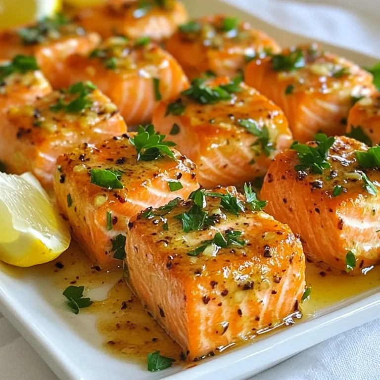 - 1 pound skinless salmon fillet - 4 tablespoons unsalted butter - 4 cloves garlic - 1 tablespoon fresh lemon juice - 1 tablespoon fresh parsley - Sea salt and black pepper - Lemon wedges The garlic butter salmon bites need fresh and quality ingredients. Start with a pound of skinless salmon fillet. Cut it into bite-sized cubes. This size helps the salmon cook evenly and allows every bite to soak up the flavor. Use four tablespoons of unsalted butter. This butter adds richness and helps the garlic infuse its flavor into the salmon. Next, take four cloves of garlic. Mince them finely. Fresh garlic gives a strong taste that pairs well with salmon. For a bright touch, add one tablespoon of fresh lemon juice. It lifts the dish and balances the richness of the butter. Chopping one tablespoon of fresh parsley adds color and freshness. This herb brightens the overall flavor. Don't forget sea salt and black pepper. These simple seasonings enhance the taste of the salmon. Finally, use lemon wedges for garnishing. They add a nice touch and let guests add more lemon if they wish. This combination of ingredients makes a delightful, flavorful meal that is sure to impress. {{ingredient_image_2}} Start by cutting the salmon fillet into bite-sized cubes. Use a paper towel to gently pat the salmon dry. This step is key. Drying the salmon helps achieve a nice sear. A good sear adds flavor and texture. It also helps the salmon cook evenly. Make sure to remove any excess moisture. Next, melt the butter. In a large skillet, heat 2 tablespoons of unsalted butter over medium heat. Let it melt completely, but do not let it brown. Brown butter can taste bitter, and we want a rich, creamy flavor. Now, sauté the garlic. Add the minced garlic to the melted butter. Stir it often for about 1-2 minutes. You want the garlic to become fragrant and just golden. Watch it closely to avoid burning. Burnt garlic can ruin your dish. After that, cook the salmon bites. Gently place the salmon cubes in the skillet. Arrange them in a single layer for even cooking. Season with sea salt and freshly ground black pepper. Cook for 3-4 minutes on one side until golden brown. Flip the cubes and cook for another 3-4 minutes. They are done when the salmon flakes easily with a fork. Once the salmon is cooked, it's time for the finishing touches. Drizzle fresh lemon juice over the salmon bites. Then, add the chopped parsley. Gently toss everything in the skillet. This helps distribute flavors without breaking the salmon pieces. For serving, remove the skillet from heat. Serve the garlic butter salmon bites hot on a plate. Garnish with lemon wedges for a refreshing touch. This adds brightness to the dish and enhances its appeal. To get a nice sear on your salmon, dry it well. Use a paper towel to pat the salmon cubes. This step removes moisture, which helps the salmon brown better. If you skip this, the salmon may steam instead of sear. Cook the salmon bites in a single layer. This allows each piece to cook evenly. If the pieces touch, they trap steam, which affects cooking. Each bite should have that perfect golden crust. Want to add more flavor? Try different herbs and spices. Fresh dill, thyme, or even chili flakes can give a unique twist. Just remember to add them at the right time. When cooking, be careful with the garlic. Sauté it for just 1-2 minutes. Stir it often to keep it from burning. If garlic burns, it turns bitter, ruining the dish. For serving, arrange the salmon bites neatly on a plate. A white platter makes the salmon stand out. It’s all about color and contrast. Use garnishes to make the dish pop. Add lemon wedges around the salmon. A sprinkle of fresh parsley on top adds a nice touch. It makes the dish feel fresh and inviting. Pro Tips Pat Dry for Perfect Sear: Always pat the salmon cubes dry with a paper towel before cooking. This step is crucial for achieving a beautiful golden sear and enhancing the overall flavor. Control Garlic's Flavor: Keep a close eye on the garlic while sautéing. It should be fragrant and lightly golden, but not burnt, as burnt garlic can impart a bitter taste to your dish. Even Cooking: Make sure the salmon cubes are arranged in a single layer in the skillet. This ensures even cooking and helps each piece develop a nice crust. Fresh Ingredients Matter: Use fresh lemon juice and parsley for the best flavor. Fresh ingredients can elevate the dish and make a noticeable difference in taste. {{image_4}} You can cook garlic butter salmon bites in different ways. Pan-seared salmon gives a nice crust. It’s quick and easy. Just heat butter and cook the salmon in a skillet. Aim for a golden brown color. Baking is another great choice. Preheat your oven to 400°F. Place the salmon bites on a baking sheet. Bake for around 10-12 minutes. This method keeps the fish moist while allowing the flavors to blend. Grilling is also fun. Use a grill pan or outdoor grill. Just make sure to oil the grill to prevent sticking. The smoky flavor enhances the dish, adding a unique twist. To change the flavor, try adding chili flakes. This gives a spicy kick that pairs well with the buttery salmon. Start with a pinch and adjust to your taste. You can also experiment with different herbs. Basil, dill, or thyme can add new layers of flavor. Fresh herbs brighten the dish and make it more vibrant. Mix and match to find your favorite combination. Pair garlic butter salmon bites with side dishes for a full meal. Roasted vegetables, rice, or a fresh salad work well. They balance the rich flavor of the salmon. Another fun idea is to turn the bites into salmon tacos. Use soft tortillas, add some avocado, and drizzle with lime juice. This makes a tasty and unique meal that everyone will love. To store garlic butter salmon bites, use an airtight container. This keeps moisture in and prevents the salmon from drying out. Aim to refrigerate within two hours of cooking. Your salmon will stay fresh for up to three days. To maintain flavor, consume it sooner rather than later. If you notice any off smell or change in texture, it’s best to toss it. For reheating, the stovetop is your best friend. Place the leftover salmon in a skillet over low heat. This method helps keep the salmon moist and flavorful. Cover the skillet for even heating. If you prefer the microwave, use a microwave-safe dish. Heat in short intervals, around 30 seconds at a time. Check for doneness to prevent overcooking. If you want to save some for later, freezing works well. Portion out the salmon bites into freezer-safe bags. Remove as much air as possible to avoid freezer burn. They can last up to three months in the freezer. When ready to eat, thaw in the fridge overnight for best results. For quicker thawing, place the sealed bag in cold water. This method keeps the salmon from losing its texture. It takes 10 minutes to prep and 10 minutes to cook. The total time is 20 minutes. This quick cooking time makes it perfect for a busy weeknight meal. Yes, you can use frozen salmon. Thaw it in the fridge overnight for the best results. If you need to defrost quickly, place the salmon in a sealed bag and submerge it in cold water for about an hour. Make sure to pat it dry before cooking to achieve a nice sear. Garlic butter salmon bites go well with many sides. Here are a few tasty options: - Steamed asparagus - Garlic mashed potatoes - Quinoa salad - Mixed greens with lemon vinaigrette - Roasted vegetables These sides complement the rich flavors of the salmon well. In this post, we covered how to make garlic butter salmon bites. We discussed key ingredients like salmon, butter, and garlic. I shared simple steps for prep, cooking, and finishing touches to enhance flavor. You learned useful tips for a perfect sear and variations for cooking and presentation. Remember to store leftovers properly to maintain freshness. With this knowledge, you can create a tasty meal that impresses. Enjoy making your salmon bites and experimenting to find your favorite flavors!
