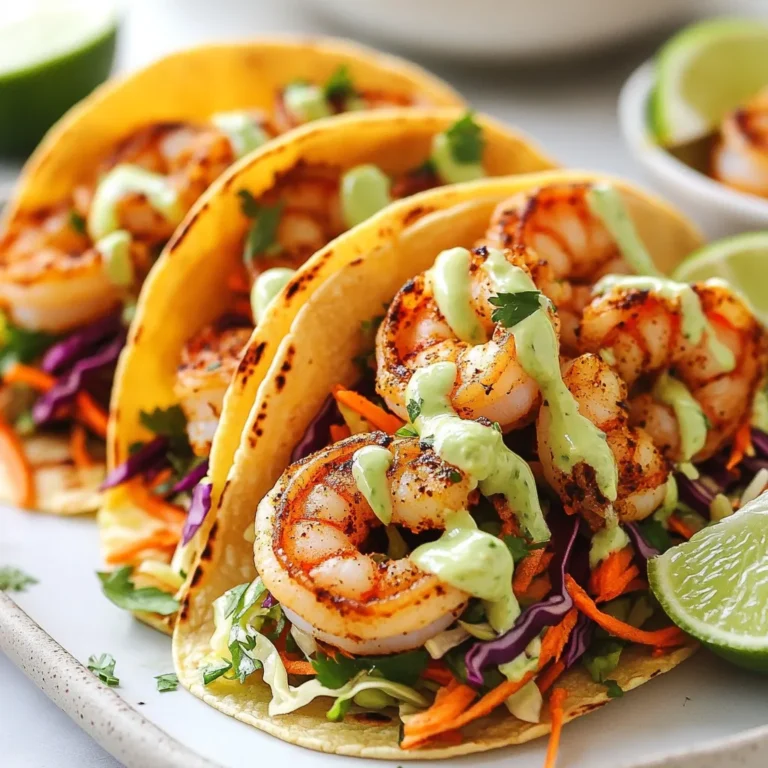 - 1 lb large shrimp, peeled and deveined - 2 tablespoons Cajun seasoning - 8 small corn tortillas - 1 cup red cabbage, thinly sliced - 1 cup green cabbage, thinly sliced - 1 grated carrot - 1/4 cup fresh cilantro, chopped - 1/4 cup avocado crema (store-bought or homemade) - Juice of 2 limes - 1 tablespoon honey - Salt and pepper to taste The main ingredients for Cajun shrimp tacos are key to great flavor. Large shrimp add a sweet, tender bite. The Cajun seasoning gives a spicy kick that makes the dish pop. Corn tortillas are perfect for wrapping all these tasty bits. Moving on to the lime slaw, it balances the meal with crunch and freshness. Red and green cabbage add a crisp texture. The grated carrot brings a subtle sweetness, while fresh cilantro adds a bright flavor. Don't forget the extra ingredients! Avocado crema lends creaminess and richness. Fresh lime juice brightens the dish. Honey adds a touch of sweetness, while salt and pepper help bring out all these flavors. With these ingredients, you can create a delightful meal that is both vibrant and satisfying. {{ingredient_image_2}} - In a medium mixing bowl, add 1 pound of large shrimp. - Sprinkle 2 tablespoons of Cajun seasoning over the shrimp. - Drizzle 1 tablespoon of olive oil on top. - Add salt and pepper to taste. - Toss the shrimp until they are fully coated. - Let the shrimp marinate for at least 15 minutes. Marinating helps the shrimp soak up the tasty spices. The oil keeps the shrimp moist as they cook. This time allows the flavors to deepen and makes each bite delicious. - In a large mixing bowl, combine 1 cup of thinly sliced red cabbage and 1 cup of thinly sliced green cabbage. - Add 1 grated carrot and 1/4 cup of chopped cilantro. - Squeeze the juice of 2 limes into the bowl. - Mix in 1 tablespoon of honey for a hint of sweetness. - Season with salt and pepper to taste. - Let the slaw sit for about 10 minutes. The lime slaw adds a crunchy contrast to the shrimp. The honey balances the tartness of the lime. Letting it sit allows the flavors to mix well. - Heat a large skillet over medium-high heat. - Once hot, add the marinated shrimp in a single layer. - Cook for 2-3 minutes on each side. - The shrimp should turn pink and opaque when done. - Remove the skillet from heat. Cooking shrimp is quick. They change color when they are ready. Avoid overcooking, as this can make them tough. - In a dry skillet, gently warm 8 small corn tortillas. - Heat each tortilla for about 30 seconds on each side. - They should become soft and pliable. Warm tortillas make the tacos easier to fold. This step enhances the overall taste of the dish. - Take a warm tortilla and add a scoop of lime slaw in the center. - Top with a few pieces of the cooked shrimp. - Drizzle with 1/4 cup of avocado crema for creaminess. - Optionally, sprinkle more chopped cilantro for freshness. Layering ingredients builds flavor and texture. Each taco should be a balance of slaw and shrimp. - Serve the tacos warm on a plate. - Add lime wedges on the side for extra brightness. - Consider pairing with tortilla chips and salsa for a full meal. Serving warm keeps the flavors vibrant. Lime wedges add a refreshing zest to each bite. To make your shrimp shine, avoid overcooking it. Cook shrimp just until they turn pink and opaque. This usually takes about 2-3 minutes per side. If you overcook shrimp, they become tough and rubbery. Choosing the right Cajun seasoning is key. Look for a blend with paprika, garlic, and cayenne pepper. You want a balance of spice and flavor. If you prefer a milder taste, start with less seasoning and adjust as you cook. Letting the lime slaw sit is crucial. This allows all the flavors to meld and become more vibrant. Aim for at least 10 minutes of resting time. Taste the slaw before serving. Adjust seasoning with salt and pepper to suit your preference. Feel free to add more lime juice if you want extra tang. A dash of honey can also enhance the sweetness and balance the flavors. For the best tacos, choose small corn tortillas. They hold up well and add a nice flavor. You can also try flour tortillas, but corn is traditional. To keep tortillas warm, stack them in a clean kitchen towel. Place them in a bowl or in an insulated container. This keeps them soft and pliable until you are ready to serve. Pro Tips Perfectly Cooked Shrimp: To ensure the shrimp are juicy and tender, avoid overcooking. They should turn pink and opaque in just 2-3 minutes per side. Homemade Avocado Crema: For a fresher taste, blend ripe avocado with Greek yogurt or sour cream, lime juice, and a pinch of salt to create a creamy topping. Flavorful Slaw: Allow the lime slaw to sit for at least 10 minutes before serving. This resting time helps the vegetables soften and the flavors to meld beautifully. Warming Tortillas: Heat tortillas in a dry skillet to enhance their flavor and pliability. This simple step elevates the overall taco experience. {{image_4}} You can switch shrimp for chicken or fish. Chicken thighs work great. Just marinate them like the shrimp. Grill or pan-fry until cooked. For fish, use a firm type like tilapia or cod. Cook until opaque and flaky. If you prefer a vegetarian option, black beans are a fantastic choice. They add protein and a hearty texture. Simply heat them up with some spices. You can then layer them in the tacos just like shrimp. You can make slaw with different types of cabbage or greens. Try Napa cabbage for a softer crunch. You can also use kale for more nutrients. Each option gives a unique twist to the tacos. Adding fruits can also bring sweetness. Try diced mango or pineapple. They pair well with the lime and spice. Just mix them in with your slaw for a refreshing touch. You can adjust the spice in your Cajun seasoning. If you like it mild, use less seasoning. You can also add more lime juice to balance heat. For those who want heat, add sliced jalapeños or a spicy salsa. You can sprinkle them on top of the tacos. This way, everyone can customize their tacos to their taste. For shrimp, I recommend placing it in an airtight container. This keeps it fresh. Use it within two days for the best taste. For the slaw, store it in a separate container. The slaw can last for about three days in the fridge. To reheat shrimp, I suggest using a skillet. Heat it on medium for about 2 minutes. This keeps the shrimp juicy. For tortillas, warm them in a dry skillet. Heat each side for about 30 seconds. This way, they stay soft and flexible. To avoid sogginess, do not microwave the tortillas or shrimp. You can freeze cooked shrimp. Place it in a freezer-safe bag, removing as much air as possible. It can last for up to three months. When freezing tortillas, stack them with parchment paper between each one. Store them in a freezer bag. The slaw does not freeze well, so it’s best to make it fresh. You can use flour tortillas as a substitute. They add a soft texture. Lettuce wraps are great for a low-carb option. You can also try whole wheat tortillas for more fiber. Look for the shrimp to turn pink and opaque. The flesh should be firm but not rubbery. If the shrimp curls into a tight "C" shape, it is overcooked. Aim for a gentle curve instead. Yes, you can prepare lime slaw a day in advance. Store it in an airtight container in the fridge. This helps the flavors blend well. Just give it a stir before serving. Tortilla chips and salsa pair perfectly. You can also serve a fresh avocado salad. A side of black beans adds protein and flavor, too. Consider serving with a light cilantro lime rice. Add more Cajun seasoning to the shrimp. You could also mix in diced jalapeños or hot sauce. For a smoky kick, try chipotle powder. Adjust to your heat level for the best flavor. These Cajun shrimp tacos combine bold flavors and fresh ingredients. You learned about marinating shrimp, making lime slaw, and warming tortillas. Don't forget to customize your tacos with optional proteins and sides. Use tips to enhance your cooking and storage methods. With practice, you can master this dish. Enjoy sharing these tasty tacos with friends and family. Keep experimenting, and make it your own!