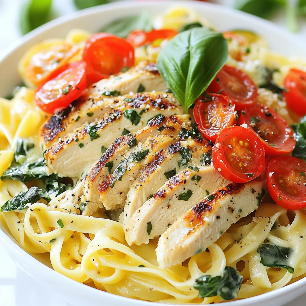 To make Boursin Chicken Pasta, you will need: - 2 boneless, skinless chicken breasts - 8 ounces pasta (fettuccine or penne) - 1 package (5.2 oz) Boursin cheese, garlic and herb flavor - 2 tablespoons extra virgin olive oil - 2 cloves garlic, finely minced - 1 cup cherry tomatoes, halved - 1 cup fresh spinach leaves - 1/2 cup heavy cream (or plant-based cream) - Salt and pepper to taste - Fresh basil leaves for garnish For this dish, I recommend using Boursin cheese. The garlic and herb flavor works best. You can find this brand at most grocery stores. Other brands may not give the same creamy and rich taste. Feel free to add your favorite touches to make this dish your own. Here are some ideas: - Grated Parmesan cheese for extra flavor - Crushed red pepper for a spicy kick - Mushrooms for added texture and taste - Broccoli or bell peppers for more veggies {{ingredient_image_2}} Start by boiling water in a large pot. Add a good amount of salt. When the water bubbles, toss in 8 ounces of pasta. Fettuccine or penne works best. Cook it until it is al dente, about 8 to 10 minutes. Remember to save 1/2 cup of the starchy water before you drain the pasta. Set the pasta aside for now. While the pasta cooks, take 2 boneless, skinless chicken breasts. Season them well with salt and pepper. Heat 2 tablespoons of olive oil in a large skillet over medium-high heat. When the oil shimmers, add the chicken. Cook each side for 6-7 minutes until they are golden. Make sure they are fully cooked. Remove the chicken and let it rest for a few minutes. Then slice it into thin strips. In the same skillet, lower the heat to medium. Add 2 minced garlic cloves and sauté for about 30 seconds. You want the garlic to smell great, but don’t burn it. Now add 1 cup of halved cherry tomatoes. Cook them for 3-4 minutes until they start to soften. Next, add the Boursin cheese and 1/2 cup of heavy cream. Stir until the cheese melts and the sauce becomes smooth. If it’s too thick, add a bit of the reserved pasta water to thin it out. Add the cooked pasta and 1 cup of fresh spinach to the skillet. Toss everything together until the pasta is well coated with the sauce. Gently fold in the sliced chicken and heat it through for one more minute. Taste the dish and add more salt or pepper if you think it needs it. To get juicy chicken, start with even thickness. You can pound the chicken breasts gently. This helps them cook evenly. Season both sides with salt and pepper. Use a hot skillet with olive oil. Cook for 6-7 minutes per side. Look for a golden brown color. Let the chicken rest before slicing. This keeps the juices inside. For the pasta, use a large pot of salted water. Bring it to a boil before adding the pasta. Cook it until al dente. This means it should still have a slight bite. Reserve some pasta water before draining. This starchy water helps make the sauce creamy. Use the same skillet for sautéing. This adds extra flavor from the chicken. Start with minced garlic. Sauté it for about 30 seconds until fragrant. Don’t let it burn! Then, add cherry tomatoes and cook until they soften. This makes your dish taste fresher and brighter. Pro Tips Perfectly Cooked Pasta: Always cook your pasta to al dente for the best texture. This ensures it remains firm and complements the creamy sauce perfectly. Rest the Chicken: Allow the cooked chicken to rest for a few minutes before slicing. This helps retain the juices, resulting in more tender and flavorful pieces. Fresh Spinach Addition: Add the spinach at the end of cooking to keep it vibrant and slightly wilted without losing its nutrients and bright color. Adjusting Sauce Consistency: If the sauce is too thick, gradually add reserved pasta water until you reach your desired creaminess. This will also help the sauce cling to the pasta better. {{image_4}} You can make Boursin chicken pasta vegetarian by skipping the chicken. Instead, add more vegetables. Try bell peppers, zucchini, or mushrooms. These add great texture and taste. You can also use plant-based protein like tofu or tempeh. Just sauté them until golden brown. This keeps the dish hearty and satisfying. While fettuccine or penne works well, feel free to switch it up. You can use spaghetti, farfalle, or even whole wheat pasta. Each type brings a unique texture. For a fun twist, try some spiralized zucchini or sweet potato noodles. This keeps the dish fresh and exciting. For a gluten-free version, choose gluten-free pasta. Many brands now offer tasty options. You can use rice or quinoa pasta as well. These are great substitutes. Just cook them according to package directions. This way, everyone can enjoy this creamy delight without worry. To store leftovers, place the chicken pasta in an airtight container. Make sure it cools down first. This helps keep the dish fresh. You can keep it in the fridge for up to three days. If you want to enjoy it later, use a portion of the creamy sauce to keep it moist. To reheat, you can use a microwave or a stovetop. If using a microwave, place the pasta in a bowl. Cover it with a damp paper towel to trap steam. Heat in short bursts, stirring in between. If using the stovetop, add a splash of water or extra cream. Heat gently over low heat, stirring often, until warmed through. You can freeze this dish, but the sauce might change a bit. For best results, freeze the chicken pasta without the sauce. Store it in a freezer-safe container for up to three months. When ready to eat, thaw it in the fridge overnight. Then, heat the pasta and mix in fresh sauce made with Boursin cheese. This keeps the flavors fresh and delicious. Boursin cheese is a soft, spreadable cheese. It often has garlic and herbs for flavor. This cheese adds a rich, creamy taste to dishes. In Boursin Chicken Pasta, it creates a smooth sauce. You can find it in most grocery stores, usually in the cheese section. Yes, you can use various pasta types. Fettuccine and penne work well, but so do shells, farfalle, or even whole wheat pasta. Choose what you like best. Just make sure to cook it al dente for the best texture. Yes, you can make this dish dairy-free. Use a plant-based cream and a dairy-free cheese spread. Brands like Kite Hill or Tofutti offer good options. This way, you can still enjoy a creamy sauce without dairy. Adding vegetables is a great idea! You can include bell peppers, zucchini, or broccoli. These veggies add flavor and nutrients. Sauté them with garlic and tomatoes for a tasty mix. Spinach is already in the recipe, which is great for color and health. This recipe offers a delicious Boursin cheese pasta that’s easy to make. You learned about the key ingredients and tasted suggested brands. The steps to cook the pasta and chicken are simple and clear. I shared tips for perfecting texture and flavor. There are also tasty variations for different diets. Whether you store leftovers or reheat, I’ve got you covered. Now, it's time to enjoy your creamy creation. Happy cooking!