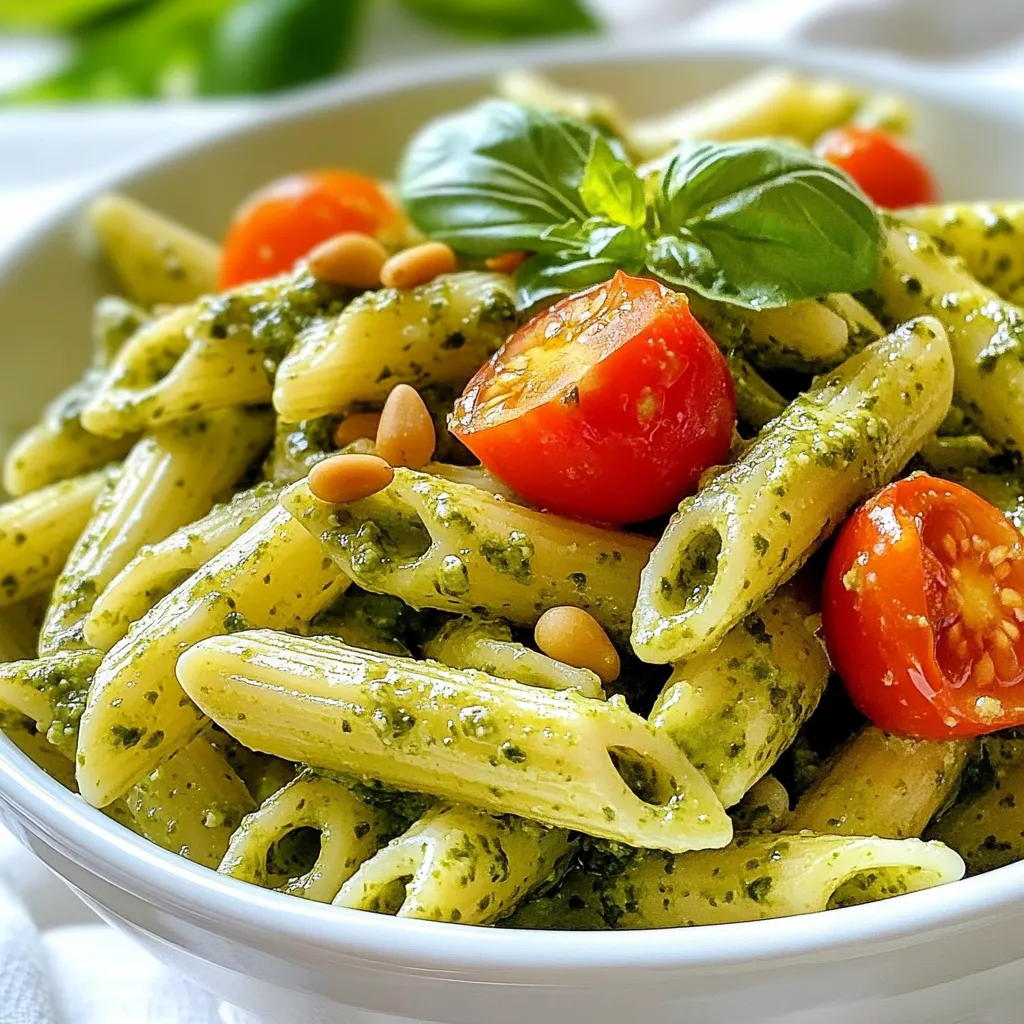 - 300g penne pasta - 1 cup fresh basil leaves - 1/3 cup toasted pine nuts - 1/2 cup freshly grated Parmesan cheese - 2 cloves garlic, peeled - 1/2 cup high-quality olive oil - 1 cup heavy cream - Salt and freshly cracked pepper, to taste The heart of creamy pesto penne lies in its fresh flavors. The penne pasta acts as the base, holding onto the sauce perfectly. Fresh basil brings a bright taste, while toasted pine nuts add a nutty crunch. Parmesan cheese lends a salty depth, and garlic boosts the overall flavor. - Cherry tomatoes, halved - Extra toasted pine nuts - Fresh basil leaves Garnishes elevate the dish. Halved cherry tomatoes add a pop of color and sweetness. Extra pine nuts provide crunch, and fresh basil gives a fragrant touch. These simple additions make your plate look lovely and appetizing. - Use whole wheat penne for a healthier option. - Swap pine nuts with walnuts or sunflower seeds. - Replace heavy cream with coconut milk for a lighter dish. You can easily adapt the recipe. If you want a different taste, try whole wheat penne. Walnuts or sunflower seeds can replace pine nuts. Coconut milk can substitute heavy cream for a dairy-free option. These swaps keep the dish tasty while catering to various diets. {{ingredient_image_2}} Start by boiling a large pot of water. Add a good amount of salt. Once the water boils, add 300g of penne pasta. Cook it according to the package instructions. You want it to be al dente, which means it should have a slight bite. After cooking, drain the pasta in a colander. Be sure to save about 1/2 cup of the pasta water. Set the pasta aside for later. Grab your food processor. Add 1 cup of fresh basil leaves, 1/3 cup of toasted pine nuts, 1/2 cup of grated Parmesan cheese, and 2 peeled garlic cloves. Pulse these ingredients together until they are coarsely chopped. This will create a bright green mixture. In a large skillet, pour in 1 cup of heavy cream. Turn the heat to medium. Warm the cream for about 2-3 minutes. Stir it often to make sure it doesn’t scorch on the bottom. Now, add the pesto you made into the warm cream. Stir it well until everything is blended. If the sauce is too thick, add a splash of the reserved pasta water. Keep mixing until you get a nice, creamy texture. Take the drained penne and gently add it to the skillet. Use a large spoon or tongs to toss the pasta in the creamy pesto sauce. Make sure every piece is well-coated. Serve the creamy pesto penne in bowls or on plates. For a lovely finish, add halved cherry tomatoes, extra toasted pine nuts, and fresh basil leaves on top. Enjoy your dish! To get the best creamy texture, start with warm cream. Heat it gently in your skillet. This helps the pesto mix smoothly. If your sauce feels thick, add a little of the reserved pasta water. Just a splash! Stir until you reach that dreamy creamy state. This simple step makes a big difference. If you have leftovers, store them in an airtight container. Make sure they cool down first. Place them in the fridge for up to three days. When you reheat, add a splash of cream or water. This keeps the pasta from drying out. Stir well to bring back the creamy goodness. Want to boost the flavor? Try adding some lemon juice. A squeeze brightens the dish. You can also mix in sun-dried tomatoes for a tangy twist. Don't forget about extra cheese! Sprinkling more Parmesan on top gives a nice salty bite. Experiment with these ideas to find your perfect balance. Pro Tips Use Fresh Ingredients: For the best flavor, always opt for fresh basil and high-quality olive oil. Fresh ingredients elevate the dish significantly. Adjust the Creaminess: If the sauce is too thick, gradually add reserved pasta water until you reach your desired consistency. This helps the sauce cling better to the pasta. Customize Your Pesto: Feel free to experiment with different nuts or cheeses in the pesto. Walnuts or pecans can provide a unique twist, and you can try different types of cheese for varied flavors. Perfect Pasta Cooking: Always salt your pasta water generously. This is your opportunity to flavor the pasta from the inside out, enhancing the overall dish. {{image_4}} You can add chicken to your creamy pesto penne for more protein. Start by cooking about 400g of boneless chicken breasts. Season them with salt and pepper, then grill or sauté until they are golden brown and cooked through. Slice the chicken into strips and mix it into the pasta just before serving. This addition makes the dish heartier and adds a nice texture. If you want a vegetarian twist, use vegetables instead of chicken. Roasted bell peppers, zucchini, or mushrooms are great choices. Just roast or sauté them until tender. You can toss them with the creamy pesto sauce and pasta at the end. This keeps the dish vibrant and colorful while adding more flavor and nutrients. For a gluten-free version, use gluten-free penne pasta. Many brands offer tasty options made from rice or corn. Cook the pasta according to the package directions. The creamy pesto sauce works well with gluten-free pasta, keeping the dish rich and satisfying. Enjoy the same delightful flavors without the gluten! To store Creamy Pesto Penne, let it cool to room temperature. Then, place it in an airtight container. This will keep the pasta fresh for about 3 days in the fridge. Make sure to cover it well to prevent drying out. When you're ready to enjoy leftovers, reheat the pasta gently. You can use a microwave or a stovetop. If using the stovetop, add a splash of water or cream to keep it moist. Stir frequently and heat until warm. Avoid high heat to prevent the cream from separating. You can freeze Creamy Pesto Penne, but it may change texture. Place the cooled pasta in a freezer-safe container. Make sure to leave some space for expansion. It can last up to 2 months in the freezer. To thaw, move it to the fridge overnight. Reheat as mentioned above for best results. You can use half-and-half or whole milk if you want a lighter sauce. For a dairy-free option, try coconut cream or cashew cream. Both will add a rich taste without dairy. Yes, store-bought pesto works well for this dish. It saves time and still offers great flavor. Just ensure it is a high-quality brand to keep the taste vibrant. Pasta is al dente when it is firm but cooked through. To check, taste a piece a minute before the package time ends. It should have a slight bite. You can spread it on sandwiches or use it as a dip for veggies. Pesto also tastes great on grilled chicken or fish. Mix it into scrambled eggs for a tasty breakfast twist. Yes, you can prepare the sauce and pasta ahead of time. Store them separately in airtight containers. Just heat them gently before serving to enjoy the creamy goodness. Creamy pesto penne is easy and fun to make. We covered key ingredients, cooking steps, and tasty tips. You can enjoy it with chicken, keep it vegetarian, or choose gluten-free pasta. Storing and reheating leftover pasta is simple. Explore other uses for pesto to avoid waste. Embrace your kitchen skills. With these ideas, you can create delicious meals. Enjoy cooking!