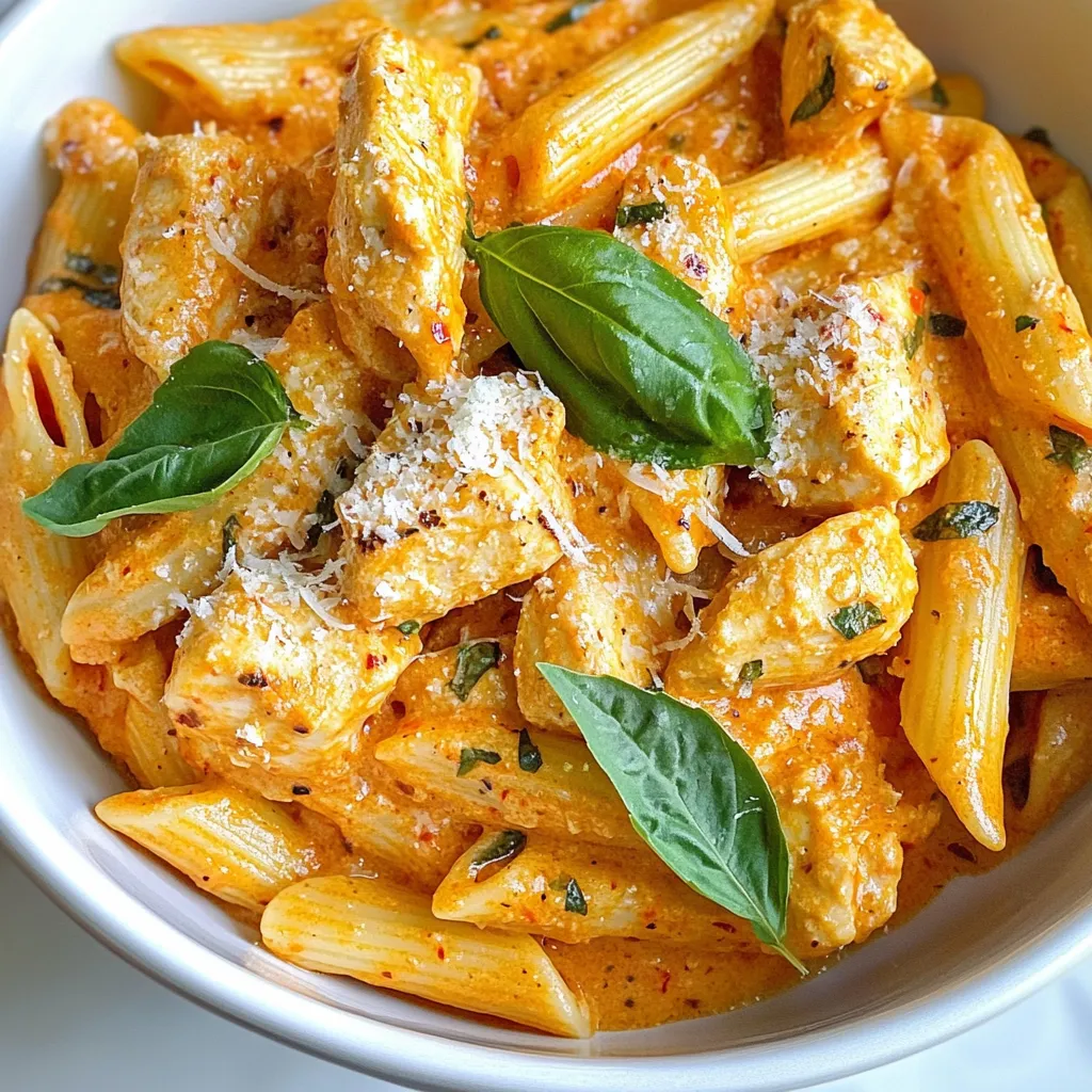 - 1 pound penne pasta - 2 tablespoons extra virgin olive oil - 1 pound boneless, skinless chicken breasts, cut into 1-inch cubes - 3 cloves garlic, minced - 1 (28-ounce) can of crushed tomatoes - 1 cup heavy cream - 1 teaspoon Italian seasoning blend - 1 cup fresh basil leaves, roughly chopped - Salt and freshly cracked black pepper to taste - ½ cup grated Parmesan cheese - Red pepper flakes (optional, for a spicy kick) Chicken Penne Alla Vodka is a simple dish, yet each ingredient adds depth. The penne pasta provides a hearty base. The chicken adds protein and richness. Garlic gives a warm aroma. Crushed tomatoes create a vibrant sauce. Heavy cream makes it creamy and smooth. Each herb and spice elevates the flavor. - Red pepper flakes (for heat) - Fresh parsley (for garnish) - Additional cheese (like mozzarella) You can add red pepper flakes for a spicy kick. Fresh parsley can brighten the dish. Extra cheese on top creates a gooey finish. These options let you customize the dish to your taste. - Olive oil - Salt - Black pepper - Dried Italian herbs These pantry staples are key for flavor. Olive oil brings richness. Salt and pepper enhance every bite. Dried Italian herbs add an aromatic touch. Having these on hand makes cooking easier. They will help you create a delicious Chicken Penne Alla Vodka anytime! {{ingredient_image_2}} To start, get a large pot and fill it with salted water. Bring it to a rolling boil. Once boiling, add 1 pound of penne pasta. Cook it according to the package instructions until it is al dente. This usually takes about 8-10 minutes. When it's done, drain the pasta. Save a cup of the pasta water for later. Set the penne aside in a bowl. Now, grab a large skillet and heat up 2 tablespoons of extra virgin olive oil over medium heat. Once the oil is hot, add 1 pound of cubed chicken breast. Season it with salt and pepper. Cook the chicken for about 5-7 minutes. It should turn golden brown and be fully cooked. When done, take the chicken out of the skillet and place it on a plate. In the same skillet, toss in 3 cloves of minced garlic. Sauté it for about 30 seconds. You want the garlic to be fragrant but not burnt. Next, add a 28-ounce can of crushed tomatoes. Stir it well and raise the heat a bit. Let it simmer gently for around 5 minutes. This helps the flavors blend nicely. Now, add 1 teaspoon of Italian seasoning blend for extra flavor. Lower the heat and slowly stir in 1 cup of heavy cream. Keep mixing until it’s smooth. Let the sauce simmer for another 2-3 minutes. This helps it thicken slightly. Now, return the cooked chicken to the skillet. Add the chopped basil and the cooked penne pasta. Gently toss everything together. If the sauce is too thick, add a splash of the reserved pasta water. Lastly, stir in ½ cup of grated Parmesan cheese until it melts. Adjust the taste with salt, pepper, or red pepper flakes if you want some heat. Let it sit for a minute before serving. To get the best pasta, use salted water. This adds flavor. Cook the penne until it is al dente. This means it should be firm to the bite. After cooking, save a cup of pasta water. You may need it later. - Use about 1 tablespoon of salt per quart of water. - Stir the pasta occasionally to avoid sticking. Creaminess is key for a great sauce. Start with heavy cream after cooking the tomatoes. Stir it slowly into the sauce. This helps it blend well. Let it simmer for a few minutes. This thickens the sauce and makes it rich. - For extra creaminess, use freshly grated Parmesan cheese. - Keep the heat low to avoid burning the cream. Flavor can make or break your dish. Play with spices to enhance taste. Add Italian seasoning for a classic touch. If you like heat, sprinkle in some red pepper flakes. Fresh basil adds a bright flavor. Always taste as you go. - Use freshly cracked black pepper for better flavor. - Consider adding a splash of vodka for authenticity. Pro Tips Perfect Pasta: Always cook your pasta al dente to ensure it holds up well when combined with the sauce, offering the best texture. Fresh Basil Finish: Add the fresh basil at the end of cooking to preserve its vibrant flavor and aroma in the dish. Adjust the Creaminess: If you prefer a lighter sauce, substitute half of the heavy cream with chicken broth for a deliciously creamy yet lighter version. Heat Control: When adding cream to the sauce, ensure the heat is low to prevent it from curdling and to achieve a smooth consistency. {{image_4}} To add a bright touch, mix in fresh spinach. Spinach wilts down quickly, blending well with the creamy sauce. Just toss a few cups in with the chicken before adding the sauce. This adds color and nutrients, making your dish even better. If you want a meatless dish, skip the chicken. Just cook the penne and follow the sauce steps. You can add mushrooms or zucchini for extra flavor and texture. This version keeps all the creamy goodness while being plant-based. For a vegan take, swap heavy cream with coconut cream. Use nutritional yeast instead of cheese for a cheesy flavor. You can also try cashew cream for a rich texture. These swaps keep the dish creamy and tasty without dairy. To keep your Chicken Penne Alla Vodka fresh, store it in an airtight container. Make sure it cools down before sealing. Leftovers can last for up to three days in the fridge. Label the container with the date for easy tracking. When ready to enjoy your leftovers, reheat gently. Use a skillet over low heat for best results. Add a splash of water or cream to keep it moist. Stir often to heat evenly. You can also use the microwave but check every 30 seconds to avoid drying it out. If you want to store it longer, freezing is a great option. Place the cooled dish in a freezer-safe container. Separate portions for easier defrosting. You can freeze it for up to three months. To reheat, thaw overnight in the fridge and then use the skillet method for the best taste. It takes about 30 minutes to make Chicken Penne Alla Vodka. You will spend 15 minutes preparing your ingredients and 15 minutes cooking. This quick time makes it perfect for busy nights. Yes, you can use other types of pasta. Bowtie, rigatoni, or even spaghetti work well. Just remember to cook them according to their package instructions for the best results. Heavy cream gives the dish its rich, creamy texture. However, you can use half-and-half or a non-dairy option if you prefer. Just keep in mind that this might change the flavor slightly. A light red wine pairs well with this dish. A Pinot Noir or Merlot works great. If you prefer white wine, try a Chardonnay. The wine will enhance the flavors of the meal. To add heat, use red pepper flakes. Start with a small amount and taste as you go. You can also add diced jalapeños or a splash of hot sauce to kick up the spice level. In this post, we covered how to make Chicken Penne Alla Vodka. We learned about key ingredients, cooking steps, and tips for perfect texture and flavor. I also shared variations for different diets and storage advice. Overall, this dish is simple yet rich in taste. It’s a crowd-pleaser and easy to adapt. Experiment with flavors and make it your own! Enjoy each delicious bite.