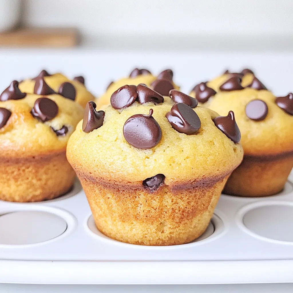 For these bakery-style chocolate chip muffins, you will need: - 2 cups all-purpose flour - 2 teaspoons baking powder - 1 teaspoon baking soda - ½ teaspoon salt - ¾ cup unsalted butter, melted - 1 cup packed brown sugar - ½ cup granulated sugar - 2 large eggs - 1 teaspoon pure vanilla extract - 1 cup buttermilk (or almond milk for dairy-free) - 1 ½ cups semi-sweet chocolate chips - ¼ cup large chocolate chips (for topping) These ingredients work together to create a rich, fluffy muffin. The mix of sugars gives the muffins a sweet depth. The buttermilk adds moisture and tenderness. If you need to make some swaps, here are a few ideas: - Flour: You can use whole wheat flour for a healthier option. - Butter: Coconut oil can replace unsalted butter for a dairy-free choice. - Sugar: Use coconut sugar or a sugar substitute for lower calories. - Eggs: Flax eggs or applesauce can work as egg replacements. - Milk: Almond milk or oat milk are great dairy-free substitutes. These alternatives can help you adjust based on dietary needs or preferences. Using high-quality ingredients makes a big difference. Fresh eggs, quality chocolate, and pure vanilla extract enhance flavor. The better your ingredients, the better your muffins will taste. When possible, choose organic or locally sourced items. They often have more flavor and nutrients. Your muffins will not only look good but will taste amazing too. Start by preheating your oven to 375°F (190°C). This helps your muffins rise perfectly. While the oven heats, prepare your muffin tin. You can line it with paper liners or lightly grease each cup with non-stick spray. This step ensures easy removal of your muffins later. In a medium bowl, whisk together the dry ingredients. Combine 2 cups of all-purpose flour, 2 teaspoons of baking powder, 1 teaspoon of baking soda, and ½ teaspoon of salt. Mix well until everything blends evenly. Set this bowl aside while you work on the wet ingredients. In a large bowl, mix the melted butter, brown sugar, and granulated sugar. You want to create a smooth and creamy texture. Next, add 2 large eggs, one at a time. Whisk after each egg until fully blended. Stir in 1 teaspoon of vanilla extract and 1 cup of buttermilk. This mixture adds rich flavor to your muffins. Now, combine your dry and wet mixtures. Gradually add the dry ingredients to the wet mixture. Use a spatula to gently fold them together. Be careful not to overmix; some lumps are okay. This keeps your muffins light and fluffy. Once your batter is ready, carefully fold in 1½ cups of semi-sweet chocolate chips. Use a scoop or spoon to fill each muffin cup about three-quarters full. For a special touch, sprinkle a few large chocolate chips on top. Place the muffin tin in the oven and bake for 18-22 minutes. Use a toothpick to check doneness; it should come out clean. After baking, let the muffins cool in the tin for about 5 minutes. Then, transfer them to a wire rack to cool completely. To make moist and fluffy muffins, use buttermilk or almond milk. This ingredient adds moisture and tenderness. Also, don’t overmix your batter. Mixing too much creates tough muffins. Fold gently until the dry and wet ingredients just combine. Leaving small lumps is okay. This method helps keep your muffins light and airy. One common mistake is using cold ingredients. Always let eggs and dairy sit at room temperature. This step helps them blend better. Another mistake is filling the muffin cups too full. Aim for three-quarters full to allow the muffins to rise. Lastly, don’t skip preheating the oven. A hot oven ensures even baking and a great rise. To boost the chocolate flavor, use high-quality chocolate chips. Semi-sweet chips work best, but you can mix in dark chocolate for a richer taste. Another tip is to add a pinch of espresso powder. This tiny amount will deepen the chocolate flavor without tasting like coffee. Also, consider adding a touch of cinnamon for warmth. This subtle spice pairs beautifully with chocolate. {{image_4}} You can make your chocolate chip muffins even better by adding fun mix-ins. Here are some ideas: - Nuts: Add chopped walnuts or pecans for a crunchy bite. - Dried Fruit: Try adding raisins or cranberries for a sweet twist. - Spices: A pinch of cinnamon or nutmeg can bring warmth to your muffins. - Zest: Grate some orange or lemon zest for a fresh, bright flavor. - Peanut Butter: Swirl in some creamy peanut butter for added richness. Each of these options can change the flavor and texture of your muffins. Feel free to mix and match to create your perfect treat! You can easily adapt this recipe to fit your needs. To make it dairy-free, swap the buttermilk for almond milk. Use a dairy-free butter or coconut oil instead of regular butter. For gluten-free muffins, replace all-purpose flour with a gluten-free flour blend. Make sure the blend has xanthan gum, as this helps with texture. These options still give you a tasty muffin without the dairy or gluten. Seasonal flavors can make your muffins fun and festive! In the fall, add pumpkin puree for a delicious pumpkin chocolate chip muffin. Just replace half of the buttermilk with pumpkin puree. You can also add spices like cinnamon and ginger for that warm fall taste. In summer, fresh berries like blueberries or strawberries can bring a bright, fruity flavor. Change your muffins with the seasons to keep things exciting! To keep your chocolate chip muffins fresh, start by letting them cool completely. I recommend placing them in an airtight container. You can use plastic wrap or a zip-top bag if you don't have a container. Store them at room temperature for the best taste. If you add a piece of bread to the container, it helps keep the muffins moist. Freezing muffins is a great way to save some for later. Wrap each muffin tightly in plastic wrap, then place them in a freezer bag. They will keep well for up to three months. When you want to enjoy one, just take it out of the freezer. Let it sit at room temperature or pop it in the microwave for about 20 seconds to warm it up. Chocolate chip muffins can last up to three days at room temperature when stored correctly. If you keep them in the fridge, they may last about a week. However, I find they taste best fresh. Enjoy them warm for the ultimate chocolate experience! Yes, you can use many types of chocolate chips. Dark chocolate chips add a rich taste. Milk chocolate chips bring a sweeter flavor. You can even mix them! Try white chocolate or butterscotch chips for a twist. To check if your muffins are done, use a toothpick. Insert it into the center of a muffin. If it comes out clean or with a few crumbs, they are done. If it's wet, bake for a few more minutes. If your muffins are dense, they may be overmixed. Mix just until the ingredients blend. Also, check your baking powder for freshness. Adding a bit more buttermilk can help lighten the batter, too. Yes, you can make the batter ahead of time. Store it in the fridge for up to 24 hours. Just stir gently before baking. If you make it too early, the muffins may not rise as well. Serve the muffins warm for the best taste. They are great plain or with butter. You can dust them with powdered sugar for a fancy touch. Display them on a cake stand to impress your guests! You learned how to make tasty bakery-style chocolate chip muffins from scratch. We covered key ingredients, proper techniques, and helpful tips. Quality matters, so choose the best ingredients. Avoid common mistakes to ensure success. Explore fun variations to keep things exciting. Store muffins well to enjoy them longer. Enjoy baking, and remember, practice makes perfect! Your journey to delicious muffins starts now.