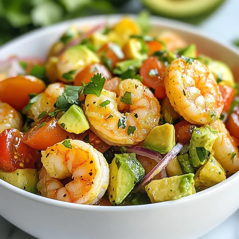 - Shrimp: 1 pound of raw shrimp, peeled and deveined - Fresh Produce: - 2 ripe avocados, diced - 1 large tomato, diced - 1/2 red onion, finely chopped - 1 jalapeño, seeded and minced - 1/4 cup fresh cilantro, chopped - Marinade Components: - Juice of 2 limes - 2 tablespoons extra virgin olive oil - Salt and freshly ground black pepper to taste - 1 teaspoon smoked paprika - 1 teaspoon garlic powder When I prepare this dish, I choose fresh shrimp for the best taste. Look for shrimp with a firm texture. The avocados should be ripe and slightly soft for easy dicing. Fresh lime juice adds a bright flavor, while smoked paprika gives a nice depth. Each ingredient plays a role in making the salad taste fresh and unique. The lime juice not only adds zest but also helps the shrimp and veggies blend well. I love using fresh herbs like cilantro for a burst of flavor. You can easily adjust the spice level with the jalapeño. Gather these ingredients, and you will be on your way to a delightful meal. It's a perfect salad for sunny days or when you want something light and tasty. {{ingredient_image_2}} First, gather your ingredients for the marinade. In a medium bowl, mix together the juice of two limes, two tablespoons of olive oil, one teaspoon of smoked paprika, one teaspoon of garlic powder, salt, and freshly ground black pepper. Whisk everything until smooth. This marinade is key. It adds bold flavors to the shrimp, making each bite delightful. Next, add one pound of peeled and deveined shrimp to the marinade. Make sure the shrimp are fully coated. Let them sit for 15 to 20 minutes at room temperature. This time allows the shrimp to absorb all that tasty flavor. Don’t skip this step; it makes a big difference. Now, it’s time to cook the shrimp. Heat a large skillet over medium heat. Once hot, add the shrimp in a single layer. Cook for two to three minutes on each side. Look for the shrimp to turn pink and opaque; this means they are done. Remove them from the heat and let them cool for a moment. In a large mixing bowl, combine the fresh ingredients. Add two diced avocados, one diced tomato, half a finely chopped red onion, one minced jalapeño, and a quarter cup of chopped cilantro. Stir gently to mix without mashing the avocados. This keeps the salad fresh and bright. Once the shrimp have cooled, fold them into the bowl with the avocado mixture. Squeeze a bit more lime juice over everything for a zesty kick. Toss the salad gently to mix all the flavors. Finally, taste the salad and adjust the seasoning with more salt and pepper if needed. This is your chance to make it perfect! To find ripe avocados, look for these signs: - The skin should be dark green or black. - Gently press the avocado. It should yield slightly but not feel mushy. - Check the stem; if it pops off easily and is green underneath, it’s ripe. For shrimp freshness, follow these guidelines: - Look for shrimp that are translucent and firm. - They should have a mild ocean scent, not a strong fishy smell. - Avoid shrimp with black spots or a strong odor. You can cook shrimp in many ways. Grilling adds a smoky flavor. Sautéing keeps them juicy. Choose your cooking method based on your taste. - For grilling, preheat the grill. Skewer shrimp to make flipping easier. - For sautéing, use a hot skillet with olive oil. Cook until they turn pink. You can also change the flavor by using spices. Try adding chili powder for heat or lemon juice for a citrus twist. Presentation matters. Serve the salad in chilled bowls. You can also use a large platter for gatherings. Here are some tips for a beautiful look: - Scatter lime wedges around the salad. - Sprinkle extra cilantro on top for color. Pair this salad with light dishes. It goes well with crusty bread or grilled veggies. Enjoy the fresh taste and colorful display! Pro Tips Fresh Shrimp is Key: Always choose the freshest shrimp available. This makes a significant difference in taste and texture, enhancing the overall quality of your salad. Perfectly Ripe Avocados: Ensure your avocados are perfectly ripe for the best flavor and creaminess. A ripe avocado should yield slightly to gentle pressure. Chill Your Ingredients: For an extra refreshing salad, chill the shrimp and mix your ingredients beforehand. Serving cold adds to the overall enjoyment. Customize the Heat: Adjust the amount of jalapeño to suit your spice tolerance. You can also add other peppers or even a dash of hot sauce for an extra kick. {{image_4}} You can boost the flavor of your Avocado Lime Shrimp Salad by adding a few extra ingredients. Consider mixing in corn or black beans for a hearty touch. Both add texture and a subtly sweet taste that complements the shrimp and avocados. If you want to enhance the flavor further, try using fresh herbs like dill or basil. These herbs can add unique notes to the dish and bring freshness to each bite. This salad can fit many diets with a few tweaks. For those who follow a gluten-free diet, this recipe is already suitable. The ingredients are naturally gluten-free. If you want a low-carb option, focus on the shrimp and fresh veggies. You can also make this salad vegan or vegetarian. Swap the shrimp for chickpeas or tofu. Both options provide protein and work well with the other ingredients. Just be sure to adjust the marinating step to fit your choice! To keep your salad fresh, store it in airtight containers. Glass or plastic with tight lids works best. Place the leftover salad in the fridge right away. It stays good for about one to two days. After that, the avocados may brown, and the shrimp may lose their texture. If you want to reheat the shrimp, do it gently. Use a skillet on low heat. This helps keep the shrimp tender and juicy. Avoid the microwave as it can make the shrimp rubbery. When you reheat, check the salad first. If the shrimp are warm, add more fresh avocado and lime juice. This keeps the salad fresh and flavorful. Enjoy your delicious meal! Yes, you can use frozen shrimp. First, thaw them properly. Place the shrimp in a bowl of cold water for about 15-20 minutes. This helps them defrost quickly. Once thawed, drain and pat dry with a paper towel. Frozen shrimp can taste great if thawed well. However, fresh shrimp often have a better texture and flavor. You can prep some ingredients a day before. Dice the avocados, tomatoes, onion, and jalapeño, then store them in separate containers. Keep the shrimp marinated but cook them just before serving. This keeps the salad fresh and vibrant. Squeeze lime juice on the avocados to prevent browning. Mix everything together just before serving for the best taste. This salad pairs well with many dishes. Try serving it with tortilla chips for crunch. A side of rice or quinoa complements the flavors nicely. Grilled vegetables also work well. For drinks, a chilled white wine or iced tea enhances the meal. Enjoy mixing and matching to find your favorite pairings! You’ve learned how to make a delicious Avocado Lime Shrimp Salad. We covered the ingredients, marinating tips, and cooking methods. I shared ways to enhance your dish with variations and storage tips. This salad is fresh, tasty, and fun to prepare. Whether for a special meal or a quick weeknight dinner, it fits perfectly. Enjoy making it your own with different flavors and extras. Remember, tasting along the way brings the best results!