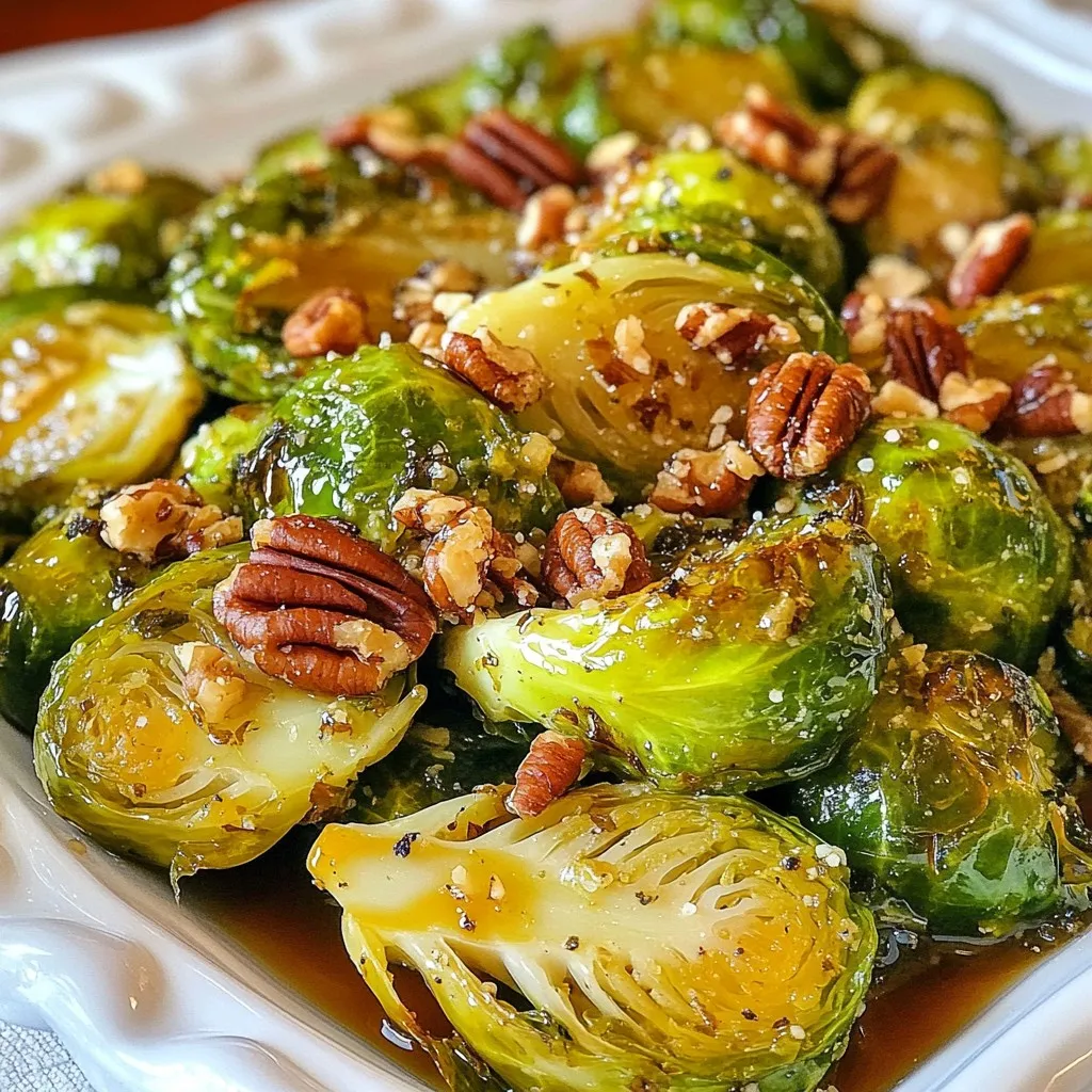 - 1.5 lbs Brussels sprouts, trimmed and sliced in half - 3 tablespoons extra virgin olive oil - 2 tablespoons pure maple syrup - 1 tablespoon whole grain Dijon mustard - 2 cloves garlic, finely minced - Salt and freshly ground black pepper to taste - 1/4 teaspoon red pepper flakes (optional) - 1/4 cup pecans, toasted and roughly chopped You can add some red pepper flakes for a spicy kick. This adds warmth and depth. If you love nuts, consider adding a mix of walnuts or almonds. You can also sprinkle some fresh herbs like thyme or rosemary for extra aroma. If you don’t have Brussels sprouts, try using green beans or cauliflower. For the maple syrup, honey or agave syrup works well. You can replace whole grain Dijon mustard with yellow mustard if needed. If you are out of pecans, toasted walnuts or sunflower seeds can be a great alternative. {{ingredient_image_2}} Start by preheating your oven to 400°F (200°C). This high heat helps the Brussels sprouts turn golden and caramelized. A hot oven makes a big difference in flavor. Trim and slice 1.5 lbs of Brussels sprouts in half. This size allows them to roast well. In a large bowl, mix the halved sprouts with 3 tablespoons of extra virgin olive oil, 2 tablespoons of pure maple syrup, and 1 tablespoon of whole grain Dijon mustard. Add 2 cloves of finely minced garlic, salt, and freshly ground black pepper. If you like a kick, add 1/4 teaspoon of red pepper flakes. Mix everything together until the Brussels sprouts are well-coated in the tasty sauce. Line a baking sheet with parchment paper. This makes cleanup easy. Spread the Brussels sprouts mixture in a single layer on the sheet. Place the baking sheet in the preheated oven. Roast for 20-25 minutes. Stir the sprouts halfway to ensure even cooking. They should be tender and golden brown on the edges. Once done, take the sheet out and toss the sprouts with 1/4 cup of toasted pecans. This adds a nice crunch. Serve warm, drizzling any leftover maple mixture from the pan over the top for extra flavor. Enjoy! To get the best Brussels sprouts, start with fresh ones. Look for firm, bright green sprouts. Trim the ends and slice them in half. This allows the edges to caramelize well. Preheat your oven to 400°F (200°C). The high heat makes them crispy. Spread the sprouts in a single layer on the baking sheet. This helps them roast evenly. Stir them halfway through cooking for a nice brown color. They should be tender and golden brown in about 20-25 minutes. Maple syrup and Dijon mustard bring great taste. You can add garlic for a nice kick. If you like heat, sprinkle in red pepper flakes. This adds a fun twist. After roasting, toss in toasted pecans for crunch. They add a nutty flavor that pairs well. Experiment with fresh herbs too, like thyme or parsley, for extra depth. Each addition makes your dish more exciting. Serve your Maple Dijon Roasted Brussels Sprouts warm. A vibrant bowl makes the dish look inviting. Consider garnishing with more toasted pecans for crunch. Drizzle any leftover maple mixture from the pan over the top. This adds sweetness and makes it shine. These sprouts make a great side dish for roasted meats or as part of a cozy vegetarian meal. Enjoy your delicious creation! Pro Tips Choose Fresh Brussels Sprouts: Select Brussels sprouts that are firm and tightly closed for the best flavor and texture. Preheat Your Oven: Always preheat your oven to ensure even roasting and maximum caramelization. Experiment with Sweetness: Adjust the amount of maple syrup based on your personal taste; you can add a little more for a sweeter dish. Perfect Pecan Toasting: Toast your pecans in a dry skillet over medium heat for a few minutes for enhanced flavor before adding them to the dish. {{image_4}} You can use different types of maple syrup for this recipe. Light syrup has a mild flavor, while dark syrup is richer. Try both to see which one you like best. You can even mix different types for a unique taste. Just remember, the sweetness level may change, so adjust the amount in your recipe. Brussels sprouts are great, but you can add other veggies too. Carrots, sweet potatoes, or even cauliflower work well. Cut them into similar sizes for even cooking. Toss them in the same maple Dijon mix. This addition boosts flavor and makes the dish more colorful. Pecans add a nice crunch, but you can swap them out. Walnuts or almonds also provide great texture. If you prefer seeds, pumpkin or sunflower seeds are tasty choices too. Toast them lightly before adding for an extra crunch. This gives the dish a new twist while keeping it healthy. To keep your Maple Dijon Roasted Brussels fresh, first let them cool. Place the sprouts in an airtight container. Store in the fridge for up to 4 days. If you plan to eat them later, keep the pecans separate. This helps them stay crunchy. Reheat Brussels sprouts in the oven for best results. Preheat your oven to 350°F (175°C). Spread the sprouts on a baking sheet. Heat for about 10 minutes, until hot. You can also use the microwave. Heat in short bursts of 30 seconds. Stir between each burst to avoid sogginess. You can freeze Maple Dijon Roasted Brussels, but they may lose some texture. Cool the sprouts completely. Place them in a freezer-safe bag. Squeeze out air before sealing. They can last up to 3 months. When ready to eat, thaw in the fridge overnight. Reheat as mentioned above for best taste. Yes, you can use frozen Brussels sprouts. Just remember they may not roast as well as fresh ones. Frozen sprouts often contain more water, which can lead to less crispness. If you choose frozen, thaw them first and pat them dry to help them crisp up in the oven. To make this recipe vegan, replace the honey with more maple syrup. Ensure your Dijon mustard does not contain honey. All other ingredients are already vegan-friendly. This way, you keep the sweet and tangy flavor without any animal products. Maple Dijon Roasted Brussels sprouts pair great with many dishes. They work well with roasted chicken or turkey. You can serve them with mashed potatoes or a quinoa salad for a hearty meal. They also complement grilled meats or fish beautifully, adding a nice contrast to savory flavors. In this blog post, we explored how to make Maple Dijon Roasted Brussels Sprouts. We covered the ingredients, including substitutions and optional flavor boosters. Next, we discussed step-by-step cooking directions and tips for achieving crispy texture and rich flavor. We also featured variations you can try and provided storage methods for leftovers. Remember, these Brussels sprouts are not just a side dish; they can shine on your table. Use this guide to make a tasty dish anyone will love!
