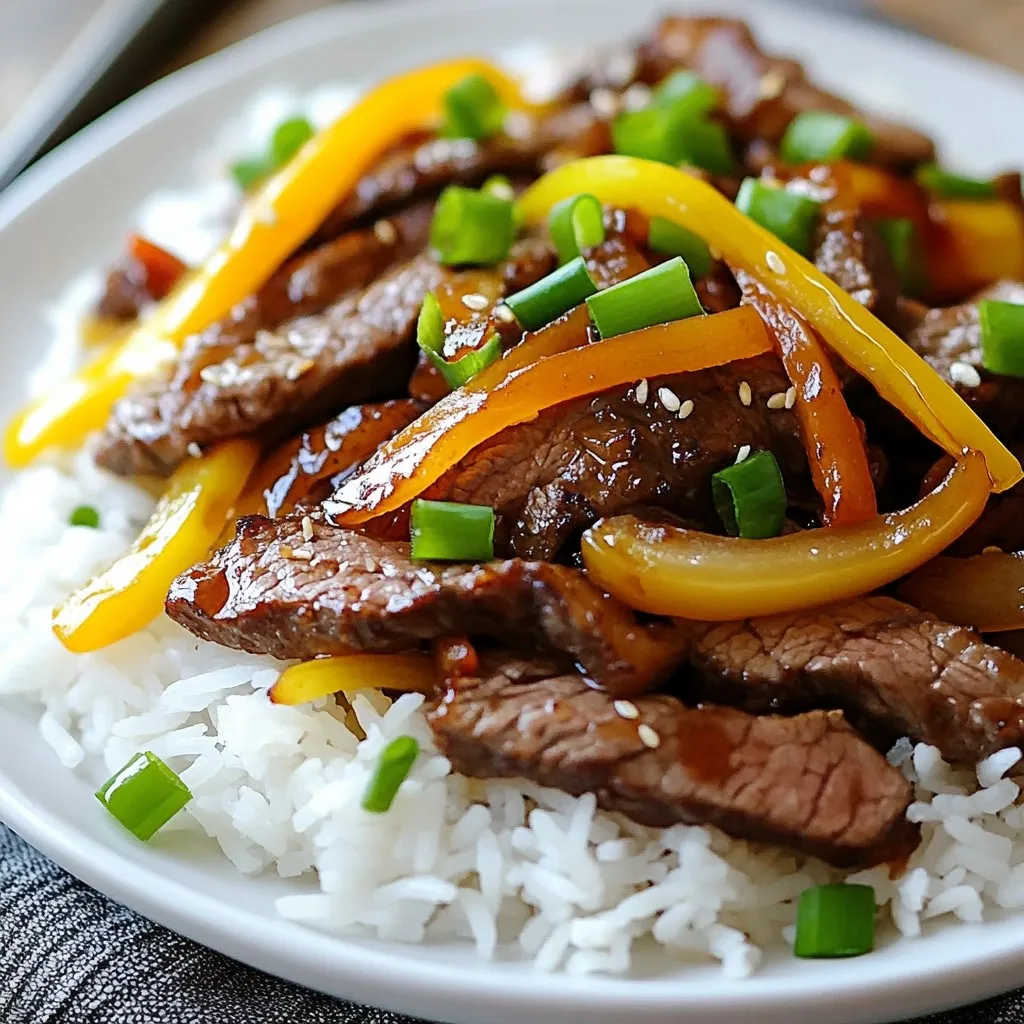 - 1 lb flank steak, sliced thinly against the grain - 2 tablespoons soy sauce - 1 tablespoon cornstarch - 2 tablespoons vegetable oil, divided - 1 large bell pepper, cut into strips - 1 medium onion, sliced into thin rings - 2 cloves garlic, minced - 1 teaspoon fresh ginger, minced - 1 tablespoon oyster sauce - 1 teaspoon sesame oil - 1 teaspoon freshly cracked black pepper - Chopped green onions for garnish (optional) - Cooked jasmine rice for serving For this dish, I like to use flank steak. It has a great texture and flavor. Marinating the steak in soy sauce and cornstarch adds depth. The bell pepper and onion bring color and crunch. Garlic and ginger add a nice kick. When shopping, look for fresh vegetables. The soy sauce and oyster sauce give that classic umami taste. Sesame oil adds a nice finish. Black pepper gives it a little heat. For serving, jasmine rice is perfect. It soaks up the sauce well. Optional green onions make for a beautiful garnish. They add a fresh flavor, too. Use these ingredients to create a dish that's both tasty and eye-catching. {{ingredient_image_2}} - Take 1 pound of flank steak and slice it thinly against the grain. - In a medium bowl, mix the steak with 2 tablespoons of soy sauce and 1 tablespoon of cornstarch. - Toss the steak until it's evenly coated. - Let it marinate for 15 minutes at room temperature. This step adds a great depth of flavor. - Heat 1 tablespoon of vegetable oil in a large skillet over high heat. - Once the oil is hot and shimmering, add the marinated steak. - Cook the steak for about 2-3 minutes. Stir it occasionally to brown all sides but keep it slightly pink inside. - Use a slotted spoon to transfer the steak to a plate and set it aside for later. - In the same skillet, add 1 tablespoon of vegetable oil. - When the oil is hot, toss in the sliced bell pepper and onion. - Stir-fry these veggies for about 2 minutes. You want them soft but still crunchy. - Add 2 cloves of minced garlic and 1 teaspoon of minced ginger to the skillet. - Stir continuously for about 1 minute until you smell their wonderful aroma. - Return the cooked steak to the skillet with the veggies. - Pour in 1 tablespoon of oyster sauce, 1 teaspoon of sesame oil, and 1 teaspoon of freshly cracked black pepper. - Mix everything well to combine. - Cook for another 2-3 minutes, until the steak is done and the veggies are tender-crisp. - Taste and adjust the seasoning if needed. If you like a saucier dish, add a splash of soy sauce. Marinating the steak is key for flavor. I suggest marinating for at least 15 minutes. This time allows the soy sauce and cornstarch to soak into the meat, making it more tender and tasty. If you want to try something new, consider using teriyaki sauce or even a mix of vinegar and honey for a sweet twist. Using high heat is essential when stir-frying. Make sure your skillet or wok is hot before adding the meat. This will help to brown the steak quickly, sealing in juices. For tender steak, cut against the grain. This simple step makes a big difference in texture. For a beautiful plate, use a small bowl to shape the jasmine rice. Next, arrange the pepper steak beside it. This adds height and makes the dish inviting. To finish, sprinkle chopped green onions on top. They add color and a fresh taste that enhances the dish. Pro Tips Marinate for Maximum Flavor: Allow the steak to marinate for at least 15 minutes to enhance its flavor and tenderness. For an even deeper flavor, consider marinating for 1-2 hours in the refrigerator. High Heat is Key: Cooking on high heat ensures a good sear on the steak, locking in juices and creating a delicious crust. Make sure your skillet or wok is hot before adding the meat. Fresh Ingredients Matter: Use fresh garlic and ginger for the best flavor. Their aromatic qualities significantly enhance the dish and contribute to a vibrant flavor profile. Customize Your Veggies: Feel free to mix in other vegetables such as snow peas or broccoli for added texture and nutrition. Just be mindful of cooking times to ensure everything is perfectly tender. {{image_4}} You can easily switch the beef for chicken or tofu. Chicken works well and cooks fast. Use boneless, skinless chicken breasts or thighs. Cut them into thin strips like the steak. Tofu is a great option too. Press it to remove excess water and cube it. When using chicken or tofu, adjust the cooking time. Chicken needs about 6-8 minutes until it’s cooked through. Tofu should be cooked until golden brown on all sides. This keeps the dish tasty and full of flavor. You can add more veggies to this dish. Broccoli, snap peas, or carrots are great choices. These vegetables add color and crunch. You can use seasonal vegetables too. In spring, try asparagus. In fall, add mushrooms for a rich taste. Mixing in different veggies keeps the dish fresh. It also helps you use what you have in your fridge. Just remember to cut them thin so they cook evenly. For a fun twist, serve this with different grains or noodles. Quinoa or brown rice adds a nice touch. If you want noodles, try egg noodles or rice noodles. They soak up the sauce well and add a chewy texture. Pair your dish with sauces and sides. A drizzle of extra soy sauce or sweet chili sauce can enhance the flavor. Serve it with a side of steamed broccoli or a fresh salad for balance. Enjoy exploring these variations! To store your Chinese pepper steak and onions, follow these best practices: - Cool down: Let the dish cool to room temperature before storing. - Use airtight containers: Place the leftovers in airtight containers to keep them fresh. - Refrigerate: Store in the fridge for up to three days. After three days, the dish may lose flavor and texture. To enjoy your leftovers, use these methods to retain flavor and texture: - Stovetop reheating: Heat in a skillet over medium heat. Add a splash of water or broth to keep it moist. - Microwave: Place on a microwave-safe plate. Cover with a damp paper towel. Heat in short bursts, stirring in between. Quick tips: Only reheat what you plan to eat. This keeps the flavors fresh and prevents sogginess. Enjoy your delicious dish again with these easy steps! Yes, you can use other cuts of beef. Sirloin, ribeye, or even tenderloin can work. These cuts are tender and cook well in a stir-fry. Just remember to slice them thinly. This helps them cook quickly and stay juicy. Absolutely! For a gluten-free dish, you can use tamari instead of soy sauce. Tamari is a great substitute that tastes similar. For the oyster sauce, look for gluten-free versions. They are now available in many stores. Always check the labels to be sure. You can definitely prepare this dish in advance. Cook the steak and veggies, then cool them down. Store in an airtight container in the fridge. This meal stays fresh for up to three days. When you’re ready, just reheat it in a skillet or microwave. This dish pairs well with simple sides. Cooked jasmine rice is a classic choice. You can also serve it with lo mein or steamed noodles. For a lighter option, add a side of stir-fried greens or a fresh salad. These choices balance the flavors and make a complete meal. This blog post covered how to make Chinese Pepper Steak. We discussed the key ingredients, steps to marinate and cook, plus tips for the best results. You can switch proteins and add different vegetables to customize the dish. Storing and reheating leftovers keeps your meal fresh and tasty. Now, you can enjoy a delicious homemade meal any day. Just remember these tips and techniques for perfecting your pepper steak. Happy cooking!