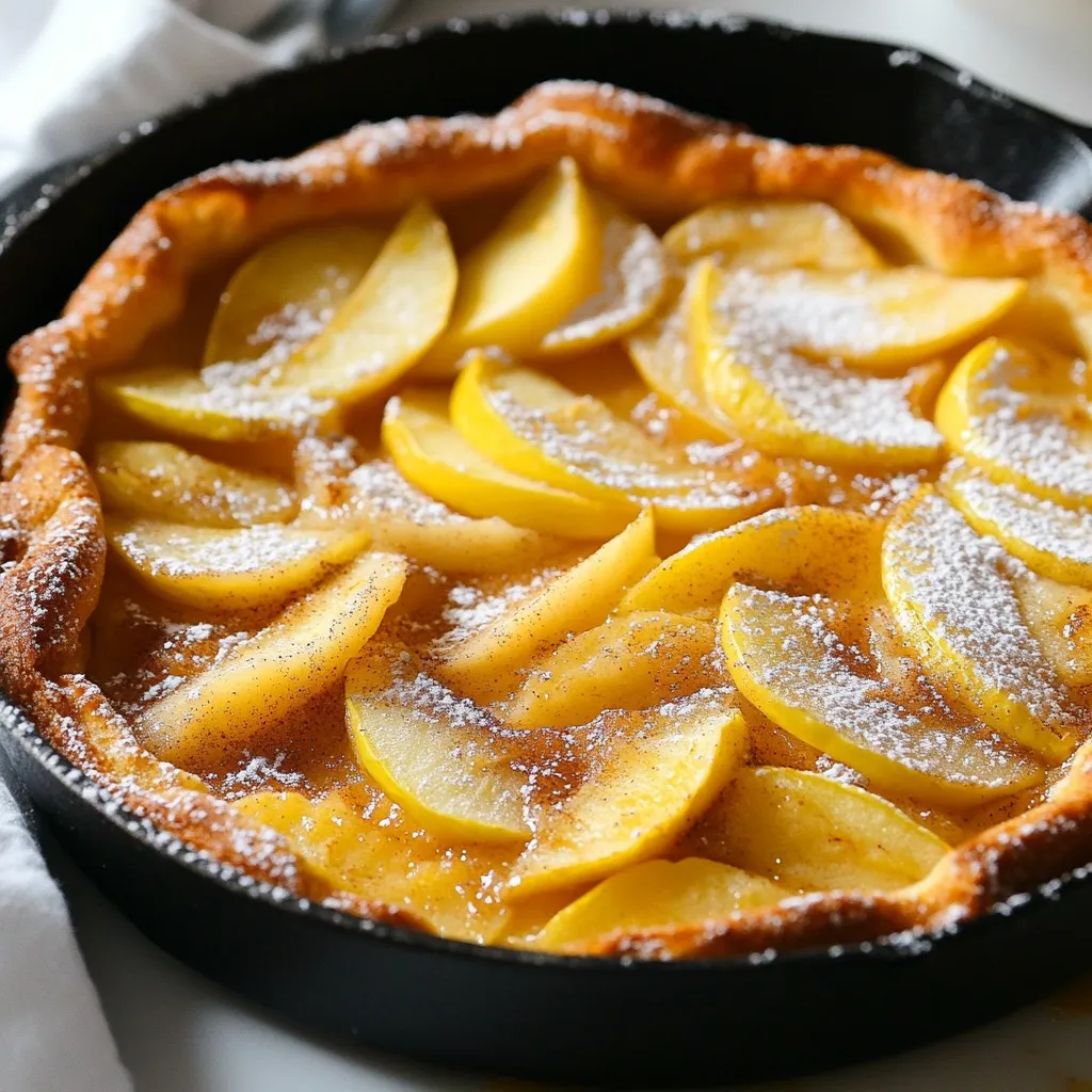 To make a delicious Apple Cinnamon Dutch Baby, you’ll need these key ingredients: - 3 large eggs - 1/2 cup all-purpose flour - 1/2 cup milk - 1/4 cup granulated sugar - 1 teaspoon vanilla extract - 1 teaspoon ground cinnamon - 1/4 teaspoon salt - 2 tablespoons unsalted butter - 2 medium apples, peeled, cored, and thinly sliced - 1 tablespoon brown sugar (for topping) - Powdered sugar (for dusting) These ingredients create a fluffy, flavorful dish that is perfect for breakfast or brunch. You can make your Dutch Baby even more special with these toppings: - Additional apple slices - Maple syrup drizzled on top - A dollop of whipped cream - Chopped nuts for crunch - A sprinkle of extra cinnamon These options add flavor and texture, making each bite a treat. If you are missing an ingredient or have dietary needs, here are some easy swaps: - Use almond milk instead of regular milk for a dairy-free option. - Substitute whole wheat flour for all-purpose flour for added fiber. - Replace granulated sugar with coconut sugar for a lower glycemic option. - Use any sweet apple variety, like Honeycrisp or Fuji, instead of the ones listed. These substitutions keep the recipe simple while allowing for customization. {{ingredient_image_2}} First, gather your ingredients. You will need eggs, flour, milk, sugar, vanilla, cinnamon, salt, butter, and apples. Preheat your oven to 425°F (220°C). Place a cast-iron skillet in the oven to heat. This step is key for a great rise. In a large bowl, whisk three eggs until they are foamy. Then, add 1/2 cup of all-purpose flour, 1/2 cup of milk, 1/4 cup of sugar, 1 teaspoon of vanilla, 1 teaspoon of cinnamon, and 1/4 teaspoon of salt. Mix until the batter is smooth. Next, slice the apples thinly. In a small bowl, combine the apples with 1 tablespoon of brown sugar and a pinch of cinnamon. Toss until the apples are coated. Now, take out the hot skillet. Add 2 tablespoons of unsalted butter, swirling until it melts and bubbles. Pour the batter into the center of the skillet. Then, spread the apple mixture evenly on top. Bake for 20-25 minutes. You will see the Dutch Baby puff up and turn golden brown. Once done, remove it from the oven. Let it cool for a minute, then dust it with powdered sugar. For the Dutch Baby to rise well, use a hot skillet. The butter must be bubbling. Don’t open the oven door while baking. This can let cold air in and cause it to fall. Serve it right away for the best look and taste. Enjoy your delicious creation! When making your Apple Cinnamon Dutch Baby, avoid these common mistakes: - Not preheating the pan. This step helps create a fluffy rise. - Overmixing the batter. Mix just until smooth to keep it light. - Skipping the butter. It helps the Dutch Baby brown and adds flavor. - Not cutting apples thinly. Thin slices cook evenly and blend well with the batter. To boost the flavor of your Dutch Baby, try these tips: - Add a pinch of nutmeg. This spice pairs well with cinnamon and apples. - Use different apple varieties. Mixing tart and sweet apples adds depth. - Drizzle with maple syrup. It adds a sweet finish that complements the dish. - Top with whipped cream. This adds richness and a special touch. You can serve Apple Cinnamon Dutch Baby in many ways: - For breakfast or brunch. Serve warm with dusted powdered sugar. - At a family gathering. Cut into wedges and share with fruit salad. - For dessert. Serve with vanilla ice cream for a sweet treat. - On a cozy evening. Pair with hot cider or tea for a comforting vibe. Pro Tips Use a Cast Iron Skillet: A cast iron skillet retains heat exceptionally well, ensuring your Dutch Baby puffs up beautifully and evenly. Experiment with Apples: Different apple varieties provide unique flavors; try a mix of sweet and tart apples for depth in taste. Don't Open the Oven Door: Opening the oven door while baking can cause the Dutch Baby to deflate, so resist the urge to peek! Serve Immediately: This dish is best enjoyed fresh out of the oven while it's still puffy and warm; it will deflate as it cools. {{image_4}} You can swap apples for other fruits. Try pears, peaches, or berries. Each fruit adds a new flavor. For spring, use fresh strawberries. In fall, pears pair well with cinnamon. Just slice the fruit thin for even cooking. This keeps it soft and sweet. To make your Dutch baby gluten-free, use a gluten-free flour blend. Look for blends with xanthan gum. This helps with texture. You can also try almond or coconut flour. Just remember, these flours may change the taste. Adjust liquid in the recipe as needed. Want to change the flavor? Add nutmeg or ginger for warmth. You can also use maple syrup instead of sugar. For a creamier taste, mix in cream cheese. A splash of orange juice can brighten the dish. Experiment to find your favorite blend. To keep your Apple Cinnamon Dutch Baby fresh, store leftovers in an airtight container. Let it cool first. Place it in the fridge for up to three days. This way, you can enjoy it later without losing flavor. When you're ready to eat, preheat your oven to 350°F (175°C). Place the Dutch Baby on a baking tray. Heat for about 10 to 15 minutes. This will help it regain its fluffy texture. You can also microwave individual slices for about 30 seconds, but the oven gives better results. If you want to save some for later, freezing is a good option. Wrap the cooled Dutch Baby tightly in plastic wrap. Then, place it in a freezer-safe bag. It can last for up to two months. When you're ready to eat it, thaw it overnight in the fridge and reheat as mentioned above. A Dutch Baby is a fluffy, oven-baked pancake. It puffs up like a cloud while baking. This dish is great for breakfast or brunch. It has a soft inside and a crisp edge. You can top it with fruits, syrup, or powdered sugar. The Apple Cinnamon Dutch Baby features sweet apples and warm cinnamon. This adds a cozy flavor that everyone loves. Yes, you can prepare some parts early. You can slice the apples a few hours ahead. Just keep them in a bowl with a bit of lemon juice. This will stop them from browning. You can also mix the batter and store it in the fridge. This makes it easy to bake in the morning. However, for the best results, bake it fresh. It tastes best when it comes straight out of the oven. The Dutch Baby is done when it is puffed and golden brown. It should look like a big, fluffy pancake. You can gently shake the pan. If it wiggles slightly and holds its shape, it’s ready. Another tip is to look for a light brown edge. This shows it has baked well. Be careful not to overbake it. You want to keep that soft texture inside. This blog covered how to make an Apple Cinnamon Dutch Baby. We explored key ingredients, optional toppings, and smart substitutions. You learned simple steps for baking and tips for a perfect rise. The section on mistakes to avoid helps you bake with confidence. I shared creative variations and storage tips for leftovers. With these insights, you can impress friends and family with a delicious Dutch Baby anytime! Happy baking!