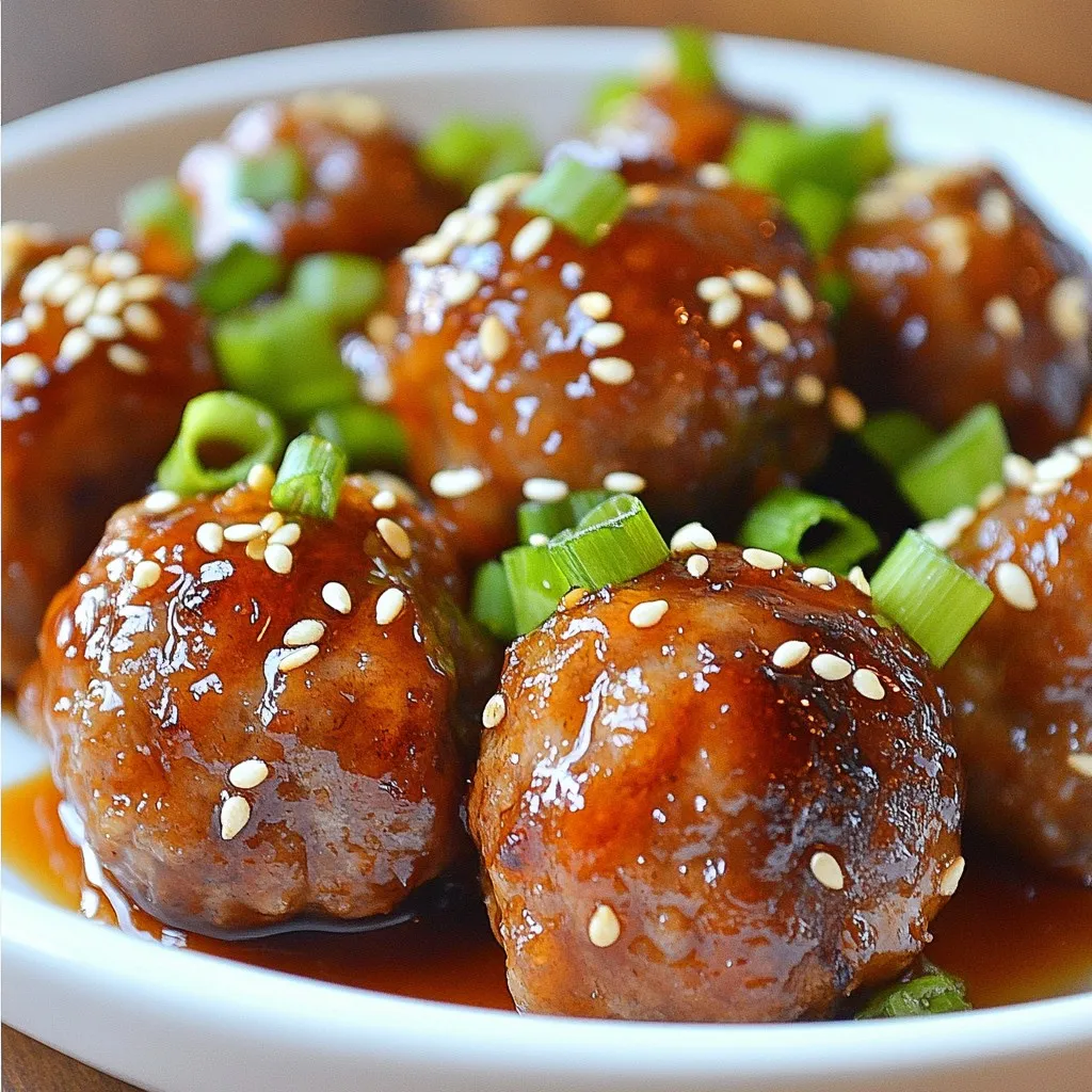 To make honey garlic meatballs, you need: - 1 pound ground beef (or ground turkey) - 1/4 cup breadcrumbs - 1 large egg, beaten - 2 cloves garlic, minced - 1 tablespoon fresh ginger, finely grated - 1/4 cup green onions, chopped (plus extra for garnish) - 1 teaspoon soy sauce - Salt and pepper to taste - 1/2 cup honey - 1/4 cup soy sauce - 1 tablespoon rice vinegar - 1/2 teaspoon crushed red pepper flakes - Sesame seeds for garnish You can add some fun flavors to your meatballs. Try: - Finely chopped bell peppers - Shredded carrots - Fresh herbs like cilantro or parsley These add-ins boost taste and nutrition. Experimenting can lead to great new flavors. If you have no ground beef, use ground turkey or chicken. They will still taste great. For a gluten-free option, try gluten-free breadcrumbs. You can swap soy sauce for tamari to make it gluten-free, too. If you're out of honey, maple syrup is a good alternative. Adjust the flavors to match your taste! {{ingredient_image_2}} Start by gathering your ingredients. You will need: - 1 pound ground beef (or ground turkey) - 1/4 cup breadcrumbs - 1 large egg, beaten - 2 cloves garlic, minced - 1 tablespoon fresh ginger, finely grated - 1/4 cup green onions, chopped - 1 teaspoon soy sauce - Salt and pepper to taste - 1/2 cup honey - 1/4 cup soy sauce - 1 tablespoon rice vinegar - 1/2 teaspoon crushed red pepper flakes - Sesame seeds for garnish Preheat your oven to 400°F (200°C). Line a baking sheet with parchment paper. This makes cleanup easier and helps prevent sticking. In a large bowl, mix the ground beef or turkey, breadcrumbs, beaten egg, garlic, ginger, green onions, soy sauce, salt, and pepper. Use your hands to mix well but do not overmix. Shape the mixture into meatballs, about 1 inch wide. Arrange them on the baking sheet with some space between each one. Bake for 18-20 minutes until they are golden brown and reach an internal temperature of 160°F (70°C). While the meatballs cook, prepare the sauce. In a small saucepan, whisk together honey, soy sauce, rice vinegar, and crushed red pepper flakes. Heat over medium until it simmers gently. Stir occasionally for about 5 minutes until it thickens and becomes syrupy. Once the meatballs are cooked, remove them from the oven. Carefully transfer them into the saucepan with the honey garlic sauce. Gently toss to coat each meatball evenly. Serve them on a platter, sprinkling sesame seeds and extra chopped green onions on top for color and flavor. Enjoy your tasty honey garlic meatballs! To get the best meatball texture, use your hands. Mix the meat with the breadcrumbs and egg gently. Overmixing makes them tough. The mixture should be just combined. If you want a lighter meatball, choose ground turkey. This keeps it moist while reducing fat. The sauce is key to the dish. Honey adds sweetness, while soy sauce gives depth. Rice vinegar adds a touch of tang. Adjust the red pepper flakes based on your spice level. Start with a small amount. You can always add more if needed. Taste as you go! Using the right tools makes cooking simpler. A mixing bowl helps combine ingredients. A baking sheet lined with parchment paper prevents sticking. A small saucepan is perfect for making the sauce. Don't forget a spatula to toss the meatballs in the sauce evenly! Pro Tips Use a Meat Thermometer: To ensure your meatballs are perfectly cooked, use a meat thermometer to check for an internal temperature of 160°F (70°C). Customize the Spice Level: Adjust the amount of crushed red pepper flakes in the sauce to suit your preference. Start with less if you're unsure, and add more for extra heat. Let Them Rest: After baking, let the meatballs rest for a few minutes before serving. This helps the juices redistribute, making them more tender and flavorful. Experiment with Proteins: Don't hesitate to try different ground meats like chicken or pork for variety, or even a combination for unique flavors. {{image_4}} You can use different proteins for these meatballs. Ground turkey is a great choice for a lighter meal. It keeps the same flavor but cuts down on fat. You can also try ground chicken or pork. Each option brings its own unique taste. Just remember that cooking times may vary slightly based on the protein you choose. Want to sneak in some veggies? Adding finely chopped vegetables can boost flavor and nutrition. Try mixing in grated carrots or zucchini. You can also add chopped bell peppers or spinach. These add color and health benefits to your dish. Just make sure to chop them small, so they blend well with the meat. If you like heat, you can adjust the spice level easily. The crushed red pepper flakes in the sauce can be increased for more heat. Start with a little and taste as you go. You can also add hot sauce to the meat mixture for an extra kick. For a milder dish, reduce the red pepper flakes or skip them entirely. Adjusting spice levels makes this recipe perfect for everyone. After enjoying these honey garlic meatballs, store leftovers in the fridge. Use an airtight container. They stay fresh for up to three days. Make sure they cool down first. This helps keep their texture. When ready to eat, just take them out and heat. You can freeze these meatballs for long-term storage. Place them in a freezer-safe bag. Remove as much air as possible. They last for about three months in the freezer. For best results, freeze them before adding the sauce. This keeps the meatballs firm and tasty. Reheat the meatballs using the oven or microwave. For the oven, preheat to 350°F (175°C). Place meatballs on a baking sheet and cover with foil. Heat for about 15 minutes. In the microwave, place them on a plate and cover. Heat in short bursts, about 30 seconds each, until warm. If using sauce, warm it separately and drizzle over the meatballs before serving. Yes, you can make honey garlic meatballs ahead of time. Prepare the meatballs and store them in the fridge. Keep them in an airtight container for up to 24 hours. This helps the flavors blend well. You can also freeze them. Just place them in a single layer on a baking sheet. Once frozen, transfer them to a freezer-safe bag. They last for about three months. When you’re ready to cook, bake them from frozen. To know if your meatballs are fully cooked, check the internal temperature. Use a meat thermometer for accuracy. The safe temperature for ground beef or turkey is 160°F (70°C). You can also cut one open. The inside should be no longer pink, and the juices should run clear. Cooking times can vary, so keep an eye on them as they bake. You can serve honey garlic meatballs with many sides. Here are a few tasty options: - Steamed rice or jasmine rice - Noodles, like soba or udon - Stir-fried vegetables for a fresh crunch - A simple green salad for balance - Lettuce wraps for a fun, low-carb option These pairings enhance the sweet and spicy flavors of the meatballs. Enjoy experimenting with different sides! You now have a clear view of making honey garlic meatballs. We covered the main ingredients, how to prepare them, and tasty variations. Remember to use the tips for perfect texture and flavor balance. Don’t forget about storing leftovers for later meals. By following these steps, you can enjoy delicious meatballs any time. Happy cooking and make these meatballs your own!