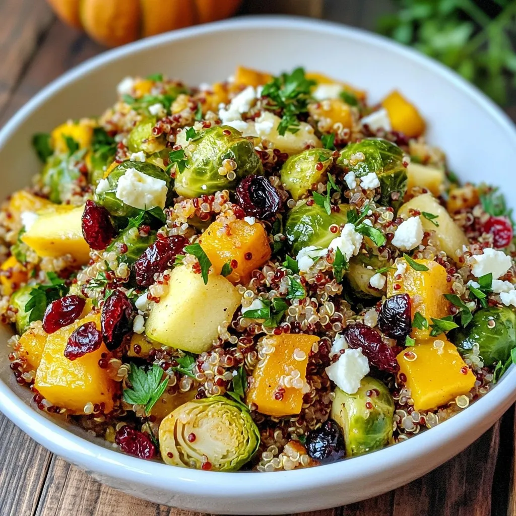 This salad is packed with fresh flavors and healthy grains. Here are the key ingredients you will need: - 1 cup quinoa, rinsed - 2 cups vegetable broth - 1 medium butternut squash, peeled and cut into cubes - 1 cup Brussels sprouts, halved - 1 crisp apple, diced (preferably tart, like Granny Smith) - 1/2 cup dried cranberries - 1/2 cup walnuts, toasted and roughly chopped - 1/4 cup feta cheese, crumbled (optional) - 2 tablespoons olive oil, divided - 1 tablespoon pure maple syrup - 1 tablespoon apple cider vinegar - Salt and freshly ground pepper to taste - Fresh parsley, chopped (for garnish) These ingredients create a colorful and nutritious mix that celebrates the flavors of autumn. You can easily boost the taste of your salad with a few extra ingredients. Consider adding: - A handful of spinach or kale for extra greens - Sliced red onions for a crisp bite - Pomegranate seeds for a juicy pop - Pumpkin seeds for added crunch These options can add different textures and flavors, making your salad even more exciting. Not all ingredients might be available, and that's okay! Here are some smart swaps you can try: - Substitute farro or barley for quinoa for a different grain. - Use sweet potatoes instead of butternut squash for a sweeter taste. - Almonds can replace walnuts for a nut-free option. - If you can't find feta cheese, try goat cheese or leave it out completely. These substitutions keep the spirit of the dish while allowing you to use what you have on hand. {{ingredient_image_2}} Start by preheating your oven to 400°F (200°C). This helps the veggies roast nicely. Next, peel and cut the butternut squash into small cubes. Halve the Brussels sprouts to ensure they cook evenly. On a baking sheet lined with parchment paper, mix the squash and Brussels sprouts. Drizzle with 1 tablespoon of olive oil and a pinch of salt. Toss until everything is well coated. Spread them out in a single layer. Roast these in the oven for 25-30 minutes. Turn them halfway to get that golden color. While the veggies roast, it’s time to cook the quinoa. In a medium saucepan, pour in 2 cups of vegetable broth. Bring it to a gentle boil. Once boiling, add in 1 cup of rinsed quinoa. Reduce the heat to low and cover it. Let it simmer for about 15 minutes. The quinoa will absorb all the broth and get fluffy. After 15 minutes, take it off the heat but keep it covered for another 5 minutes to steam. In a large mixing bowl, carefully mix the cooked quinoa with your roasted veggies. Add in the diced apple, dried cranberries, and toasted walnuts. This combo brings in great flavors and textures. For the dressing, take a small bowl and whisk together the remaining 1 tablespoon of olive oil, 1 tablespoon of pure maple syrup, and 1 tablespoon of apple cider vinegar. Don’t forget to add a pinch of salt and freshly ground pepper. Pour this dressing over the salad and toss gently to coat every bite. If you like feta, sprinkle it on top and give it one last gentle toss. Finally, garnish with fresh parsley for color and a touch of flavor. Roasting brings out the best in your veggies. Start by cutting your butternut squash and Brussels sprouts into even pieces. This helps them cook evenly. Toss them with olive oil and salt before roasting. Spread them out on the baking sheet. This way, they don't steam; they caramelize. Roast at 400°F (200°C) for 25 to 30 minutes. Turn them halfway for a golden finish. Keep an eye on them. They should be soft and brown when done. Cooking quinoa is simple. First, rinse it well under cold water. This removes the bitter coating. Then, bring vegetable broth to a boil in a saucepan. Add the rinsed quinoa and reduce the heat. Cover the pot and let it simmer for about 15 minutes. Once the water is gone, remove it from heat. Let it sit for 5 minutes to steam. Fluff it with a fork before mixing it into your salad. Presentation makes your dish shine. Serve the salad in a large, shallow bowl. Drizzle a little olive oil on top for a glossy finish. Garnish with whole walnuts and cranberries for extra color. Fresh parsley adds a nice touch too. This makes the dish look inviting and tasty. Your guests will love it! Pro Tips Choose the Right Apple: Opt for a tart apple like Granny Smith to balance the sweetness of the butternut squash and cranberries. Enhance Nutty Flavor: Toast the walnuts before adding them to the salad to intensify their flavor and add a delightful crunch. Perfectly Cooked Quinoa: Rinse the quinoa thoroughly before cooking to remove its natural bitterness and achieve fluffy grains. Make Ahead: Prepare the salad ingredients in advance and store them separately. Assemble just before serving for the freshest taste. {{image_4}} You can easily make this salad vegan. Just skip the feta cheese. It still tastes great. For a gluten-free option, quinoa is naturally gluten-free. Ensure your vegetable broth is gluten-free too. This way, everyone can enjoy the salad. You can add more flavors to your salad. Try adding sliced almonds or pecans for crunch. You can also use different fruits, like pears or pomegranate seeds, for sweetness. For a spicy kick, add some diced jalapeños or a pinch of cayenne pepper. These small changes make a big difference. This salad is perfect for seasonal changes. In winter, use roasted sweet potatoes or parsnips instead of butternut squash. In spring, toss in fresh asparagus or peas for a bright touch. In summer, consider adding grilled corn or cherry tomatoes. Each season offers unique flavors, so feel free to explore! To store leftover salad, first let it cool. Place it in an airtight container. This keeps it fresh for up to three days in the fridge. If you added feta cheese, it may not hold well in the salad after a day. You can store it separately and add it when you serve. For meal prep, you can cook your quinoa and roast the vegetables ahead of time. Keep the dressing in a separate jar. This way, the salad stays fresh and crunchy. Combine everything just before you eat. You can make a big batch and enjoy it throughout the week. If you want to reheat roasted vegetables, do it in the oven. Preheat it to 350°F (175°C). Place the veggies on a baking sheet and warm them for about 10 minutes. This helps them stay tasty and avoid being soggy. You can also use the microwave, but they may lose some crispness. Yes, you can make the salad ahead of time. Prepare the grains and roast the vegetables. Once cooled, store them in the fridge. Keep the dressing separate. This way, the salad stays fresh. Just mix everything before serving. It tastes great, even after a day. You can use many grains in this salad. Here are some good options: - Farro - Barley - Brown rice - Bulgur These grains add different textures and flavors. Each grain brings its unique taste and health benefits. Feel free to experiment. To boost the salad's heartiness, add protein. Here are some ideas: - Grilled chicken - Chickpeas - Black beans - Tofu These options make the salad a complete meal. Mix in any of these ingredients for added nutrition and flavor. Enjoy a dish that keeps you full and satisfied. This blog post covered how to make an Autumn Harvest Grain Salad. We explored key ingredients, cooking steps, and ways to enhance flavor. You learned tips for roasting, cooking quinoa, and serving your dish. We also discussed storage and meal prep options. In conclusion, you can personalize this salad for your taste and diet. Try new flavors and enjoy this healthy meal. Keep it fresh and look forward to your next harvest!