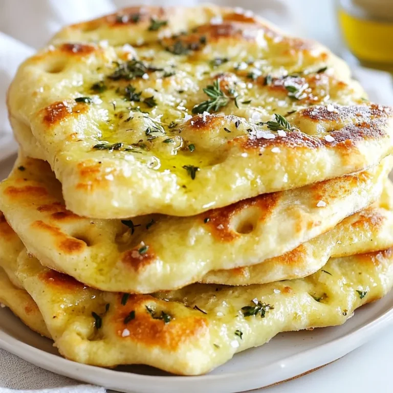 To make garlic herb flatbread, gather these key ingredients: - 2 cups all-purpose flour - 1 teaspoon salt - 1 teaspoon baking powder - 3/4 cup warm water - 2 tablespoons extra virgin olive oil, plus more for brushing - 3 cloves garlic, finely minced - 1 tablespoon fresh rosemary, finely chopped - 1 tablespoon fresh thyme, finely chopped - 1 tablespoon fresh parsley, finely chopped - Sea salt, for sprinkling These ingredients create a simple yet flavorful flatbread that is easy to make. Want to enhance your garlic herb flatbread? Consider these optional add-ins: - Crushed red pepper flakes for heat - Grated cheese like Parmesan or mozzarella for a cheesy touch - Sun-dried tomatoes for a sweet and tangy flavor - Olives for a briny bite These add-ins can elevate your flatbread, making it more exciting. Selecting the right herbs is key for great taste. Here are some tips: - Look for vibrant colors in the leaves. They should be bright and fresh. - Smell the herbs. Fresh herbs have a strong, pleasant aroma. - Avoid wilted or brown leaves. These are signs of old herbs. - Store herbs properly. Keep them in the fridge wrapped in a damp paper towel. Using fresh herbs makes your flatbread taste amazing and adds a lovely aroma. {{ingredient_image_2}} Start by gathering your ingredients. You need 2 cups of flour, 1 teaspoon of salt, and 1 teaspoon of baking powder. In a large mixing bowl, combine these dry ingredients. Whisk them well to mix everything evenly. Next, pour in 3/4 cup of warm water and 2 tablespoons of olive oil. Use a wooden spoon to stir until you see a dough forming. Once it starts to come together, move the dough to a floured surface. Knead it for about 5 minutes. You want the dough to feel smooth and elastic. After kneading, cover the dough with a clean kitchen towel. Let it rest for 30 minutes. This helps the dough become softer and easier to roll out later. After the dough has rested, divide it into four equal pieces. Roll each piece into a thin circle, about 1/4 inch thick. Heat a non-stick skillet over medium-high heat. Lightly brush the skillet with olive oil to avoid sticking. Place one flatbread in the skillet. Cook it for 2-3 minutes. Look for bubbles forming on the surface. Once you see bubbles, flip it over and cook the other side for 1-2 minutes. The flatbread should have a nice golden color when done. While the flatbread is hot, brush it with a bit more olive oil. Now, it’s time to add flavor! Take your garlic herb mixture, which includes minced garlic, chopped rosemary, thyme, and parsley. Sprinkle this mixture generously over the hot flatbread. For an extra touch, add a sprinkle of sea salt on top. This enhances the flavor and makes it even tastier. Repeat the cooking steps for the remaining dough portions, adding more oil to the pan as needed. Once all the flatbreads are ready, you can serve them warm. Enjoy them alone or with some delicious dips! To get the best dough, use the right flour. All-purpose flour works great for this recipe. Make sure to mix your dry ingredients well. This ensures even flavor. When adding water, do it slowly. This helps you control the dough's stickiness. Knead the dough for about five minutes. You want it smooth and elastic. Cover it while it rests. This lets the gluten relax, making it easier to roll. You can cook garlic herb flatbread in a skillet or an oven. A skillet gives you nice, charred spots. This adds flavor and a great look. Heat your skillet over medium-high heat and brush it with olive oil. Cook for 2-3 minutes on one side. Then flip and cook for 1-2 more minutes. If you prefer the oven, preheat it to 450°F (232°C). Place the flatbread on a baking sheet. Bake for about 8-10 minutes. Both methods create tasty flatbreads! Serve these flatbreads warm for the best taste. They pair well with dips like hummus or tzatziki. You can stack them on a wooden board for a nice look. Drizzle extra olive oil on top for added flavor. Add fresh herb sprigs for color. These flatbreads also make a great side for soups or salads. Enjoy them with your favorite main dishes too! Pro Tips Resting the Dough: Allowing the dough to rest for 30 minutes enhances its elasticity, making it easier to roll out and resulting in a softer flatbread. Olive Oil Brushing: Brushing the flatbreads with olive oil immediately after cooking not only adds flavor but also keeps them moist and prevents them from drying out. Flavor Variations: Experiment with different herbs and spices in the garlic herb mixture, such as oregano or basil, for unique flavor profiles that suit your taste. Cooking Temperature: Ensure your skillet is preheated properly before adding the flatbread; this helps achieve the perfect golden-brown color and texture. {{image_4}} If you need a gluten-free version, swap the all-purpose flour with a gluten-free blend. Look for a blend that contains xanthan gum. This helps bind the flatbread together. The rest of the recipe stays the same. You still mix in the salt and baking powder before adding warm water and olive oil. Knead the dough just like the regular version, and you will have a tasty gluten-free flatbread. You can change the herbs to fit your taste. For a more robust flavor, try using sage or dill. Mix in some oregano or basil for a Mediterranean twist. You can even add a bit of cilantro for a fresh kick. Just remember to use about one tablespoon of each herb. This keeps the flatbread flavorful and fragrant. Want to make your flatbread extra special? Add cheese! Sprinkle shredded mozzarella or feta on top before cooking. You can also try adding sun-dried tomatoes or olives for a savory touch. If you like heat, add some red pepper flakes. These toppings make the flatbread even more delicious and fun to eat. You can get creative and make it your own! To keep your leftover flatbread fresh, let it cool first. Once it's cool, stack the flatbreads. Place parchment paper between each one. This prevents sticking. Then, put them in an airtight container or a zip-top bag. Store in the fridge for up to 3 days. If you want to keep them longer, freezing works great too. When you’re ready to enjoy your flatbread again, you can reheat it easily. Use a skillet over low heat. Warm each flatbread for about 1-2 minutes on each side. This keeps the outside crisp. You can also reheat in the oven. Preheat to 350°F. Place flatbreads on a baking sheet and heat for about 5 minutes. Freezing is a smart way to save your garlic herb flatbreads. After they cool, wrap each flatbread in plastic wrap. Then, put them in a freezer-safe bag. Make sure to label the bag with the date. You can freeze them for up to 3 months. When you want to eat one, just thaw it in the fridge overnight before reheating. This keeps the flavors fresh and tasty! Making garlic herb flatbread takes about 45 minutes from start to finish. You spend about 15 minutes on prep. The dough rests for 30 minutes. This time allows the dough to relax and rise a little. Cooking each flatbread takes just a few minutes. In no time, you'll have warm, tasty flatbreads ready to enjoy! Yes, you can use dried herbs instead of fresh. Dried herbs have a stronger taste, so use less. For example, if a recipe calls for one tablespoon of fresh herbs, use one teaspoon of dried herbs instead. Just remember that fresh herbs bring a vibrant flavor. If you have them, I suggest using fresh when you can. Garlic herb flatbread pairs well with many dishes. Here are some great options: - Hummus: The creamy texture complements the flatbread. - Tzatziki: This yogurt dip adds a cool touch. - Soups: Serve flatbread with soups like tomato or lentil. - Salads: It’s great alongside a fresh green salad. - Grilled meats: Use it as a side for chicken or fish. These pairings enhance the flatbread experience. Enjoy mixing and matching with your favorite dishes! This blog post covered all you need to make garlic herb flatbread. We explored essential and optional ingredients. You learned how to prepare the dough and cook your flatbread. I shared tips to get the right texture and various cooking methods. We also discussed tasty variations and how to store leftovers. In the end, making this dish adds joy to your meals. Enjoy experimenting with flavors and pairings. Your kitchen adventures are just beginning!