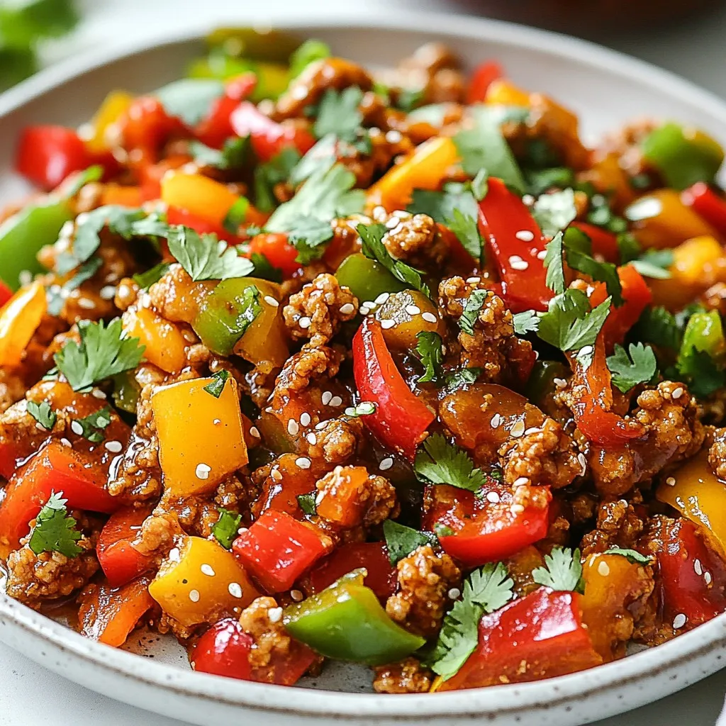 - 1 lb ground chicken - 2 tablespoons soy sauce - 1 tablespoon sesame oil - 1 tablespoon sriracha (adjust to taste) - 1 tablespoon honey - 1 tablespoon rice vinegar The heart of the dish is ground chicken. It cooks quickly and soaks up flavors well. I love using soy sauce for its salty depth. Sesame oil adds a nice nutty taste. Sriracha brings heat, which you can change based on your taste. Honey balances everything with its sweetness. Rice vinegar adds a nice tang. - 1 red bell pepper, diced - 1 green bell pepper, diced - 1 small onion, finely chopped - 2 cloves garlic, minced - 1 tablespoon ginger, minced The vegetables bring color and crunch. Red and green bell peppers add sweetness and vibrancy. Onion gives a great base flavor. Garlic and ginger add zest and aroma. These veggies make the dish not just tasty but also healthy. - 2 green onions, chopped - Fresh cilantro, for garnish - Sesame seeds, for garnish Garnishes elevate the meal. Green onions add freshness and a mild bite. Cilantro brings a bright, herbal note that brightens the dish. Sesame seeds add a nice crunch and visual appeal. Together, they make your Firecracker Ground Chicken look and taste amazing. {{ingredient_image_2}} Start by heating sesame oil in a large skillet over medium heat. Once hot, add the finely chopped onion. Sauté for about 2 minutes until it looks soft. Then, stir in the minced garlic and ginger. Cook for one more minute. The smell will be amazing! Next, add the ground chicken to the skillet. Break it apart with a spatula as it cooks. Stir it occasionally for about 5 to 7 minutes. You want the chicken to be brown and fully cooked. While the chicken cooks, grab a separate bowl. In this bowl, whisk together soy sauce, sriracha, honey, and rice vinegar. Mix until everything is well combined. This sauce will add a burst of flavor to the dish. Now, pour the sauce over the cooked chicken in the skillet. Stir to coat the chicken evenly. Next, fold in the diced red and green bell peppers. Cook for another 3 to 4 minutes. This will soften the peppers while keeping some crunch. Finally, season with salt and pepper to taste. Remove from heat and mix in chopped green onions. Transfer to a serving dish and garnish with fresh cilantro and sesame seeds. Enjoy your meal! To make Firecracker Ground Chicken fit your taste, you can change the sriracha. If you want it milder, use less sriracha. You can start with half a tablespoon. Taste the dish, then add more if you like it spicier. Remember, you can always add more, but you can't take it out! Sautéing is key for great flavor. Start by heating sesame oil in your skillet over medium heat. Add onions first. Cook them until they are soft and clear. This takes about two minutes. Then, add garlic and ginger. This will make your kitchen smell amazing! Cook them for one more minute. This helps to build a strong flavor base. When you add the ground chicken, break it apart well. Stir often to ensure even browning. Cook it until it turns golden brown. Presentation matters! Serve your Firecracker Ground Chicken over steamed rice or quinoa. This makes a nice, hearty meal. For a pop of color, add lime wedges on the side. They add freshness and make the dish look pretty. Don't forget to garnish with fresh cilantro and sesame seeds. This makes the dish feel special and adds extra flavor! Pro Tips Adjust Spice Level: If you prefer a milder dish, reduce the amount of sriracha or substitute it with a sweeter chili sauce. Fresh Ingredients: For the best flavor, use fresh garlic and ginger rather than pre-minced options, as they provide a more vibrant taste. Meal Prep Friendly: This dish can be made ahead of time and stored in the refrigerator for up to 3 days, making it perfect for meal prepping. Serving Suggestions: Serve with a side of steamed broccoli or a simple salad to add a refreshing crunch to the meal. {{image_4}} You can switch the ground chicken for other proteins. Ground turkey is a great choice. It has a similar taste and texture. Just follow the same cooking steps. If you prefer a plant-based option, try tofu. Use firm tofu for the best results. Crumble it like ground meat and cook it until golden. This way, you keep that tasty flavor while also being flexible. Want to change the taste? You can add extra spices or sauces. Try adding a pinch of cumin or paprika for warmth. You can also mix in hoisin sauce for a sweeter kick. If you love heat, consider chili flakes or a dash of cayenne. Each of these options gives a new twist to the dish. Feel free to get creative and find what you like best! How you serve this dish can make it special. Serve it over steamed rice or quinoa for a filling meal. You can also use lettuce wraps for a fun twist. Simply spoon the chicken mix into fresh lettuce leaves. For some crunch, add sliced cucumbers or carrots. Serve with lime wedges for a zesty finish. These options make your meal exciting and fresh! To store Firecracker Ground Chicken safely, let it cool first. Place it in an airtight container. This helps keep it fresh. You can store it in the fridge for up to four days. Make sure to label the container with the date. This way, you know when you made it. When reheating, I suggest using the stove or microwave. If using the stove, add a splash of water or broth. This keeps the chicken moist. Heat over low to medium heat, stirring often. If using a microwave, cover the dish with a lid or a damp paper towel. This traps steam and prevents drying out. Heat in short bursts, checking regularly until warmed through. For meal prep, I love to double the recipe. This gives you more meals for later. After cooking, divide it into portions. Store each portion in a freezer-safe container. You can freeze it for up to three months. When ready to eat, thaw it in the fridge overnight. Reheat and enjoy a quick, tasty meal! To make Firecracker Ground Chicken less spicy, reduce the sriracha. You can start with just half a tablespoon. You can also add more honey to balance the heat. Another option is to mix in some cooked rice or quinoa. This will help tone down the spice. Yes, you can use frozen ground chicken. First, thaw it in the fridge overnight or use the microwave. Once thawed, cook it as directed in the recipe. Make sure to break it apart as it cooks. This ensures even cooking and great flavor. You can serve Firecracker Ground Chicken with steamed rice or quinoa. Both pair well and soak up the sauce. Fresh veggies like a simple salad or steamed broccoli make great sides too. For a fun twist, try it in a lettuce wrap. You can also serve it with lime wedges for extra zing! This blog post covered how to make Firecracker Ground Chicken. We discussed the main ingredients, cooking steps, and quick tips for perfect results. You learned about adjusting spice levels and variations to suit your taste. Lastly, we explored storage and reheating methods to keep your meal fresh. With these pointers, you can enjoy a tasty dish anytime. Cooking can be simple and fun. Try this recipe, and you'll impress yourself and others with your skills!