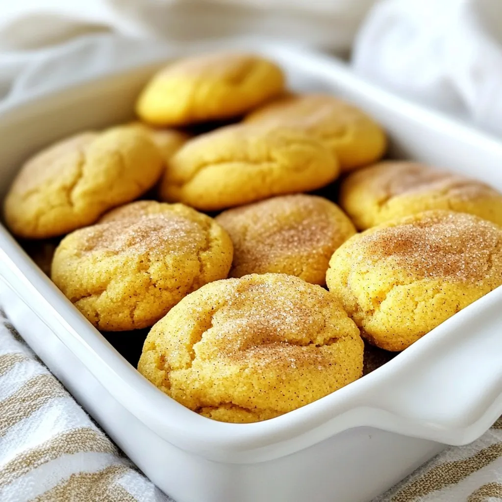 - 1 cup unsalted butter, softened to room temperature - 1 cup granulated sugar - 1/2 cup packed brown sugar - 1/2 cup pumpkin puree (canned or homemade) - 1 large egg - 1 teaspoon pure vanilla extract - 2 3/4 cups all-purpose flour - 2 teaspoons cream of tartar - 1 teaspoon baking soda - 1 teaspoon ground cinnamon - 1/2 teaspoon ground nutmeg - 1/4 teaspoon ground ginger - 1/2 teaspoon salt - 1/4 cup granulated sugar (for rolling) - 1 tablespoon ground cinnamon (for rolling) Using fresh pumpkin puree can add a unique flavor. If you can't find cream of tartar, you may use lemon juice instead. For a gluten-free option, substitute the all-purpose flour with a gluten-free blend. If you want a vegan version, try using a flax egg and vegan butter. Quality ingredients can enhance the taste of your cookies. Fresh, high-quality spices like cinnamon and nutmeg bring warmth and flavor. Using good butter makes the cookies rich and creamy. Always choose fresh pumpkin for a vibrant taste and color. Remember, great cookies start with great ingredients! {{ingredient_image_2}} First, gather all your ingredients. You will need butter, sugars, pumpkin puree, egg, vanilla, flour, cream of tartar, baking soda, and spices. Preheat your oven to 350°F (175°C). Line your baking sheet with parchment paper. This step helps keep cookies from sticking. 1. In a large bowl, cream the softened butter with both sugars. Use an electric mixer for about 3-4 minutes. You want it light and fluffy. 2. Add pumpkin puree, egg, and vanilla extract. Mix until smooth and combined. 3. In a separate bowl, whisk together flour, cream of tartar, baking soda, cinnamon, nutmeg, ginger, and salt. This mix adds flavor and lifts your cookies. 4. Gradually add the dry mix to the wet mix. Stir gently until just combined. The dough should feel slightly sticky but firm. 5. Make the cinnamon-sugar mix by combining 1/4 cup sugar and 1 tablespoon cinnamon in a small bowl. 6. Roll the dough into 1-inch balls. Coat each ball in the cinnamon-sugar mix. 7. Place the balls on the baking sheet, leaving 2 inches between each one. 8. Bake for 10-12 minutes. Look for set edges and slight cracks on top. They will firm up as they cool. 9. After baking, let the cookies cool for 5 minutes on the sheet. Then, transfer them to a wire rack to cool completely. - Do not overmix the dough. This can make your cookies tough. - Ensure your butter is at room temperature. Cold butter doesn't mix well. - Watch baking time closely. Every oven is different, so check a minute early. - Leave enough space between cookies on the sheet. They need room to spread. - If your cookies are too soft, bake them a bit longer. Just be careful not to burn them. To get soft, chewy cookies, watch your mixing. Cream the butter and sugars until fluffy, but don’t overmix the dough. This keeps your snickerdoodles light and tender. If the dough feels too sticky, chill it for 30 minutes. This helps the cookies hold their shape when baking. Store your snickerdoodles in an airtight container. They stay fresh for up to a week at room temperature. If you like warm cookies, pop them in the microwave for 5-10 seconds. This brings back that fresh-baked taste. You can also freeze them for up to three months. Just thaw them at room temperature before enjoying. Want to boost flavor? Try adding a pinch of allspice or cloves. These spices add warmth and depth. You can also mix in chopped nuts or chocolate chips for a fun twist. Get creative! Each spice makes your snickerdoodles unique and delicious. Pro Tips Chill the Dough: For thicker cookies, refrigerate the dough for at least 30 minutes before baking. This helps prevent spreading and results in a chewier texture. Use Fresh Spices: Ensure your spices are fresh for optimal flavor. Old spices can lead to bland cookies, so consider purchasing whole spices and grinding them yourself. Check for Doneness: Cookies will look slightly underbaked when you take them out of the oven. They continue to cook on the baking sheet, so don’t overbake them! Store Properly: Keep cookies in an airtight container at room temperature for up to a week. You can also freeze them for longer storage; just ensure they are well-wrapped. {{image_4}} To make gluten-free pumpkin spiced snickerdoodles, swap all-purpose flour for a gluten-free blend. Many brands work well, but look for one that includes xanthan gum. This helps keep the cookies chewy and soft. Mix the gluten-free flour with your spices and cream of tartar. Follow the same steps in the recipe, and enjoy your gluten-free treats! For a vegan version, replace the egg with a flax egg. To do this, mix one tablespoon of ground flaxseed with three tablespoons of water. Let it sit for about five minutes until it thickens. Use a plant-based butter instead of regular butter. This keeps the same creamy texture while being dairy-free. Your cookies will still taste fantastic! You can add fun twists to your pumpkin spiced snickerdoodles. Try adding chocolate chips for a sweet surprise. Just fold in a cup of semi-sweet or dark chocolate chips after mixing the dough. For a nutty flavor, mix in some chopped pecans or walnuts. Both add a lovely crunch. You can also experiment with different spices like cardamom or allspice for a unique flavor. To keep your pumpkin spiced snickerdoodles fresh, use an airtight container. Store cookies at room temperature. Place parchment paper between layers to avoid sticking. This way, you can enjoy them for days. Freezing snickerdoodles is easy and fun. First, let the cookies cool completely. Then, place them in a single layer on a baking sheet. Freeze for about an hour. After that, transfer them to a freezer bag. Remove excess air and seal tightly. They’ll stay fresh for up to three months. Pumpkin spiced snickerdoodles last about a week at room temperature. For longer freshness, store them in the fridge. You can also check for softness. If they feel hard, they may not taste as good. Enjoy your cookies fresh for the best flavor. Snickerdoodles have a unique taste and texture. They are soft and chewy. Their signature flavor comes from the cream of tartar and the cinnamon-sugar topping. Other cookies, like chocolate chip, focus on chocolate flavor. Snickerdoodles shine with their warm spices. The slight tang from cream of tartar gives them a special twist. This makes snickerdoodles stand out among cookie options. Yes, you can use fresh pumpkin! Just make sure to cook it first. Roast or steam fresh pumpkin until soft, then puree it. This gives your cookies a fresh taste. However, canned pumpkin is easier to use and saves time. Both options work well, so choose what you prefer. Just measure the same amount, 1/2 cup, for your recipe. Watch the edges of the cookies closely. They should look set and firm. The tops will show slight cracks, which is a good sign. Bake for 10-12 minutes, but check early. If they look too soft, give them a minute or two more. Remember, they will firm up as they cool. Let them rest on the baking sheet for 5 minutes before moving them. In this guide, I shared how to create perfect snickerdoodles. We covered key ingredients and their importance. I shared step-by-step baking instructions and tips to avoid mistakes. You can also try different variations for special diets or flavors. Storing and reheating tips keep your cookies fresh and tasty. Feel free to experiment and make these recipes your own. Enjoy baking and sharing your delicious treats!