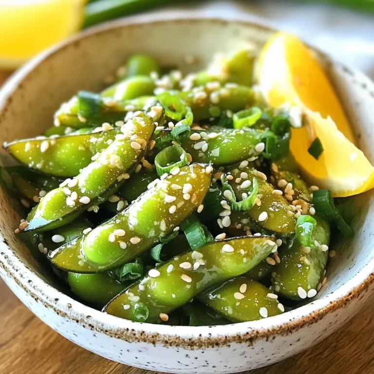 To make spicy garlic edamame, gather these simple items: - 2 cups fresh edamame (in pods) - 4 garlic cloves, finely minced - 1 tablespoon sesame oil - 1 tablespoon soy sauce - 1 tablespoon sriracha (adjust according to your spice preference) - 1 teaspoon red pepper flakes - 1 tablespoon freshly squeezed lemon juice - 1 tablespoon sesame seeds (for garnish) - Chopped green onions (for garnish) You can swap some ingredients if you need to. Here are a few ideas: - Use olive oil instead of sesame oil for a different flavor. - Tamari can replace soy sauce for a gluten-free option. - If you don't have sriracha, chili paste will work too. - Instead of lemon juice, lime juice adds a nice zing. Edamame is not just tasty; it brings health benefits too. Here are some key points: - High in protein: Edamame gives you about 17 grams of protein per cup. - Packed with fiber: This helps with digestion and keeps you full. - Rich in vitamins: It has vitamins like K, C, and folate. - Good fats: Edamame contains healthy fats that support heart health. - Antioxidants: These help fight damage from free radicals in your body. Edamame is a great snack that is both fun and healthy. Enjoy! {{ingredient_image_2}} To start, you need to boil the edamame. Fill a large pot with water and add a good amount of salt. Bring the water to a rolling boil. Carefully add 2 cups of fresh edamame pods to the pot. Cook them for 4 to 5 minutes. You want them tender but still a bit firm. Once done, drain the edamame well and set them aside. Next, prepare the flavorful garlic sauce. In a small bowl, combine four finely minced garlic cloves, 1 tablespoon of sesame oil, 1 tablespoon of soy sauce, 1 tablespoon of sriracha, 1 teaspoon of red pepper flakes, and 1 tablespoon of freshly squeezed lemon juice. Mix everything together until well combined. This sauce packs a delicious punch! Now it’s time to sauté and combine all the ingredients. Heat a large skillet over medium heat. Pour in the garlic sauce you just made. Sauté it for about 1 to 2 minutes. Keep an eye on it to avoid burning the garlic. You want to bring out the great smell without browning it. After that, add the drained edamame pods into the skillet. Using a spatula, gently toss the edamame in the sauce. Cook for an additional 2 to 3 minutes to heat everything through. Finally, remove the skillet from heat and get ready to serve! To sauté well, heat your skillet first. Use medium heat to avoid burning the garlic. When you add the sauce, watch it closely. Stir often to keep the garlic fragrant and not brown. This step is key for great flavor. Want it spicier? Add more sriracha or red pepper flakes. Start small and taste as you go. If it’s too spicy, add a bit more lemon juice. This balances the heat and adds a nice zing. You can make it just right for your taste. Serve your spicy garlic edamame in a rustic bowl. This adds charm to your dish. For a fun touch, add lemon wedges on the side. This gives your guests a chance to add more zest. A sprinkle of sesame seeds on top looks great too. Green onions add color and crunch. Try arranging the edamame on a platter for sharing. This makes it a lovely centerpiece for any gathering. Pro Tips Fresh Edamame: Always choose fresh edamame pods for the best flavor and texture. Look for bright green pods that are firm to the touch. Spice Control: Adjust the amount of sriracha and red pepper flakes according to your spice tolerance. Start with less and add more if desired. Garlic Timing: Be careful not to overcook the garlic. Sauté it just long enough to release its aroma without allowing it to brown. Serving Suggestions: For a delightful twist, pair the edamame with a side of soy sauce or a citrusy dipping sauce for extra flavor. {{image_4}} You can add shrimp to your spicy garlic edamame for extra protein. Start by cooking the shrimp in the same skillet. Use about one pound of peeled shrimp. Cook them until they turn pink, which takes around three minutes. Remove the shrimp and set them aside. Then, follow the sauce steps. After tossing in the edamame, add the shrimp back in. This mix gives you a hearty snack that fills you up. If you want a vegetarian option, use tofu instead of shrimp. Firm tofu works best. Cut the tofu into small cubes and sauté it until golden brown. This will take about seven to ten minutes. Once browned, remove the tofu and prepare the garlic sauce. After tossing in the edamame, add the tofu back in. This version remains high in protein and keeps the dish plant-based. You can enhance your spicy garlic edamame with extra spices and sauces. Consider adding a dash of chili oil for more heat. Or, try a splash of rice vinegar for a tangy kick. You can also mix in some hoisin sauce for sweetness. Feel free to experiment with spices like cumin or coriander to create a unique flavor. Each tweak can turn this simple snack into something special. To store your spicy garlic edamame, let it cool first. Place the leftovers in an airtight container. Keep it in the fridge for up to three days. This way, the flavors stay fresh and tasty. If you want to enjoy them later, follow the next steps. When you're ready to eat the leftover edamame, you can reheat it easily. Use a skillet over medium heat. Add a splash of water to keep them moist. Cook for about 3-5 minutes, stirring often. This will bring back the delicious flavors and heat them evenly. You can also microwave them in a bowl. Cover with a damp paper towel and heat for about 1-2 minutes. To freeze your spicy garlic edamame, start with the cooled leftovers. Place them in a freezer-safe bag, removing as much air as possible. Seal it tight and label the bag with the date. You can freeze them for up to three months. When you're ready to enjoy them again, thaw in the fridge overnight. Then, reheat as described above for a quick, tasty snack. Edamame is young soybeans. They grow in pods and are green. People eat them as a snack or side. You can find them in many Asian dishes. They are often lightly salted and served warm. Edamame is fun to eat; just pop them out of their pods! Yes, you can! Make the edamame and sauce ahead. Store them in the fridge for up to two days. When ready to serve, warm them in a pan. This keeps the flavors fresh. Just be sure not to overcook them again. Absolutely! Edamame is a great source of protein and fiber. It is low in calories and full of nutrients. Edamame also contains vitamins like K and C. Eating edamame can help with heart health and weight management. It’s a smart choice for snacks or meals. We explored the steps to make spicy garlic edamame, from gathering ingredients to cooking. I shared tips for sautéing, adjusting spice levels, and serving nicely. You can add shrimp or tofu for protein variations and learn how to store leftovers. In summary, edamame is nutritious, tasty, and easy to prepare. With these insights, you can create a delicious dish everyone will enjoy. Dive in and make this today!