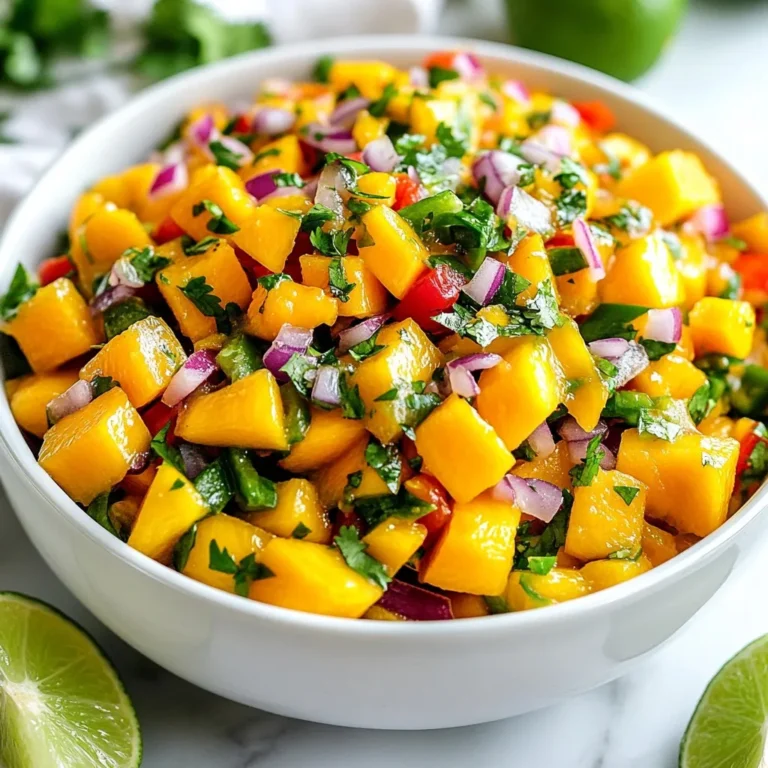- 2 perfectly ripe mangoes, peeled and diced into small cubes - 1 small red onion, finely minced for a mild bite - 1 red bell pepper, diced for a sweet crunch - 1 jalapeño, deseeded and finely chopped to control the heat - 1/4 cup fresh cilantro leaves, roughly chopped for freshness - Juice of 1 juicy lime - 1 tablespoon extra virgin olive oil for richness - Salt, to enhance flavors - A pinch of freshly ground black pepper for a mild kick To make a great Tropical Mango Salsa, you need these simple ingredients. Ripe mangoes are key. They should be juicy and sweet. The red onion adds a mild bite that balances the salsa. I love the sweet crunch of the red bell pepper. It gives a nice color too. The jalapeño adds a little heat. Make sure to deseed it to keep it mild. Fresh cilantro brings a pop of flavor that brightens everything up. The lime juice adds a zesty kick. A drizzle of extra virgin olive oil makes it rich and smooth. Finally, don’t forget the salt and pepper. They help to bring out all the flavors. With these ingredients, you’ll create a salsa that is fresh and full of flavor. It’s perfect for chips or as a topping on grilled fish. {{ingredient_image_2}} - Start with 2 perfectly ripe mangoes. Peel them and dice them into small cubes. This gives the salsa its sweet base. - Take 1 small red onion and finely mince it. This adds a mild bite to the mix. - Next, chop 1 red bell pepper into small pieces. This will add a nice sweet crunch. - For some heat, chop 1 jalapeño. Be sure to remove the seeds to control the spice level. - In a large mixing bowl, combine the diced mangoes, minced red onion, chopped red bell pepper, and jalapeño. Mix well so that every piece is coated with flavor. - Now, gently fold in 1/4 cup of fresh cilantro leaves. This herb adds a pop of freshness to the salsa. - Squeeze the juice of 1 juicy lime over the mixture. The lime's acidity brightens all the flavors. Drizzle in 1 tablespoon of extra virgin olive oil for richness. - Carefully toss all the ingredients together. Use a gentle folding motion to keep the mango cubes intact. - Season the salsa with a pinch of salt and a light sprinkle of freshly ground black pepper. Taste and adjust the seasoning to your liking. - Let the salsa rest at room temperature for at least 15 minutes. This resting time allows the flavors to meld beautifully, making each bite burst with taste. To make great salsa, you need ripe mangoes. Look for mangoes that feel slightly soft when you squeeze them. Their skin should have a mix of green and yellow or red tones. Common mango varieties for salsa include Haden, Tommy Atkins, and Kent. Each type gives a unique taste and texture, so try them all! You can control the spiciness of your salsa by adjusting the jalapeño. For less heat, remove all the seeds and membranes. If you love spice, keep some seeds in. You can also use other peppers like serrano or poblano for different heat levels. Each pepper brings its flavor, so feel free to experiment. Adding more herbs or spices can elevate your salsa. Try fresh mint or basil for a new twist. Also, consider a pinch of cumin or chili powder for warmth. When serving, pair the salsa with crispy tortilla chips or grilled fish. This brings out the freshness of the mango and adds a delightful crunch. Pro Tips Choose Ripe Mangoes: Opt for mangoes that yield slightly to pressure and have a sweet aroma at the stem end for the best flavor. Balance the Heat: Adjust the amount of jalapeño according to your spice preference. For a milder salsa, use less or remove the seeds and membranes. Fresh Ingredients Matter: Use fresh cilantro and lime juice to enhance the salsa's vibrancy and overall taste. Avoid bottled lime juice for the freshest flavor. Resting Time: Allowing the salsa to sit for 15 minutes before serving helps the flavors meld, making each bite more delicious. {{image_4}} You can make your mango salsa even more exciting by adding other fruits. Pineapple adds a sweet, tangy twist. Kiwi brings a vibrant color and a unique flavor. Both fruits mix well with mango. They boost the freshness of your salsa. You can also change up the herbs. Mint gives a refreshing taste, while basil adds a warm, sweet note. Mixing these herbs with cilantro creates a fun flavor explosion. Don't hesitate to experiment with your favorites! This salsa is naturally vegan and gluten-free, which makes it a great choice for everyone. You can enjoy it without worrying about dietary restrictions. If you're watching your sugar intake, try using less mango and adding more peppers. This keeps the salsa tasty but lowers the sugar. You can also replace some mango with diced cucumber. This keeps the salsa fresh and crunchy. Let’s take your salsa to new heights with some fusion ideas! For a Mexican twist, add diced avocado. The creamy texture pairs well with the salsa's sweetness. If you're craving Caribbean vibes, sprinkle in some coconut flakes. This will bring a tropical flair to your dish. These small changes can turn a simple salsa into a unique culinary delight. To store leftover salsa, place it in an airtight container. This keeps the salsa fresh and prevents it from absorbing other odors in the fridge. Use a glass container or a plastic one with a tight seal. These types help maintain the salsa's flavor and texture. Refrigerated salsa lasts about 3 to 5 days. Always check for freshness before using. If you want to keep it longer, you can freeze the salsa. For freezing, use freezer-safe containers and leave some space for expansion. It can last up to 3 months in the freezer. When you want to use it, thaw it in the fridge overnight for the best taste. You can serve tropical mango salsa in many fun ways. It goes great with: - Grilled chicken or fish for a fresh topping. - Tacos for a zesty crunch. - Crispy tortilla chips for a tasty snack. - On top of a vibrant salad for added flavor. These pairings make your meals bright and exciting. The sweet and spicy flavors really shine. Yes, you can use frozen mango. However, there are some differences. Frozen mango tends to be softer. This can change the texture of your salsa. Fresh mango is firmer and has a better crunch. If you use frozen mango, thaw it completely and drain excess liquid. This helps keep your salsa fresh. Let your mango salsa rest for at least 15 minutes. This resting time helps the flavors blend well. When you let it sit, the spices and herbs mix better. You will taste the difference in every bite. Tropical mango salsa pairs well with many dishes. Here are some tasty ideas: - Grilled shrimp or fish for a tropical twist. - Tacos filled with chicken, beef, or veggies. - Rice or quinoa bowls for a colorful meal. - A fresh salad to brighten up your plate. These pairings make each meal more delightful and fun. Enjoy exploring these options! Making tropical mango salsa can be fun and easy. We covered the best ingredients, like ripe mangoes and fresh cilantro. I shared simple steps for chopping and mixing your salsa. I also gave tips on choosing mangoes and adjusting spice levels. Remember, you can add your twist with fruits or herbs. Store it right for the best taste. Enjoy your salsa with various dishes or snacks. Now, you can create a dish that impresses everyone!